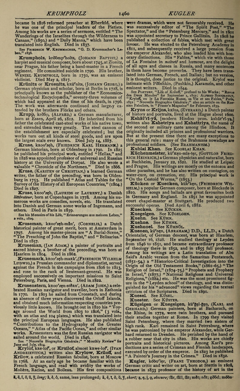 became in 1816 reformed preacher at Elberfeld, where he was one of the principal leaders of the Pietists. Among his works are a series of sermons, entitled “ The Wanderings of the Israelites through the Wilderness to Canaan,” (1850,) and “Daily Manna,” which have been translated into English. Died in 1837. See Friedrich W. Krummachbr, “G. D. Krummacher’s Le- ben,” 1838. Krumpholz, kroomp'holts, (Johann Baptist,) a harpist and musical composer, born about 1745, at Zlonitz, near Prague, his father being a band-master in a French regiment. He committed suicide in 1790. His brother, Wenzel Krumpholz, born in 1750, was an eminent violinist. Died May 2, 1817. Kriinitz or Kruenitz, kRti'nits, (Johann Georg,) a German physician and scholar, born at Berlin in 1728, is principally known as the publisher of the “ Economico- technological Encyclopaedia,” seventy-three volumes of which had appeared at the time of his death, in 1796. The work was afterwards continued and largely ex¬ tended by the brothers Florke and others. Krupp, kroop, (Alfred,) a German manufacturer, born at Essen, April 26, 1812. He inherited from his father the celebrated cast-steel works of his native town, and extended them very greatly. The steel cannon of the establishment are especially celebrated; but the works turn out all kinds of steel goods, and are upon the largest scale ever known. Died July 14, 1887. Kruse, kRoo'zeh, (Friedrich Karl Hermann,) a German historian, born at Oldenburg in 1790. In 1825 he published his principal work, entitled “ Hellas,” and in 1828 was appointed professor of universal and Russian history at the University of Dorpat. He also wrote a valuable “ Chronicle of the Northmen.” Died in 1866. Kruse, (Karsten or Christian,) a learned German writer, the father of the preceding, was bom in Olden¬ burg in 1753. He published “Atlas and Tables for the Survey of the History of all European Countries,” (1804.) Died m 1827. Kruse, kRoo'z$h, (Laurids or Laurent,) a Danish litterateur, born at Copenhagen in 1778. Among his nu¬ merous works are comedies, novels, etc. He translated into Danish and German some works of Ingemann, and others. Died in Paris in 1839. See his Memoirs of his Life, “Erinnerungen aus meinem Leben,” a vols., 1829. Kruseman, kRoo'z$h-mln', (Cornelis,) a Dutch historical painter of great merit, born at Amsterdam in 1797. Among his master-pieces are “A Burial-Scene,” “The Preaching of John the Baptist,” and “ Belisarius.” Died in 1857. Kruseman, (Jan Adam,) a painter of portraits and sacred history, a brother of the preceding, was born at Haarlem in 1804. Died in 1862. Krusemark, kRoo'z^h-maRk, (Friedrich Wilhelm Ludwig,) a Prussian commander and diplomatist, served against the French in the campaigns from 1806 to 1813, and rose to the rank of lieutenant-general. He was employed successively on important missions to Saint Petersburg, Paris, and Vienna. Died in 1822. Krusenstem, kRoo'zen-st$Rn', (Adam John,) a cele¬ brated Russian navigator and traveller, born in Esthonia in 1770. In 1803 he sailed from Cronstadt, and during an absence of three years discovered the Orloff Islands, and obtained much information respecting countries pre¬ viously little known. He brought out in 1810 his “ Voy¬ age around the World from 1803 to 1806,” (3 vols., with an atlas and 104 plates,) which was translated into the principal European languages. He also published “Contributions to the Hydrography of the Greater Oceans,” “Atlas of the Pacific Ocean,” and other similar works. Krusenstern was the first Russian navigator who sailed around the world. Died in 1846. See “Nouvelle Biographic G^n^rale“Monthly Review” for June and July, 1814. Krylof, kRe-lof, or Kruilof, almost kRwe-loP, (Ivan Andreievitch,) written also Krylow, Krilofi^ and Krilov, a celebrated Russian fabulist, born at Moscow in 1768. At an early age he became familiar with the French language, and read with avidity the works of Moli&re, Racine, and Boileau. His first compositions were dramas, which were not favourably received. He was successively editor of “The Spirit Post,” “The Spectator,” and the “ Petersburg Mercury,” and in 1801 was appointed secretary to Prince Gallitsin. In 1808 he published a collection of fables, which met with great favour. He was elected to the Petersburg Academy in 1811, and subsequently received a large pension from the emperor Alexander, who also loaded him with hon¬ orary distinctions. His “ Fables,” which vie with those of La Fontaine in naiveti and humour, are the delight of all ages and classes in Russia, and many sentences in them have become proverbs. They have been trans¬ lated into German, French, and Italian; but no version, it is thought, does justice to the original. Krylof was intimate with Pooshkin, (Pushkin,) Karamzin, and other eminent writers. Died in 1844. See Pletnef, “Life of Kriloff,” prefixed to his Works; “Revue des Deux Mondes” for September x, 1852; Alfred Boughault, “ Krylof ou le La Fontaine Russe, sa Vie et ses Fables,” Paris, 1852 ; “ Nouvelle Biographie G4n£ralealso an article on the Rus¬ sian Fabulists, in “ Fraser’s Magazine” for February, 1839. Kryns or Krijns,kRlns, (Everard,) a Dutch painter of history and portraits, lived at the Hague about 1600. Kshat'ri-ya, [modern Hindoo pron. kshut'rf-ya,j written also Kshetriya and Kshattriya, the name of the second or military caste among the Hindoos. It originally included all princes and professional warriors. But at the present time there are many exceptions to this general rule: many of the Brahmans nowadays are professional soldiers. (See Brahmanism.) Kublai Khan. See Kooblai Khan. Kiichenmeister, kii'Ken-mls-ter, (Gottlob Fried¬ rich Heinrich,) a German physician and naturalist, born at Buchheim, January 22, 1821. He studied at Leipsic and Prague. His writings are mostly on the entozoa and other parasites, and he has also written on contagion, on water-cure, on cremation, etc. His principal work is “On the Cestoid Worms,” (1853.) Kiicken or Kuecken, kiik'k?n, (Friedrich Wil¬ helm,) a popular German composer, born at Bleckede in 1810. His songs and ballads are great favourites both in Germany and England. In 1851 he was appointed court chapel-master at Stuttgart. He produced two successful operas. Died April 6, 1882. Kuecken. See KBcken. Kuegelgen. See KBgelgen. Kuehn. See Kuhn. Kuehne. See Kuhne. KuehnoeL See KUhnSl. Kuenen, kii'nen, (Abraham,) D.D., LL.D., a Dutch Orientalist, of German descent, was born at Haarlem, September 16, 1828. He studied theology at Leyden from 1846 to 1851, and became extraordinary professor of theology there in 1852, and in 1855 full professor. Among his writings are a Latin translation of Abu Said’s Arabic version from the Samaritan Pentateuch, (1851-54,) a “ Historico-Critical Investigation into the Origin of the Old Testament Books,” (1861-65,) “The Religion of Israel,” (1874-75,) “Prophets and Prophecy in Israel,” (1877,) “National Religions and Universal Religions,” (1882,) etc. He was the most prominent fig¬ ure in the “ Leyden school” of theology, and was distin¬ guished for his “ advanced” views regarding the textual criticism of the Scriptures. Died in 1891. Kuesel. See Kusel. Kuester. See Kuster. Kiigelgen or Kuegelgen, kii'gel-gen, (Karl and Gerhard,) German painters, bom at Bacharach, on the Rhine, in 1772, were twin brothers, and pursued their studies together at Rome. In 1799 they visited Saint Petersburg, where they married two sisters of high rank. Karl remained in Saint Petersburg, where he was patronized by the emperor Alexander, while Ger¬ hard returned to Dresden. He perished by the hand of a robber near that city in 1820. His works are chiefly portraits and historical pictures. Among Karl’s pro¬ ductions are a series of Crimean and Finnish landscapes, executed by order of the emperor. In 1823 he published “A Painter’s Journey in the Crimea.” Died in 1832. Kugler, kooG'ler, (Franz Theodor,) an eminent German critic and writer on art, born at Stettin in 1808, became in 1833 professor of the history of art in the