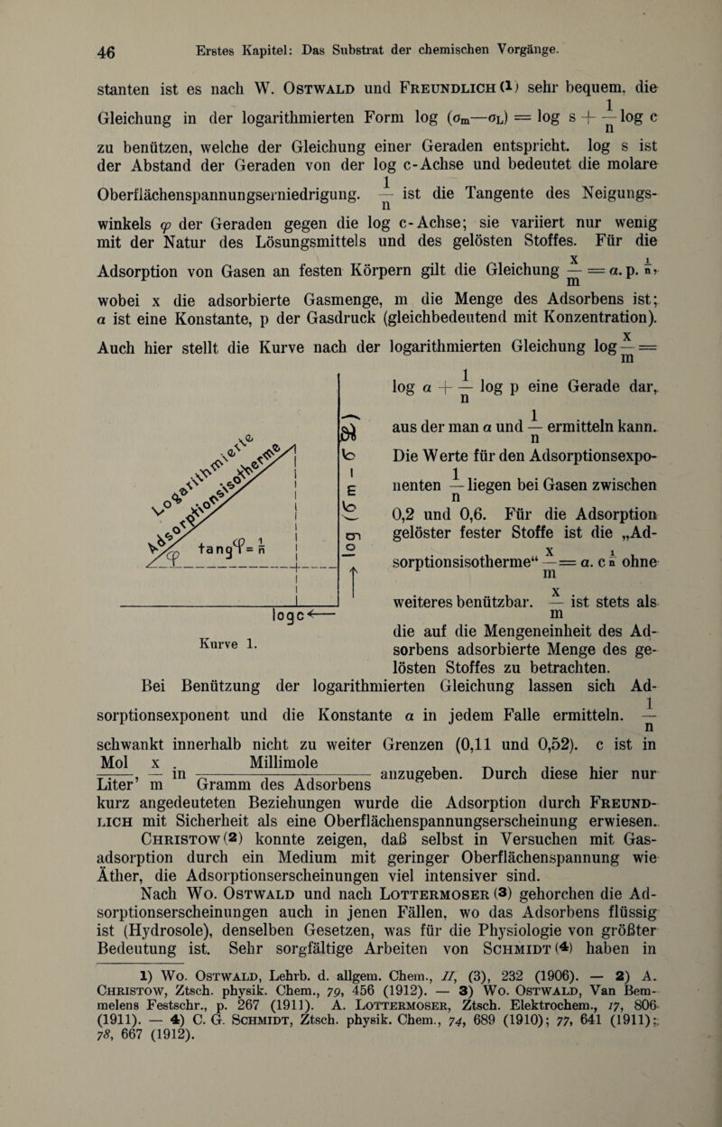 stanten ist es nach W. Ostwald und Freundlich (1) sehr bequem, die Gleichung in der logarithmierten Form log (om—aL) = log s + — log c zu benützen, welche der Gleichung einer Geraden entspricht, log s ist der Abstand der Geraden von der log c-Achse und bedeutet die molare Oberflächenspannungserniedrigung. ist die Tangente des Neigungs¬ winkels <p der Geraden gegen die log c-Achse; sie variiert nur wenig mit der Natur des Lösungsmittels und des gelösten Stoffes. Für die x i Adsorption von Gasen an festen Körpern gilt die Gleichung — — a. p. nV wobei x die adsorbierte Gasmenge, m die Menge des Adsorbens ist; a ist eine Konstante, p der Gasdruck (gleichbedeutend mit Konzentration). x Auch hier stellt die Kurve nach der logarithmierten Gleichung log — = log a + — log p eine Gerade dar,. aus der man a und — ermitteln kann. n Die Werte für den Adsorptionsexpo¬ nenten — liegen bei Gasen zwischen 0,2 und 0,6. Für die Adsorption gelöster fester Stoffe ist die „Ad¬ sorptionsisotherme“ —= a. c n ohne m x weiteres benützbar. — ist stets als m die auf die Mengeneinheit des Ad¬ sorbens adsorbierte Menge des ge¬ lösten Stoffes zu betrachten. Bei Benützung der logarithmierten Gleichung lassen sich Ad¬ sorptionsexponent und die Konstante a in jedem Falle ermitteln. — schwankt innerhalb nicht zu weiter Grenzen (0,11 und 0,52). c ist in Mol x . Millimole . ^ —, — m 1-- ■ — anzugeben. Durch diese hier nur Liter m Gramm des Adsorbens kurz angedeuteten Beziehungen wurde die Adsorption durch Freund¬ lich mit Sicherheit als eine Oberflächenspannungserscheinung erwiesen.. Christow(2) konnte zeigen, daß selbst in Versuchen mit Gas¬ adsorption durch ein Medium mit geringer Oberflächenspannung wie Äther, die Adsorptionserscheinungen viel intensiver sind. Nach Wo. Ostwald und nach Lottermoser (3) gehorchen die Ad¬ sorptionserscheinungen auch in jenen Fällen, wo das Adsorbens flüssig ist (Hydrosole), denselben Gesetzen, was für die Physiologie von größter Bedeutung ist. Sehr sorgfältige Arbeiten von Schmidt!1 * * 4) haben in 1) Wo. Ostwald, Lehrb. d. allgem. Chem., II, (3), 232 (1906). — 2) A. Christow, Ztsch. physik. Chem., 79, 456 (1912). — 3) Wo. Ostwald, Van Bera- melens Festschr., p. 267 (1911). A. Lottermoser, Ztsch. Elektrochem., 17, 806 (1911). — 4) C. G. Schmidt, Ztsch. physik. Chem., 74, 689 (1910); 77, 641 (1911):; 78, 667 (1912).