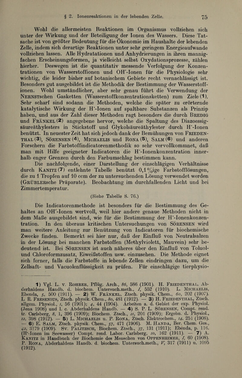 Wohl die allermeisten Reaktionen im Organismus vollziehen sich unter der Wirkung und der Beteiligung der Ionen des Wassers. Diese Tat¬ sache ist von größter Bedeutung für die Ökonomie im Haushalte der lebenden Zelle, indem sich derartige Reaktionen unter sehr geringem Energieaufwande vollziehen lassen. Alle Hydratationen und Anhydrierungen in ihren mannig¬ fachen Erscheinungsformen, ja vielleicht selbst Oxydationsprozesse, zählen hierher. Deswegen ist die quantitativ messende Verfolgung der Konzen¬ trationen von Wasserstoffionen und OH'-Ionen für die Physiologie sehr wichtig, die leider bisher auf botanischem Gebiete recht vernachlässigt ist. Besonders gut ausgebildet ist die Methodik der Bestimmung der Wasserstoff¬ ionen. Wohl umständlicher, aber sehr genau führt die Verwendung der NERNSTschen Gasketten (Wasserstoffkonzentrationsketten) zum Ziele (1). Sehr scharf sind sodann die Methoden, welche die später zu erörternde katalytische Wirkung der H'-Ionen auf spaltbare Substanzen als Prinzip haben, und aus der Zahl dieser Methoden ragt besonders die durch Bredig und Frankel (2) angegebene hervor, welche die Spaltung des Diazoessig- säureäthylesters in Stickstoff und Glykolsäureäthylester durch H'-Ionen benützt. In neuester Zeit hat sich jedoch dank der Bemühungen von Frieden¬ thal (3), Sörensen (4), Michaelis und Rona (5), Salm (6) und anderen Forschern die Farbstoffindicatorenmethodik so sehr vervollkommnet, daß man mit Hilfe geeigneter Indicatoren die H'-Ionenkonzentration inner¬ halb enger Grenzen durch den Farbumschlag bestimmen kann. Die nachfolgende, einer Darstellung der einschlägigen Verhältnisse durch Kanitz (7) entlehnte Tabelle benützt 0,l%ige Farbstofflösungen, die zu 1 Tropfen auf 10 ccm der zu untersuchenden Lösung verwendet werden (GRÜBLERsche Präparate). Beobachtung im durchfallenden Licht und bei Zimmertemperatur. (Siehe Tabelle S. 76.) Die Indicatorenmethode ist besonders für die Bestimmung des Ge¬ haltes an OH'-Ionen wertvoll, weil hier andere genaue Methoden nicht in dem Maße ausgebildet sind, wie für die Bestimmung der H'-Ionenkonzen¬ tration. In den überaus kritischen Untersuchungen von Sörensen wird man weitere Anleitung zur Benützung von Indicatoren für biochemische Zwecke finden. Bemerkt sei hier nur, daß der Einfluß von Neutralsalzen in der Lösung bei manchen Farbstoffen (Methylviolett, Mauvein) sehr be¬ deutend ist. Bei Sörensen ist auch näheres über den Einfluß von Toluol- und Chloroformzusatz, Eiweißstoffen usw. einzusehen. Die Methode eignet sich ferner, falls die Farbstoffe in lebende Zellen eindringen dazu, um die Zellsaft- und Vacuolenflüssigkeit zu prüfen. Für einschlägige tierphysio- 1) Vgl. L. v. Rohrer, Pflüg. Arch., 86, 586 (1901). H. Friedenthal, Ab¬ derhaldens Handb. d. biochem. Untersuch.meth., I, 552 (1910). L. Michaelis, Ebenda, 5, 500 (1911). — 2) W. Frankel, Ztsch. physik. Chem., 60, 202 (1907). L R. Fresenius, Ztsch. physik. Chem., 80, 481 (1912). — 3) H. Friedenthal, Ztsch. allgetn. Physiol., /, 56 (1901); 4, 44 (1904). Arbeiten a. d. Gebiet der exp. Physiol. (Jena 1908) und 1. c. Abderhaldens Handb. — 4) S. P. L. Sörensen, Compt. rend. tr. Carlsberg, 8, 1, 396 (1909); Biochem. Ztsch., 21, 201 (1909); Ergebn. d. Physiol., 12, 398 (1912). — 5) L. Michaelis u. P. Rona, Ztsch. Elektrochem., 14, 251 (1908). — 6) E. Salm, Ztsch. physik. Chem., 57, 471 (1906). M. Handa, Ber. Chem. Ges., 42, 3179 (1909). Sv. Palitzsch, Biochem. Ztsch., 37, 131 (1911); Ebenda, p. 116. (H- -Ionen im Seewasser) Compt. rend. Labor. Carlsberg, 10, 162 (1911). — 7) A. Kanitz in Handbuch der Biochemie des Menschen von Oppenheimer, /, 60 (1908). P. Rona, Abderhaldens Handb. d. biochem. Untersuch.meth., V, 317 (1911) u. 1095 (1912).