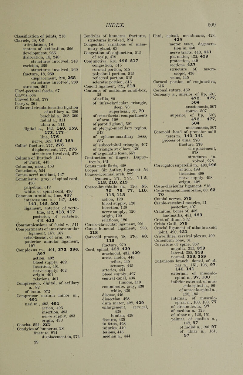Classification of joints, 215 Clavicle, 18, 62 articulations, 18 centers of ossification, 266 development, 266 dislocation, 18, 248 structures involved, 248 excision, 260 structures involved, 260 fracture, 18, 269 displacement, 270, 268 structures involved, 269 sarcoma, 261 Clavi-pectoral fascia, 67 Clavus, 564 Clawed hand, 277 Coccyx, 361 Collateral circulation after ligation of axillary a., 306 brachial a., 308, 309 radial a., 311 ulnar a., 311 digital a., 162, 140, 159, 173, 177 line, 176 nerve, 162, 156, 159 Colles’ fracture, 277, 276 displacement, 277, 276 structures involved, 278 Column of Burdach, 444 ofTurck, 443 Columna, nasal, 458 Comedones, 524 Comes nervi mediani, 147 Commissure, gray, of spinal cord, 436 palpebral, 512 white, of spinal cord, 436 Common carotid a., line, 487 interosseous a., 147, 140, 141, 145, 203 ligament, anterior, of verte¬ brae, 412, 413, 417 posterior, of vertebrae, 412, 413 Communications of facial v., 511 Compartments of anterior annular ligament, 157, 167 osteo-fascial, of arm, 108 posterior annular ligament, 197 Complexus m., 401, 373, 396, 397 action, 402 blood supply, 402 insertion, 401 nerve supply, 402 origin, 401 relations, 401 Compression, digital, of axillary a., 82 of brain, 572 Compressor narium minor m., 491 nasi in., 493, 491 action, 493 insertion, 493 nerve supply, 493 origin, 493 Concha, 524, 525 Condyles of humerus, 28 fracture, 274 displacement in, 274 Condyles of humerus, fractures, structures involved, 274 Congenital variations of mam¬ mary gland, 63 Congestion of conjunctiva, 515 of scalp, 479 Conjunctiva, 515, 496, 517 congestion, 515 corneal portion, 515 palpebral portion, 515 reflected portion, 515 sclerotic portion, 515 Conoid ligament, 221, 218 Contents of anatomic snuff-box, 32 of axilla, 80 of infra-clavicular triangle, deep, 73 superficial, 67, 70 of osteo-fascial compartments of arm, 108 of parotid gland, 521 of pterygo-maxillary region, 543 of spheno-maxillary fossa, 557 of suboccipital triangle, 407 of triangle at elbow, 130 of zygomatic fossa, 557 Contraction of fingers, Dupuy- tren’s, 161 Conus medullaris, 428 Cooper, Sir Astley, ligament, 54 Coraco-acromial arch, 222 ligament, 27, 2 2 2, 115, 118, 218, 219 Coraco-brachialis m., 120, 65, 70, 76, 77, 110, 115, 118 actiou, 120 blood supply, 120 insertion, 120 nerve supply, 120 origin, 120 relations, 120 Coraco-clavicular ligament, 221 Coraco-humeral ligament, 223, 218 Coracoid process, 18, 270, 43, 115 fracture, 270 Cord, spinal, 429, 439 arachnoid, 431, 429 areas, motor, 445 reflex, 445 sensory, 445 arteries, 444 blood supply, 427 central canal, 436 tumors, 449 commissure, gray, 436 white, 436 disease, 446 dissection, 428 dura mater, 428, 429 enlargement, cervical, 428 lumbar, 428 fissures, 435 in fetus, 428 injuries, 449 lesions, 446 median a., 444 Cord, spinal, membranes, 428, 429 motor tract, degenera¬ tion in, 450 nerve tracts, 443, 441 pia mater, 432, 429 protection, 449 sections, 437 structure of, macro¬ scopic, 436 veins, 445 Corneal portion of conjunctiva, 515 Coronal suture, 452 Coronary a., inferior, of lip, 507, 472, 477, 504 anastomosis, 507 course, 507 superior, of lip, 507, 472, 477, 504 anastomosis, 507 Coronoid head of pronator radii teres m., 140, 141 process of ulna, 278 fracture, 278 displacement, 278 structures in¬ volved, 278 Corrugator supercilii m., 498,496 action, 498 insertion, 498 nerve supply, 498 origin, 498 Costo-clavicular ligament, 216 Costo-coracoid membrane, 68, 62, 70 Cranial nerves, 579 Cranio-vertebral muscles, 41 posterior, 407 Cranium, bones of, 452 landmarks, 451, 453 Crest of ilium, 362 Crista Galli, 579 Crucial ligament of atlanto-axoid joint, 420, 421 Cruveilhier, cervical plexus, 409 Cuneiform bone, 31 Curvature of spine, 352 angular, 355, 359 lateral, 355, 358 normal, 358, 359 Cutaneous branch, dorsal, of ul¬ nar n., 151, 196, 97, 140, 141 external, of musculo- spiral n., 97, 100 inferior external, of mus- culo-spiral n., 96 of musculo-spiral n., 188, 195 internal, of musculo- spiral n., 103, 188, 77 of circumflex n., 97 of median n., 129 of ulnar n., 126, 151 palmar, of median n., 148, 97 of radial n., 196, 97 of ulnar n., 151, 97 39