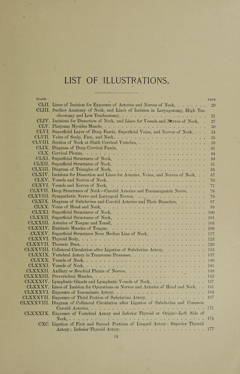 LIST OF ILLUSTRATIONS. PLATE PAGE 4 CLII. Lines of Incision for Exposure of Arteries and Nerves of Neck,. 20 CLIII. Surface Anatomy of Neck, and Lines of Incision in Laryngotomy, High Tra¬ cheotomy and Low Tracheotomy, . 21 CLIV. Incisions for Dissection of Neck, and Lines for Vessels and Nferves of Neck, . 27 CLV. Platysma Myoides Muscle,. 30 CLVI. Superficial Layer of Deep Fascia, Superficial Veins, and Nerves of Neck, ... 34 CLVII. Veins of Scalp, Face, and Neck,. 35 CLVIII. Section of Neck at Sixth Cervical Vertebra,. 39 CLIX. Diagram of Deep Cervical Fascia,.. 41 CLX. Cervical Plexus,. 44 CLXI. Superficial Structures of Neck, . 50 CLXII. Superficial Structures of Neck, . 51 CLXIII. Diagram of Triangles of Neck, .. 55 CLXIV. Incisions for Dissection and Lines for Arteries, Veins, and Nerves of Neck, . . 67 CLXV. Vessels and Nerves of Neck. 70 CLXVI. Vessels and Nerves of Neck, . 71 CLNVII. Deep Structures of Neck—Carotid Arteries and Pneumogastric Nerve, .... 78 CLXVIII. Sympathetic Nerve and Laryngeal Nerves, . .. 79 CLXIX. Diagram of Subclavian and Carotid Arteries and Their Branches,. 87 CLXX. Veins of Head and Neck,. 89 -CLXXI. Superficial Structures of Neck, . 100 CLXXII. Superficial Structures of Neck, . 101 CLXXIII. Arteries of Tongue and Tonsil, .105 CLXXI V. Extrinsic Muscles of Tongue,. 109 -CLXXV. Superficial Structures Near Median Line of Neck,.117 CLXXVI. Thyroid Body,.123 CLXXVII. Thoracic Duct, ..129 CLXXVIIT. Collateral Circulation after Ligation of Subclavian Artery, .133 CLXXIX. Vertebral Artery in Transverse Processes,.137 CLXXX. Vessels of Neck.140 CLXXXI. Vessels of Neck,.141 CLXXXII. Axillary or Brachial Plexus of Nerve,s,. 149 CLXXXIII. Prevertebral Muscles,.152 CLXXXIV. Lymphatic Glands and Lymphatic Vessels of Neck,.157 CLXXXV. Lines of Incision for Operations on Nerves and Arteries of Head and Neck, . . 161 CLXXXVI. Exposure of Innominate Artery.164 CLXXXVII. Exposure of Third Portion of Subclavian Artery, .167 CLXXXVIII. Diagram of Collateral Circulation after Ligation of Subclavian and Common Carotid Arteries,. 171 CLXXXIX. Exposure of Vertebral Artery and Inferior Thyroid at Origin—Left Side of Neck,.174 CXC. Ligation of First and Second Portions of Lingual Artery ; Superior Thyroid Artery; Inferior Thyroid Artery, .177