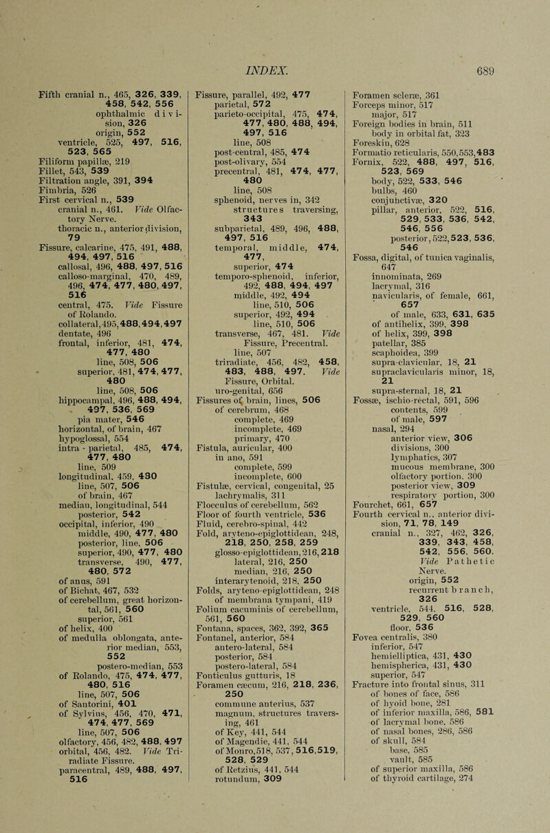 Fifth cranial n., 465, 326, 339, 458, 542, 556 ophthalmic d i v i- sion, 326 origin, 552 ventricle, 525, 497, 516, 523, 565 Filiform papillae, 219 Fillet, 543, 539 Filtration angle, 391, 394 Fimbria, 526 First cervical n., 539 cranial n., 461. Vide Olfac¬ tory Nerve. thoracic n., anterior division, 79 Fissure, calcarine, 475, 491, 488, 494, 497, 516 callosal, 496, 488, 497, 516 calloso-marginal, 470, 489, 496, 474, 477, 480, 497, 516 central, 475. Vide Fissure of Rolando. collateral, 495,488,49 4,497 dentate, 496 frontal, inferior, 481, 474, 477, 480 line, 508, 506 superior, 481, 474, 477, 480 line, 508, 506 hippocampal, 496, 488, 494, 497, 536, 569 pia mater, 546 horizontal, of brain, 467 hypoglossal, 554 intra - parietal, 485, 474, 477, 480 line, 509 longitudinal, 459, 480 line, 507, 506 of brain, 467 median, longitudinal, 544 posterior, 542 occipital, inferior, 490 middle, 490, 477, 480 posterior, line, 506 superior, 490, 477, 480 transverse, 490, 477, 480, 572 of anus, 591 of Bichat, 467, 532 of cerebellum, great horizon¬ tal, 561, 560 superior, 561 of helix, 400 of medulla oblongata, ante¬ rior median, 553, 552 postero-median, 553 of Rolando, 475, 474, 477, 480, 516 line, 507, 506 of Santorini, 401 of Sylvius, 456, 470, 471, 474, 477, 569 line, 507, 506 olfactory, 456, 482, 488, 497 orbital, 456, 482. Vide Tri- radiate Fissure, paracentral, 489, 488, 497, 516 Fissure, parallel, 492, 477 parietal, 572 parieto-occipital, 475, 474, 477, 480, 488, 494, 497, 516 line, 508 post-central, 485, 474 post-olivary, 554 precentral, 481, 474, 477, 480 line, 508 sphenoid, nerves in, 342 structures traversing, 343 subparietal, 489, 496, 488, 497, 516 temporal, middle, 474, 477, superior, 474 temporo-sphenoid, inferior, 492, 488, 494, 497 middle, 492, 494 line, 510, 506 superior, 492, 494 line, 510, 506 transverse, 467, 481. Vide Fissure, Precentral, line, 507 triradiate, 456, 482, 458, 483, 488, 497. Vide Fissure, Orbital, uro-genital, 656 Fissures o^ brain, lines, 506 of cerebrum, 468 complete, 469 incomplete, 469 primary, 470 Fistula, auricular, 400 in ano, 591 complete, 599 incomplete, 600 Fistulae, cervical, congenital, 25 laehrymalis, 311 Flocculus of cerebellum, 562 Floor of fourth ventricle, 536 Fluid, cerebro-spinal, 442 Fold, aryteno-epiglottidean, 248, 218, 250, 258, 259 glosso-epiglottidean,216,218 lateral, 216, 250 median, 216, 250 interarytenoid, 218, 250 Folds, aryteno-epiglottidean, 248 of membrana tympani, 419 Folium cacuminis of cerebellum, 561, 560 Fontana, spaces, 362, 392, 365 Fontanel, anterior, 584 antero-lateral, 584 posterior, 584 postero-lateral, 584 Fonticulus gutturis, 18 Foramen csecuin, 216, 218, 236, 250 commune auterius, 537 magnum, structures travers¬ ing, 461 of Key, 441, 544 of Magendie, 441, 544 of Monro,518, 537, 516,519, 528, 529 of Retziu's, 441, 544 rotundum, 309 Foramen sclerse, .361 Forceps minor, 517 major, 517 Foreign bodies in brain, 511 body in orbital fat, 323 Foreskin, 628 Formatio reticularis, 550,553,483 Fornix, 522, 488, 497 , 516, 523, 569 body, 522, 533, 546 bulbs, 460 conjubctivse, 320 pillar, anterior, 522, 516, 529, 533, 536, 542, 546, 556 posterior, 522,523, 536, 546 Fossa, digital, of tunica vaginalis, 647 innominata, 269 lacrymal, 316 navicularis, of female, 661, 657 of male, 633, 631, 635 of antihelix, 399, 398 of helix, 399, 398 patellar, 385 scaphoidea, 399 supra-clavicular, 18, 21 supraclavicularis minor, 18, 21 supra-sternal, 18, 21 Fossae, ischio-rectal, 591, 596 contents, 599 of male, 597 nasal, 294 anterior view, 306 divisions, 300 lymphatics, 307 mucous membrane, 300 olfactory portion. 300 posterior view, 309 respiratory portion, 300 Fourchet, 661, 657 Fourth cervical n.. anterior divi¬ sion, 71, 78, 149 cranial n., 327, 462, 326, 339, 343, 458, 542, 556, 560. Vide Pathetic Nerve, origin, 552 recurrent branch, 326 ventricle, 544, 516, 528, 529, 560 floor, 536 Fovea centralis, 380 inferior, 547 hemielliptica, 431, 430 hemispherica, 431, 430 superior, 547 Fracture into frontal sinus, 311 of bones of face, 586 of hyoid bone, 281 of inferior maxilla, 586, 581 of lacrymal bone, 586 of nasal bones, 286, 586 of skull, 584 base, 585 vault, 585 of superior maxilla, 586 of thyroid cartilage, 274