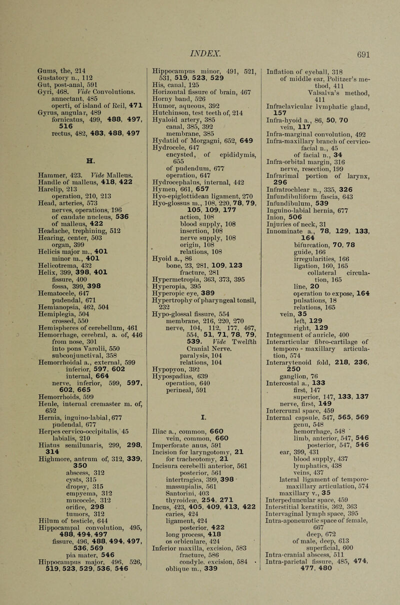 Gums, the, 214 Gustatory n., 112 Gut, post-anal, 591 Gyri, 468. Vide Convolutions, annectant, 485 operti, of island of Reil, 471 Gyrus, angular, 489 fornicatus, 499, 488, 497, 516 rectus, 482, 483, 488, 497 H. Hammer, 423. Vide Malleus. Handle of malleus, 418, 422 Harelip, 213 operation, 210, 213 Head, arteries, 573 nerves, operations, 196 of caudate nucleus, 536 of malleus, 422 Headache, trephining, 512 Hearing, center, 503 organ, 399 Helicis major in., 401 minor m., 401 Helicotrema, 432 Helix, 399, 398, 401 fissure, 400 fossa, 399, 398 Hematocele, 647 pudendal, 671 Hemianopsia, 462, 504 Hemiplegia, 504 crossed, 550 Hemispheres of cerebellum, 461 Hemorrhage, cerebral, a. of, 446 from nose, 301 into pons Yarolii, 550 subconjunctival, 358 Hemorrhoidal a., external, 599 inferior, 597, 602 internal, 664 nerve, inferior, 599, 597, 602, 665 Hemorrhoids, 599 Henle, internal cremaster m. of, 652 Hernia, inguino-labial, 677 pudendal, 677 Herpes cervico-occipitalis, 45 labialis, 210 Hiatus semilunaris, 299, 298, 314 Highmore, antrum of, 312, 339, 350 abscess, 312 cysts, 315 dropsy, 315 empyema, 312 mucocele, 312 orifice, 298 tumors, 312 Hilum of testicle, 644 Hippocampal convolution, 495, 488, 494, 497 fissure, 496, 488, 494, 497, 536, 569 pia mater, 546 Hippocampus major, 496, 526, 519, 523, 529, 536, 546 Hippocampus minor, 491, 521, 531, 519, 523, 529 His, canal, 125 Horizontal fissure of brain, 467 Horny band, 526 Humor, aqueous, 392 Hutchinson, test teeth of, 214 Hyaloid artery, 385 canal, 385, 392 membrane, 385 Hydatid of Morgagni, 652, 649 Hydrocele, 647 encysted, of epididymis, 655 of pudendum, 677 operation, 647 Hydrocephalus, internal, 442 Hymen, 661, 657 Hyo-epiglottidean ligament, 270 Hyo-glossus m., 108, 220, 78, 79, 105, 109, 177 action, 108 blood supply, 108 insertion, 108 nerve supply, 108 origin, 108 relations, 108 Hyoid a., 86 bone, 23, 281, 109, 123 fracture, 281 Hypermetropia, 363, 373, 395 Hyperopia, 395 Hyperopic eye, 389 Hypertrophy of pharyngeal tonsil, 232 Hypo-glossal fissure, 554 membrane, 216, 220, 270 nerve, 104, 112, 177, 467, 554, 51, 71, 78, 79, 539. Vide Twelfth Cranial Nerve, paralysis, 104 relations, 104 Hypopyon, 392 Hypospadias, 639 operation, 640 perineal, 591 I. Iliac a., common, 660 vein, common, 660 Imperforate anus, 591 Incision for laryngotomy, 21 for tracheotomy, 21 Incisura cerebelli anterior, 561 posterior, 561 intertragica, 399, 398 massupialis, 561 Santorini, 403 thyroidese, 254, 271 Incus, 423, 405, 409, 413, 422 caries, 424 ligament, 424 posterior, 422 long process, 418 os orbiculare, 424 Inferior maxilla, excision, 583 fracture, 586 condyle, excision, 584 • oblique m., 339 Inflation of eyeball, 318 of middle ear, Politzer’s me¬ thod, 411 Valsalva’s method, 411 Infraclavicular Ivmphatic gland, 157 Infra-hyoid a., 86, 50, 70 vein, 117 Infra-marginal convolution, 492 Infra-maxillary branch of cervico¬ facial n., 45 of facial n., 34 Infra-orbital margin, 316 nerve, resection, 199 Infrarimal portion of larynx, 296 Infratrochlear n., 335, 326 Infundibuliform fascia, 643 Infundibulum, 539 Inguino-labial hernia, 677 Inion, 506 Injuries of neck, 31 Innominate a., 78, 129, 133, 164 bifurcation, 70, 78 guide, 166 irregularities, 166 ligation, 160, 165 collateral circula¬ tion, 165 line, 20 operation to expose, 164 pulsations, 18 relations, 165 vein, 35 left, 129 right, 129 Integument of auricle, 400 Interarticular fibro-cartilage of temporo - maxillary articula¬ tion, 574 Interarytenoid fold, 218, 236, 250 ganglion, 76 Intercostal a., 133 first, 147 superior, 147, 133, 137 nerve, first, 149 Intercrural space, 459 Internal capsule, 547, 565, 569 genu, 548 hemorrhage, 548 limb, anterior, 547, 546 posterior, 547, 546 ear, 399, 431 blood supply, 437 lymphatics, 438 veins, 437 lateral ligament of temporo- maxillary articulation, 574 maxillary v., 35 Interpeduncular space, 459 Interstitial keratitis, 362, 363 Intervaginal lymph space, 395 Intra-aponeurotic space of female, 667 deep, 672 of male, deep, 613 superficial, 600 Intra-cranial abscess, 511 Intra-parietal fissure, 485, 474, 477, 480