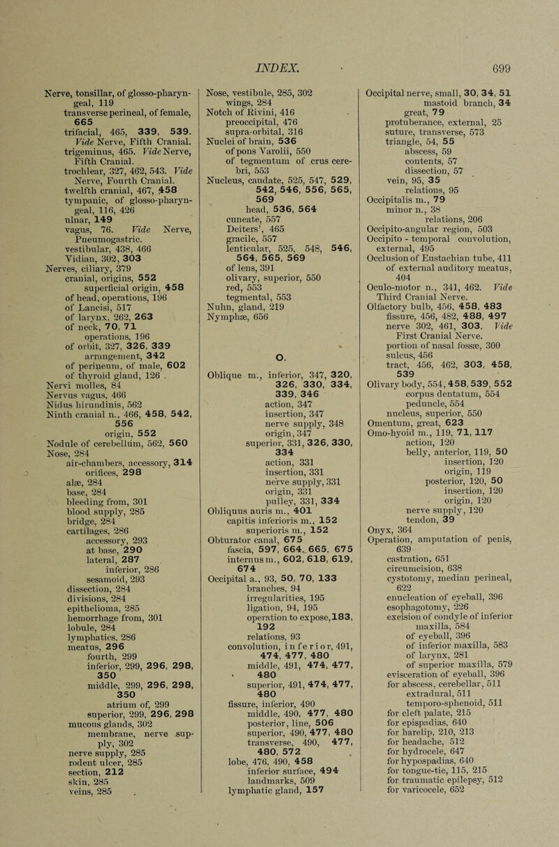 Nerve, tonsillar, of glosso-pharyn- geal, 119 transverse perineal, of female, 665 trifacial, 465, 339, 539. Vide Nerve, Fifth Cranial, trigeminus, 465. Vide Nerve, Fifth Cranial. trochlear, 327, 462, 543. Vide Nerve, Fourth Cranial, twelfth cranial, 467, £58 tympanic, of glosso-pharyn¬ geal, 116, 426 ulnar, 149 vagus, 76. Vide Nerve, Pneumogastric. vestibular, 438, 466 Vidian, 302, 303 Nerves, ciliary, 379 cranial, origins, 552 superficial origin, 458 of head, operations, 196 of Lancisi, 517 of larynx. 262, 263 of neck, 70, 71 operations, 196 of orbit, 327, 32 6, 33 9 arrangement, 342 of perineum, of male, 602 of thyroid gland, 126 . Nervi molles, 84 Nervus vagus, 466 Nidus liirundinis, 562 Ninth cranial n., 466, 458, 542, 556 origin, 552 Nodule of cerebellum, 562, 560 Nose, 284 air-chambers, accessory, 314 orifices, 298 alse, 284 base, 284 bleeding from, 301 blood supply, 285 bridge, 284 cartilages, 286 accessory, 293 at base, 290 lateral, 287 inferior, 286 sesamoid, 293 dissection, 284 divisions, 284 epithelioma, 285 hemorrhage from, 301 lobule, 284 lymphatics, 286 meatus, 296 fourth, 299 inferior, 299, 296, 298, 350 middle, 299, 296, 298, 350 atrium of, 299 superior, 299, 296, 298 mucous glands, 302 membrane, nerve sup¬ ply, 302 nerve supply, 285 rodent ulcer, 285 section, 212 skin, 285 veins, 285 INDEX. Nose, vestibule, 285, 302 wings, 284 Notch of Kivini, 416 preoccipital, 476 supra-orbital, 316 Nuclei of brain, 536 of pons Varolii, 550 of tegmentum of crus cere¬ bri, 553 Nucleus, caudate, 525, 547, 529, 542, 546, 556, 565, 569 head, 536, 564 cuneate, 557 Deiters’, 465 gracile, 557 lenticular, 525, 548, 546, 564, 565, 569 of lens, 391 olivary, superior, 550 red, 553 tegmental, 553 Nuhn, gland, 219 Nymphse, 656 O. Oblique m., inferior, 347, 3 20, 326, 330, 334, 339, 346 action, 347 insertion, 347 nerve supply, 348 origin, 347 superior, 331, 326, 330, 334 action, 331 insertion, 331 nerve supply, 331 origin, 331 pulley, 331, 334 Obliquus auris m., 401 capitis inferioris m., 152 superioris m., 152 Obturator canal, 675 fascia, 597, 664,_ 665, 675 interims m., 602, 618, 619, 674 Occipital a., 93, 50, 70, 133 branches, 94 irregularities, 195 ligation, 94, 195 operation to expose, 183, 192 relations, 93 convolution, inferior, 491, 474, 477, 480 middle, 491, 47 4, 47 7, . 480 superior, 491, 47 4, 47 7, 480 fissure, inferior, 490 middle, 490, 477, 480 posterior, line, 506 superior, 490, 477, 480 transverse, 490, 477, 480, 572 lobe, 476, 490, 458 inferior surface, 494 landmarks, 509 lymphatic gland, 157 699 Occipital nerve, small, 30, 34, 51 mastoid branch, 34 great, 79 protuberance, external, 25 suture, transverse, 573 triangle, 54, 55 abscess, 59 contents, 57 dissection, 57 vein, 95, 35 relations, 95 Occipitalis m., 79 minor n., 38 relations, 206 Occipito-angular region, 503 Occipito - temporal convolution, external, 495 Occlusion of Eustachian tube, 411 of external auditory meatus, 404 Oculo-motor n., 341, 462. Vide Third Cranial Nerve. Olfactory bulb, 456, 458, 483 fissure, 456, 482, 488, 497 nerve 302, 461, 303. Vide First Cranial Nerve, portion of nasal fossae, 300 sulcus, 456 tract, 456, 462, 303, 458, 539 Olivary body, 554, 458, 539, 552 corpus dentatum, 554 peduncle, 554 nucleus, superior, 550 Omentum, great, 623 Omo-hyoid m., 119, 71, 117 action, 120 belly, anterior, 119, 50 insertion, 120 origin, 119 posterior, 120, 50 insertion, 120 origin, 120 nerve supply, 120 tendon, 39 Onyx, 364 Operation, amputation of penis, 639 castration, 651 circumcision, 638 cystotomy, median perineal, 622 enucleation of eyeball, 396 esophagotomy, 226 excision of condyle of inferior maxilla, 584 of eyeball, 396 of inferior maxilla, 583 of larynx, 281 of superior maxilla, 579 evisceration of eyeball, 396 for abscess, cerebellar, 511 extradural, 511 temporo-splienoid, 511 for cleft palate, 215 for epispadias, 640 for harelip, 210, 213 for headache, 512 for hydrocele, 647 for hypospadias, 640 for tongue-tie, 115, 215 for traumatic epilepsy, 512 for varicocele, 652
