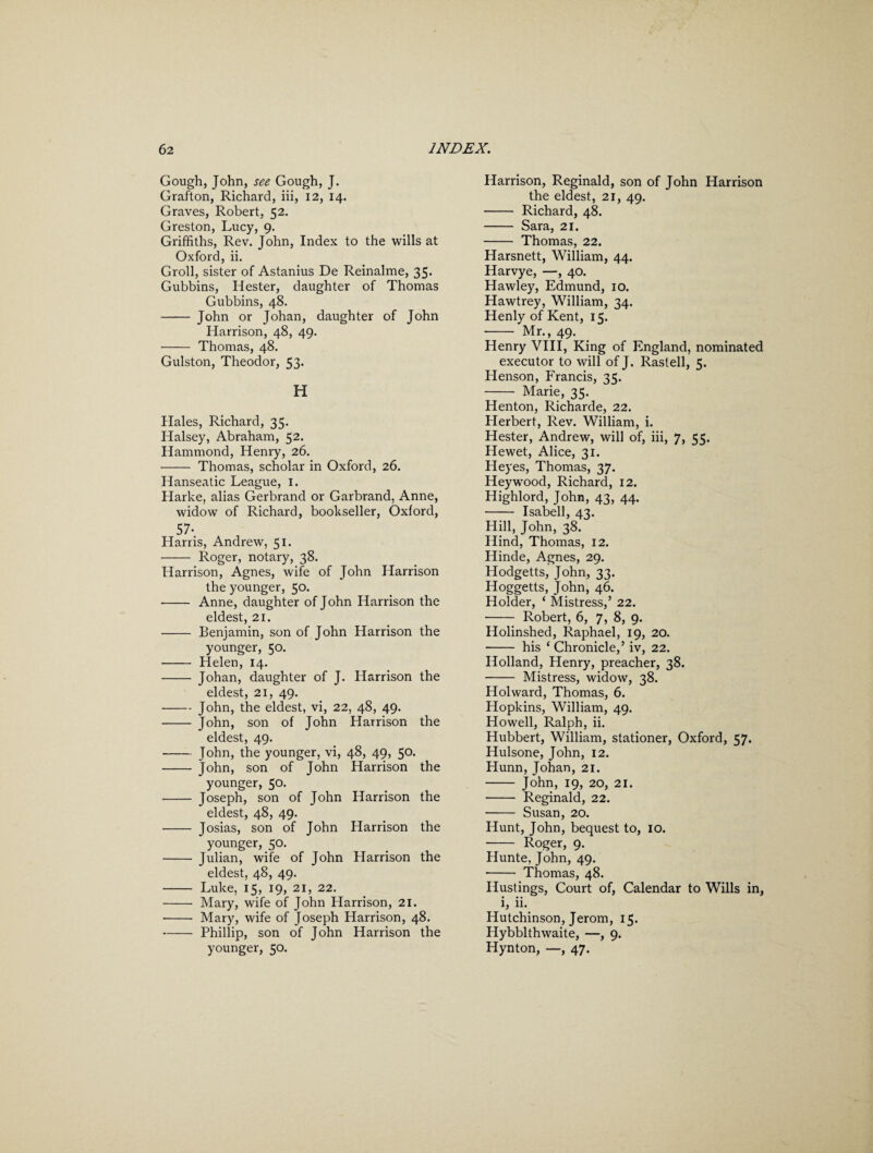 Gough, John, see Gough, J. Grafton, Richard, iii, 12, 14. Graves, Robert, 52. Greston, Lucy, 9. Griffiths, Rev. John, Index to the wills at Oxford, ii. Groll, sister of Astanius De Reinahne, 35. Gubbins, Hester, daughter of Thomas Gubbins, 48. - John or Johan, daughter of John Harrison, 48, 49. - Thomas, 48. Gulston, Theodor, 53. H Hales, Richard, 35. Halsey, Abraham, 52. Hammond, Henry, 26. - Thomas, scholar in Oxford, 26. Hanseatic League, 1. Harke, alias Gerbrand or Garbrand, Anne, widow of Richard, bookseller, Oxford, 57- Harris, Andrew, 51. - Roger, notary, 38. Harrison, Agnes, wife of John Harrison the younger, 50. • - Anne, daughter of John Harrison the eldest, 21. - Benjamin, son of John Harrison the younger, 50. - Helen, 14. - Johan, daughter of J. Harrison the eldest, 21, 49. -John, the eldest, vi, 22, 48, 49. - John, son of John Harrison the eldest, 49. -John, the younger, vi, 48, 49, 50. - John, son of John Harrison the younger, 50. - Joseph, son of John Harrison the eldest, 48, 49. - Josias, son of John Harrison the younger, 50. - Julian, wife of John Harrison the eldest, 48, 49. - Luke, 15, 19, 21, 22. - Mary, wife of John Llarrison, 21. • - Mary, wife of Joseph Harrison, 48. -Phillip, son of John Harrison the younger, 50. Harrison, Reginald, son of John Harrison the eldest, 21, 49. - Richard, 48. - Sara, 21. - Thomas, 22. Harsnett, William, 44. Harvye, —, 40. Hawley, Edmund, 10. Hawtrey, William, 34. Henly of Kent, 15. - Mr., 49. Henry VIII, King of England, nominated executor to will of J. Rastell, 5. Henson, Francis, 35. - Marie, 35. Henton, Richarde, 22. Iderbert, Rev. William, i. Hester, Andrew, will of, iii, 7, 55. Hewet, Alice, 31. Heyes, Thomas, 37. Heyw’ood, Richard, 12. Highlord, John, 43, 44. - Isabell, 43. Hill, John, 38. Hind, Thomas, 12. Hinde, Agnes, 29. Hodgetts, John, 33. Hoggetts, John, 46. Holder, ‘ Mistress,’ 22. - Robert, 6, 7, 8, 9. Holinshed, Raphael, 19, 20. - his ‘ Chronicle,’ iv, 22. Holland, Henry, preacher, 38. - Mistress, widow, 38. Holward, Thomas, 6. Hopkins, William, 49. Howell, Ralph, ii. Hubbert, William, stationer, Oxford, 57. Hulsone, John, 12. Hunn, Johan, 21. - John, 19, 20, 21. - Reginald, 22. - Susan, 20. Hunt, John, bequest to, 10. - Roger, 9. Hunte, John, 49. - Thomas, 48. Hustings, Court of, Calendar to Wills in, i, ii. Hutchinson, Jerom, 15. Hybblthwaite, —, 9. Hynton, —, 47.