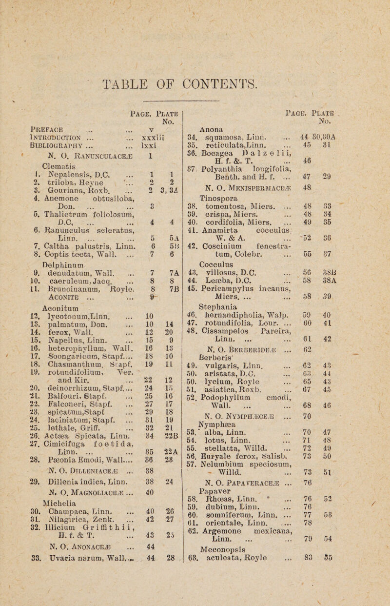 TABLE OF CONTENTS. Page. Plate No. Preface V INTRODUCTION ... xxxiii Bibliography ... lxxi N. 0. Ranunculace.b 1 Clematis 1. Nepalensis, D.C, 1 1 2. triloba, Heyne o 2 3. Gouriana, Roxb. 2 3, 34 4. Anemone obtusiloba, Don. o £> 5. Thalictrum foliolosum, D.C, 4 4 6. Ranunculus seleratus, Linn. 5 5 A 7. Caltha palustris, Linn. 6 5B 8. Coptis teeta, Wall. 7 6 Delpliinum 9. denudasum, Wall. 7 7A 10. caeruleum, Jaeq. 8 8 11. Brunoinanum, Royle. 8 7B Aconite ... ... ft Aconitum 12. lycotonum,Linn. 10 13. palmatum, Don. 10 14 14. ferox, Wall. 12 20 15. Napellus, Linn. 15 9 16. heterophyilum, Wall. 16 13 17. Soongaricum, Stapf.... 18 10 18. Chasmanthum, Siapf. 19 1L 19. rotundifolium, Yer. and Kir. 22 12 20. deinorrhizum, Stapf,... 24 15 21. Balfouri, Stapf., 25 16 22. Falconer!, Stapf. 27 17 23. spicatum, Stapf 29 18 24. laciniatum, Stapf. 31 19 25. lethale, Griff. 32 21 26. Actsea Spicata, Linn. 84 22B 27. Cimicifuga f o e t i d a, Linn. ... 35 22A 28. Pieonia Emodi, Wall.... 36 23 N. 0. Dilleniace.e ... 38 29. Dillenia indica, Linn. 38 24 N« 0. Magnoliace.e ... 40 Michelia 30. Champaca, Linn. 40 26 31. Nilagirica, Zenk. 42 27 32. lllicium Griffith ii, H. f. & T. 43 25 N. O. Anon ace js 44 33. Uvaria narurn, Wall..,. 44 28 Page. Plate No. Anona 34. squamosa,, Linn. 44 3O,S0A 35. reticulata,Linn. 45 81 36. Bocagea J) a 1 z e 1 i i, H. f. &. T. 46 37. Polyanthia lougifolia, Benth. and H. f. ... 47 29 N. O. Menispermacete 48 Tinospora 38. tomentosa, Miers. ... 48 33 89. crispa, Miers. 48 34 40. eordifolia, Miers. 49 35 41. Anamirta cocculus W. &A. 52 36 42. Coscinium fenestra- tum, Colebr. 55 37 Cocculus 43. villosus, D.C. 56 38B 44. Leteba, D.C. 45. Pericampylus incanus, Miers. ... 58 38A 58 39 Stephania 46. hernandipholia, Walp. 59 40 47. rotundifolia, Lour. ... 60 41 48. Cissampelos Pareira, Lina. 61 42 N. O. Berberide.e ... 02 Berberis' 49. vulgaris, Linn. 62 43 50. aristata, D.C. 63 44 50. lycium, Royle 65 43 51. asiatica, Roxb. 67 45 52. Podophyllum emodi, Wall. ... 68 46 N. O. Nymph.ece.d ... 70 Nymphsea 53.' alba, Linn. 70 47 54. lotus, Linn. 71 48 55. stellatta, Willd. 72 49 56. Euryale ferox, Salisb. 73 50 57. Nelumbimn speciosum, « Willd. 73 51 N. O. PAPAVERACEiE ... 76 Papaver 58. Rhoeas, Linn. * 76 52 59. dubium, Linn. 76 60. somniferum, Linn. ... 77 53 61. orientale, Linn. 78 62. Argemone mexicana, Linn. 79 54 Meconopsis 63. aculeata, Royle 83 55