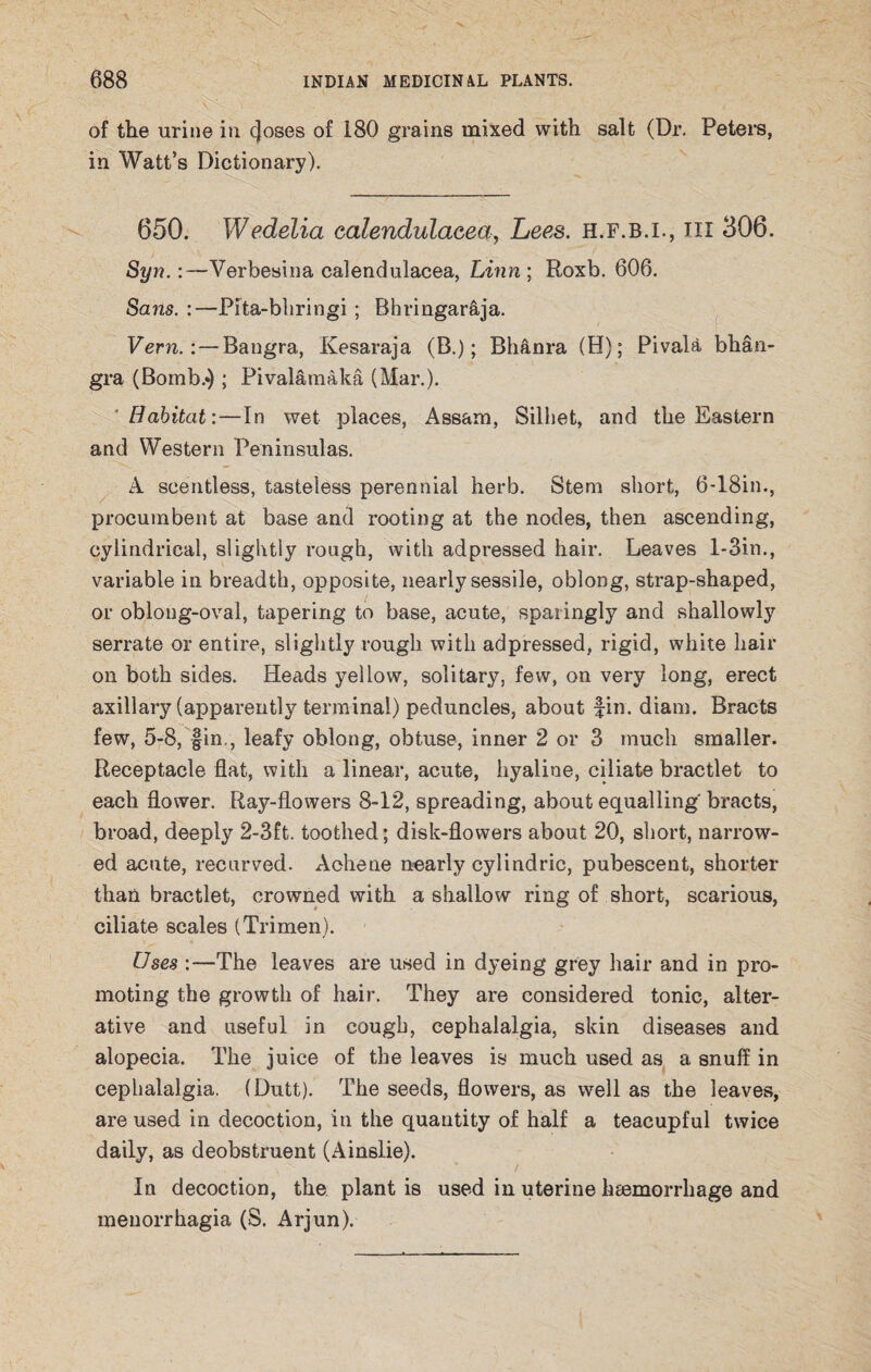 of the urine in (Joses of 180 grains mixed with salt (Dr. Peters, in Watt’s Dictionary). 650. Wedelia ealendulaeea, Lees, h.f.b.i., ill 306. Syn.:—Verbesina ealendulaeea, Linn ; Roxb. 606. Sans. :—Pita-bbringi ; Bhringar&ja. Vern.-Bangra, Kesaraja (B.); Bhanra (H); Pivala bhan- gra (Bomb.*); Pivalamaka (Mar.). ' Habitat:—In wet places, Assam, Silhet, and the Eastern and Western Peninsulas. A scentless, tasteless perennial herb. Stem short, 6-18in., procumbent at base and rooting at the nodes, then ascending, cylindrical, slightly rough, with adpressed hair. Leaves l-3in., variable in breadth, opposite, nearly sessile, oblong, strap-shaped, or oblong-oval, tapering to base, acute, sparingly and shallowly serrate or entire, slightly rough with adpressed, rigid, white hair on both sides. Heads yellow, solitary, few, on very long, erect axillary (apparently terminal) peduncles, about fin. diam. Bracts few, 5-8, fin., leafy oblong, obtuse, inner 2 or 3 much smaller. Receptacle flat, with a linear, acute, hyaline, ciliate bractlet to each flower. Ray-flowers 8-12, spreading, about equalling bracts, broad, deeply 2-3ft. toothed; disk-flowers about 20, short, narrow¬ ed acute, recurved. Aohene nearly cylindric, pubescent, shorter than bractlet, crowned with a shallow ring of short, scarious, ciliate scales (Trimen). Uses :—The leaves are used in dyeing grey hair and in pro¬ moting the growth of hair. They are considered tonic, alter¬ ative and useful in cough, cephalalgia, skin diseases and alopecia. The juice of the leaves is much used as a snuff in cephalalgia. (Dutt). The seeds, flowers, as well as the leaves, are used in decoction, in the quantity of half a teacupful twice daily, as deobstruent (Ainslie). In decoction, the plant is used in uterine haemorrhage and menorrhagia (S. Arjun).