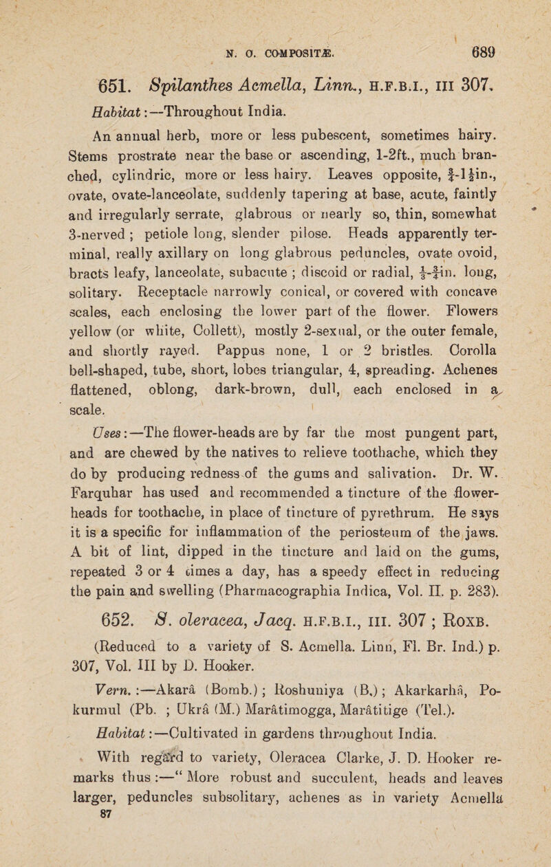 651. Spilanthes Acmella, Linn,, h.f.b.i., hi 307, Habitat -.--Throughout India. An annual herb, more or less pubescent, sometimes hairy. Stems prostrate near the base or ascending, l-2ft., much bran¬ ched, cylindric, more or less hairy. Leaves opposite, f-l|in., ovate, ovate-lanceolate, suddenly tapering at base, acute, faintly and irregularly serrate, glabrous or nearly so, thin, somewhat 3-nerved ; petiole long, slender pilose. Heads apparently ter¬ minal, really axillary on long glabrous peduncles, ovate ovoid, bracts leafy, lanceolate, subacute ; discoid or radial, -§~fin. long, solitary. Receptacle narrowly conical, or covered with concave scales, each enclosing the lower part of the flower. Flowers yellow (or white, Collett), mostly 2-sexual, or the outer female, and shortly rayed. Pappus none, 1 or 2 bristles. Corolla bell-shaped, tube, short, lobes triangular, 4, spreading. Achenes flattened, oblong, dark-brown, dull, each enclosed in a scale. Uses:—The flower-heads are by far the most pungent part, and are chewed by the natives to relieve toothache, which they do by producing redness of the gums and salivation. Dr. W. Farquhar has used and recommended a tincture of the flower- heads for toothache, in place of tincture of pyrethrum. He says it is a specific for inflammation of the periosteum of the jaws. A bit of lint, dipped in the tincture and laid on the gums, repeated 3 or 4 cimes a day, has a speedy effect in reducing the pain and swelling (Pharmacographia Indica, Vol. II. p. 283). 652. S. oleracea, Jacq. h.f.b.i., iii. 307 ; Roxb. (Reduced to a variety of S. Acmella. Linn, Fi. Br. Ind.) p. 307, Vol. Ill by D. Hooker. Vern.:—Akara (Bomb.); Roshuuiya (B.); Akarkarhn, Po- kurmul (Pb. ; Ukra (M.) Maratimogga, Maratitige (Tel.). Habitat:—Cultivated in gardens throughout India. With regard to variety, Oleracea Clarke, J. D. Hooker re¬ marks thus :—“ More robust and succulent, heads and leaves larger, peduncles subsolitary, achenes as in variety Acmella 87 i