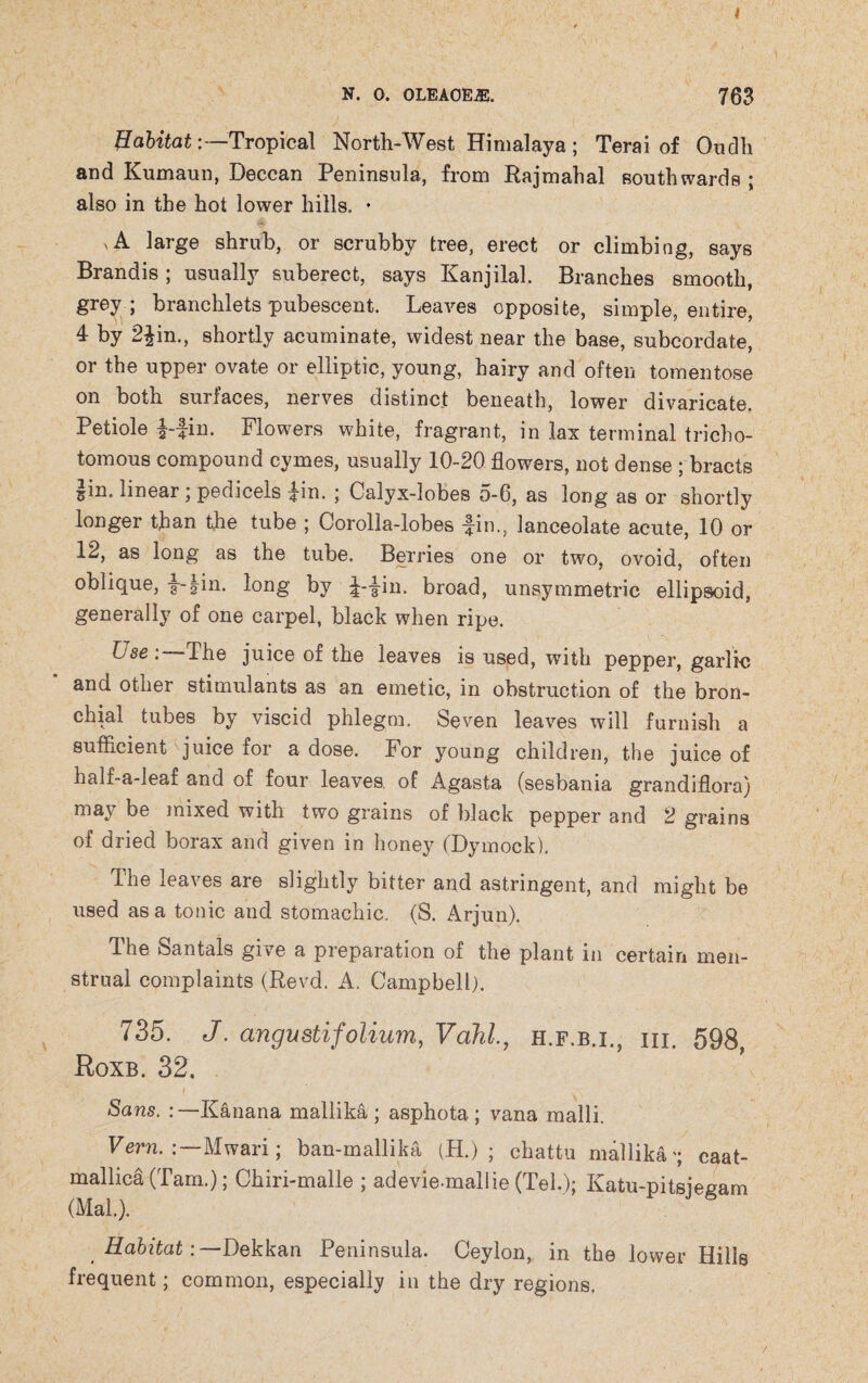 HabitatTropical North-West Himalaya; Terai of Oudh and Kumaun, Deccan Peninsula, from Rajmahal southwards ; also in the hot lower hills. * 'A large shrub, or scrubby tree, erect or climbing, says Brandis ; usually suberect, says Kanjilal. Branches smooth, grey ; branchlets pubescent. Leaves opposite, simple, entire, 4 by 2£in., shortly acuminate, widest near the base, subeordate, or the upper ovate or elliptic, young, hairy and often tomentose on both surfaces, nerves distinct beneath, lower divaricate. Petiole ffin. Flowers white, fragrant, in lax terminal tricho- tomous compound cymes, usually 10-20 flowers, not dense ; bracts |in. linear ; pedicels fin. ; Calyx-lobes 5-6, as long as or shortly longer than the tube ; Corolla-lobes fin., lanceolate acute, 10 or 12, as long as the tube. Berries one or two, ovoid, often oblique, i-|in. long by ^-|in. broad, unsymmetric ellipsoid, generally of one carpel, black when ripe. b se . The juice of the leaves is used, with pepper, garlic and other stimulants as an emetic, in obstruction of the bron¬ chial tubes by viscid phlegm. Seven leaves will furnish a sufficient juice for a dose. lor young children, the juice of half-a-leaf and of four leaves, of Agasta (sesbania grandiflora) may be mixed with two grains of black pepper and 2 grains of dried borax and given in honey (Dymook). The leaves are slightly bitter and astringent, and might be used as a tonic and stomachic. (S. Arjun). The Santals give a preparation of the plant in certain men¬ strual complaints (Revd. A. Campbell). 735. J. angustifolium, Vahl., h.f.b.x., hi. 598, Roxb. 32. Sans. Kanana mallika; asphota ; vana malli. Vern. :—Mwari; ban-mallika (H.) ; chattu mallika'; eaat- mallica (Tam.); Chiri-malle ; adevie-mallie (Tel.); Katu-pitsjegam (Mai.). HabitatDekkan Peninsula. Ceylon, in the lower Hills frequent; common, especially in the dry regions.