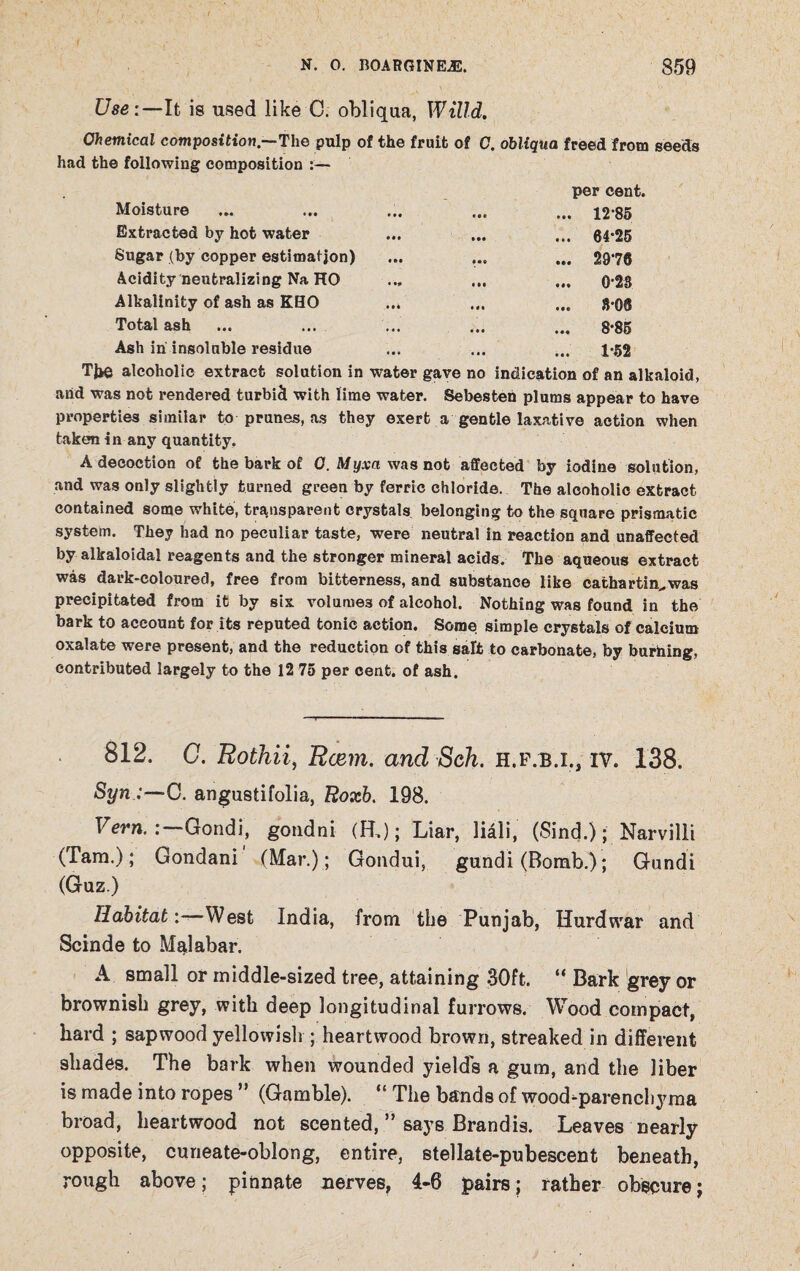 Use:—It is used like C. obliqua, Willd. Chemical composition—The pulp of the fruit of C. obliqua freed from seeds had the following composition :— Moisture Extracted by hot water Sugar (by copper estimation) Acidity neutralizing Na HO Alkalinity of ash as KHO Total ash Ash in insoluble residue per cent. .. 1285 .. 64*25 .. 29*76 0-28 8-08 8-85 1-52 TJ*e alcoholic extract solution in water gave no indication of an alkaloid, and was not rendered turbicl with lime water. Sebesten plums appear to have properties similar to prunes, as they exert a gentle laxative action when taken in any quantity. A decoction of the bark of 0. Myxa was not affected by iodine solution, and was only slightly turned green by ferric chloride. The alcoholic extract contained some white, transparent crystals belonging to the square prismatic system. They had no peculiar taste, were neutral in reaction and unaffected by alkaloidal reagents and the stronger mineral acids. The aqueous extract was dark-coloured, free from bitterness, and substance like cathartic was precipitated from it by six volumes of alcohol. Nothing was found in the bark to account for its reputed tonic action. Some simple crystals of calcium oxalate were present, and the reduction of this salt to carbonate, by burning, contributed largely to the 12 75 per cent, of ash. 812. G. Rothii, Rcem, and Sch. h.p.b.i., iv. 138. Syn :—C. angustifolia, Roxb. 198. Vern. :—Gondi, gondni (H,); Liar, liali, (Sind.); Narvilli (Tara.); Gondani (Mar.); Gondui, gundi (Bomb.); Gundi (Guz.) Habitat: West India, from the Punjab, Hurdwar and Scinde to Malabar. A small or middle-sized tree, attaining 30ft. “ Bark grey or brownish grey, with deep longitudinal furrows. Wood compact, hard ; sapwood yellowish ; heartwood brown, streaked in different shades. The bark when wounded yields a gum, and the liber is made into ropes ” (Gamble). “ The bands of wood-parenchyma broad, heartwood not scented, ” says Brandis. Leaves nearly opposite, curieate-oblong, entire, stellate-pubescent beneath, rough above; pinnate nerves, 4-6 pairs; rather obscure;