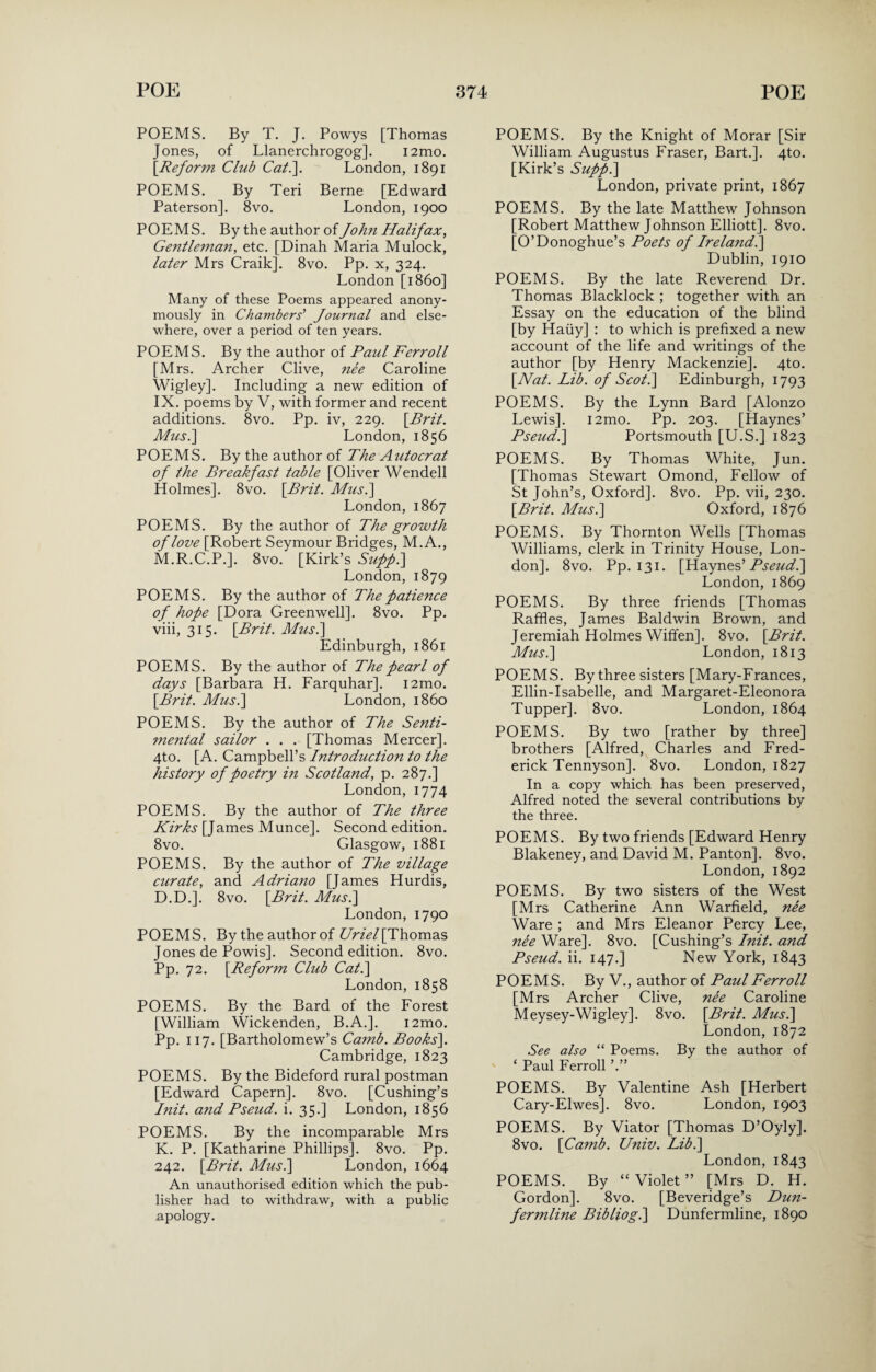 POEMS. By T. J. Powys [Thomas Jones, of Llanerchrogog]. i2mo. [.Reform Club Cat.\. London, 1891 POEMS. By Teri Berne [Edward Paterson]. 8vo. London, 1900 POEMS. By the author of John Halifax, Gentle?nan, etc. [Dinah Maria Mulock, later Mrs Craik]. 8vo. Pp. x, 324. London [i860] Many of these Poems appeared anony¬ mously in Chambers’ Journal and else¬ where, over a period of ten years. POEMS. By the author of Paul Ferr oil [Mrs. Archer Clive, ?iee Caroline Wigley]. Including a new edition of IX. poems by V, with former and recent additions. 8vo. Pp. iv, 229. [Brit. Mus.] London, 1856 POEMS. By the author of The Autocrat of the Breakfast table [Oliver Wendell Holmes]. 8vo. [Brit. Mus.] London,1867 POEMS. By the author of The growth of love [Robert Seymour Bridges, M.A., M.R.C.P.]. 8vo. [Kirk’s Suppi] London, 1879 POEMS. By the author of The patience of hope [Dora Greenwell]. 8vo. Pp. viii, 315. [Brit. Mus.\ Edinburgh, 1861 POEMS. By the author of The pearl of days [Barbara H. Farquhar]. i2mo. [Brit. Mus.] London, i860 POEMS. By the author of The Senti¬ mental sailor . . . [Thomas Mercer]. 4to. [A. Campbell’s Introduction to the history of poetry in Scotland, p. 287.] London,1774 POEMS. By the author of The three Kirks [James Munce]. Second edition. 8vo. Glasgow, 1881 POEMS. By the author of The village curate, and Adriano [James Hurdis, D.D.]. 8vo. [Brit. Mus.] London, 1790 POEMS. By the author of Uriel [Thomas Jones de Powis]. Second edition. 8vo. Pp. 72. [Reform Club Cat.] London, 1858 POEMS. By the Bard of the Forest [William Wickenden, B.A.]. i2mo. Pp. 117. [Bartholomew’s Camb. Books]. Cambridge, 1823 POEMS. By the Bideford rural postman [Edward Capern]. 8vo. [Cushing’s Init. and Pseud, i. 35.] London, 1856 POEMS. By the incomparable Mrs K. P. [Katharine Phillips]. 8vo. Pp. 242. [Brit. Mus.] London, 1664 An unauthorised edition which the pub¬ lisher had to withdraw, with a public apology. POEMS. By the Knight of Morar [Sir William Augustus Fraser, Bart.]. 4to. [Kirk’s Suppi] London, private print, 1867 POEMS. By the late Matthew Johnson [Robert Matthew Johnson Elliott], 8vo. [O’Donoghue’s Poets of Ireland.] Dublin, 1910 POEMS. By the late Reverend Dr. Thomas Blacklock ; together with an Essay on the education of the blind [by Haiiy] : to which is prefixed a new account of the life and writings of the author [by Henry Mackenzie], 4to. [Nat. Lib. of Scot.] Edinburgh, 1793 POEMS. By the Lynn Bard [Alonzo Lewis]. i2mo. Pp. 203. [Haynes’ Pseud.] Portsmouth [U.S.] 1823 POEMS. By Thomas White, Jun. [Thomas Stewart Omond, Fellow of St John’s, Oxford]. 8vo. Pp. vii, 230. [Brit. Mus.] Oxford, 1876 POEMS. By Thornton Wells [Thomas Williams, clerk in Trinity House, Lon¬ don]. 8vo. Pp. 131. [Haynes’ Pseud.] London, 1869 POEMS. By three friends [Thomas Raffles, James Baldwin Brown, and Jeremiah Holmes Wiffien]. 8vo. [Brit. Mus.] London, 1813 POEMS. By three sisters [Mary-Frances, Ellin-Isabelle, and Margaret-Eleonora Tupper]. 8vo. London, 1864 POEMS. By two [rather by three] brothers [Alfred, Charles and Fred¬ erick Tennyson]. 8vo. London, 1827 In a copy which has been preserved, Alfred noted the several contributions by the three. POEMS. By two friends [Edward Henry Blakeney, and David M. Panton]. 8vo. London, 1892 POEMS. By two sisters of the West [Mrs Catherine Ann Warfield, ne'e Ware ; and Mrs Eleanor Percy Lee, ne'e Ware], 8vo. [Cushing’s Init. and Pseud, ii. 147.] New York, 1843 POEMS. By V., author of PaulFerroll [Mrs Archer Clive, nee Caroline Meysey-Wigley]. 8vo. [Brit. Mus.] London,1872 See also “ Poems. By the author of ‘ Paul Ferroll POEMS. By Valentine Ash [Herbert Cary-Elwes]. 8vo. London, 1903 POEMS. By Viator [Thomas D’Oyly]. 8vo. [Camb. Univ. Lib.] London, 1843 POEMS. By “Violet” [Mrs D. H. Gordon]. 8vo. [Beveridge’s Dun¬ fermline Bibliog.] Dunfermline, 1890