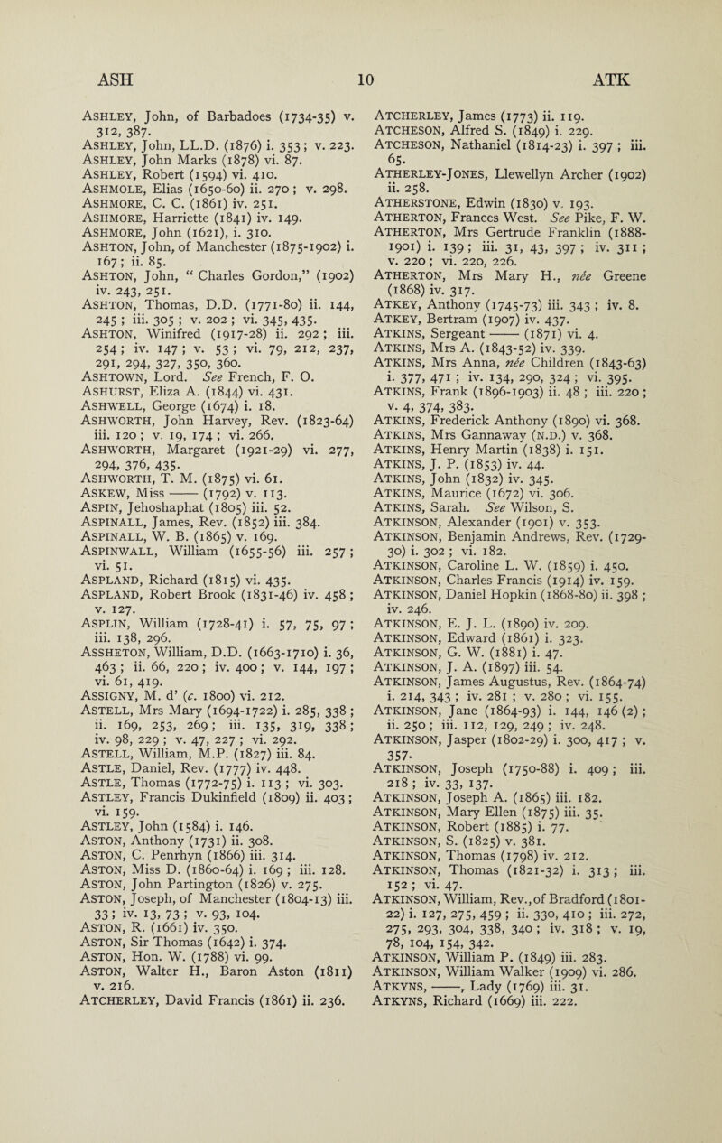 Ashley, John, of Barbadoes (1734-35) v. 312, 387- Ashley, John, LL.D. (1876) i. 353; v. 223. Ashley, John Marks (1878) vi. 87. Ashley, Robert (1594) vi. 410. Ashmole, Elias (1650-60) ii. 270 ; v. 298. Ashmore, C. C. (1861) iv. 251. Ashmore, Harriette (1841) iv. 149. Ashmore, John (1621), i. 310. Ashton, John, of Manchester (1875-1902) i. 167; ii. 85. Ashton, John, “ Charles Gordon,” (1902) iv. 243, 251. Ashton, Thomas, D.D. (1771-80) ii. 144, 245 ; hi. 305 ; v. 202 ; vi. 345, 435. Ashton, Winifred (1917-28) ii. 292; iii. 254; iv. 147; V. 53; vi. 79, 212, 237, 291, 294, 327, 350, 360. Ashtown, Lord. See French, F. O. Ashurst, Eliza A. (1844) vi. 431. Ashwell, George (1674) i. 18. Ashworth, John Harvey, Rev. (1823-64) iii. 120 ; V. 19, 174 ; vi. 266. Ashworth, Margaret (1921-29) vi. 277, 294, 376, 435. Ashworth, T. M. (1875) vi. 61. Askew, Miss-(1792) v. 113. Aspin, Jehoshaphat (1805) iii. 52. Aspinall, James, Rev. (1852) iii. 384. Aspinall, W. B. (1865) V. 169. Aspinwall, William (1655-56) iii. 257; vi. 51. Aspland, Richard (1815) vi. 435. Aspland, Robert Brook (1831-46) iv. 458 ; V. 127. Asplin, William (1728-41) i. 57, 75, 97 ; iii. 138, 296. Assheton, William, D.D. (1663-1710) i. 36, 463 ; ii. 66, 220 ; iv. 400; v. 144, 197 ; vi. 61, 419. Assigny, M. d’ {c. 1800) vi. 212. Astell, Mrs Mary (1694-1722) i. 285, 338 ; ii. 169, 253, 269; iii. 135, 319, 338; iv. 98, 229 ; V. 47, 227 ; vi. 292. Astell, William, M.P. (1827) hi. 84. Astle, Daniel, Rev. (1777) iv. 448. Astle, Thomas (1772-75) i. 113 ; vi. 303. Astley, Francis Dukinfield (1809) ii. 403; vi. 159. Astley, John (1584) i. 146. Aston, Anthony (1731) ii. 308. Aston, C. Penrhyn (1866) iii. 314. Aston, Miss D. (1860-64) i- 169; iii. 128. Aston, John Partington (1826) v. 275. Aston, Joseph, of Manchester (1804-13) iii. 33; iv. 13, 73 ; V. 93, 104. Aston, R. (1661) iv. 350. Aston, Sir Thomas (1642) i. 374. Aston, Hon. W. (1788) vi. 99. Aston, Walter H., Baron Aston (1811) V. 216. Atcherley, David Francis (1861) ii. 236. Atcherley, James (1773) ii. 119. Atcheson, Alfred S. (1849) i- 229. Atcheson, Nathaniel (1814-23) i. 397 ; iii. 65. Atherley-Jones, Llewellyn Archer (1902) ii. 258. Atherstone, Edwin (1830) v. 193. Atherton, Frances West. See Pike, F. W. Atherton, Mrs Gertrude Franklin (1888- 1901) i. 139; iii. 31, 43, 397; iv. 311 ; V. 220 ; vi. 220, 226. Atherton, Mrs Mary H., nee Greene (1868) iv. 317. Atkey, Anthony (1745-73) iii. 343 ; iv. 8. Atkey, Bertram (1907) iv. 437. Atkins, Sergeant-(1871) vi. 4. Atkins, Mrs A. (1843-52) iv. 339. Atkins, Mrs Anna, nee Children (1843-63) i- 377, 471 ; iv. 134, 290, 324 ; vi. 395. Atkins, Frank (1896-1903) ii. 48 ; iii. 220 ; V. 4, 374, 383. Atkins, Frederick Anthony (1890) vi. 368. Atkins, Mrs Gannaway (N.D.) v. 368. Atkins, Henry Martin (1838) i. 151. Atkins, J. P. (1853) iv. 44. Atkins, John (1832) iv. 345. Atkins, Maurice (1672) vi. 306. Atkins, Sarah. See Wilson, S. Atkinson, Alexander (1901) v. 353. Atkinson, Benjamin Andrews, Rev. (1729- 30) i. 302 ; vi. 182. Atkinson, Caroline L. W. (1859) i. 450. Atkinson, Charles Francis (1914) iv. 159. Atkinson, Daniel Hopkin (1868-80) ii. 398 ; iv. 246. Atkinson, E. J. L. (1890) iv. 209. Atkinson, Edward (1861) i. 323. Atkinson, G. W. (1881) i. 47. Atkinson, J. A. (1897) hi. 54. Atkinson, James Augustus, Rev. (1864-74) i. 214, 343 ; iv. 281 ; v. 280 ; vi. 155. Atkinson, Jane (1864-93) i. 144, 146 (2); ii. 250 ; iii. 112, 129, 249 ; iv. 248. Atkinson, Jasper (1802-29) i. 300, 417 ; v. 357* Atkinson, Joseph (1750-88) i. 409; iii. 218 ; iv. 33, 137. Atkinson, Joseph A. (1865) iii. 182. Atkinson, Mary Ellen (1875) iii- 35- Atkinson, Robert (1885) i. 77. Atkinson, S. (1825) v. 381. Atkinson, Thomas (1798) iv. 212. Atkinson, Thomas (1821-32) i. 313; iii. 152 ; vi. 47. Atkinson, William, Rev.,of Bradford (1801- 22) i. 127, 275, 459 ; ii. 330, 410 ; iii. 272, 275» 293, 304, 338, 340; iv. 318 ; V. 19, 78, 104, 154, 342. Atkinson, William P. (1849) iii. 283. Atkinson, William Walker (1909) vi. 286. Atkyns,-, Lady (1769) iii. 31. Atkyns, Richard (1669) iii. 222.