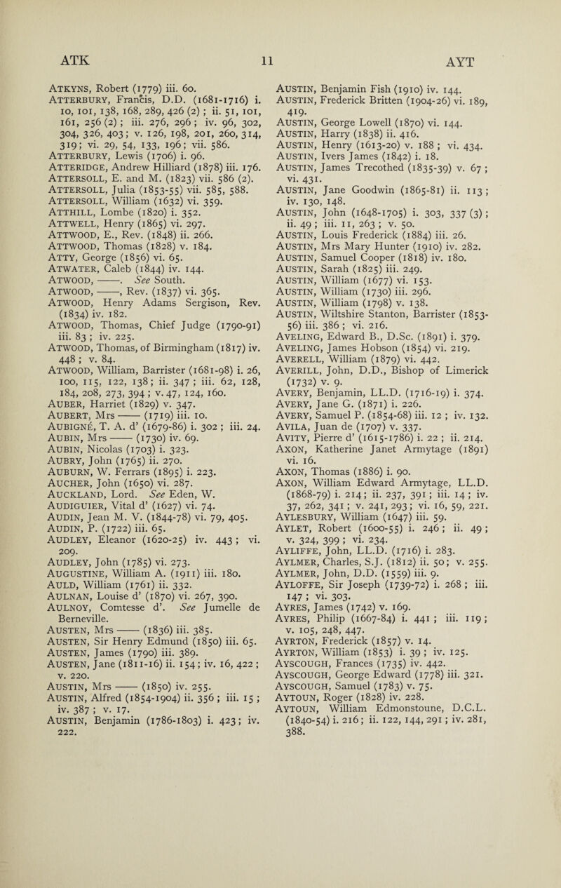 Atkyns, Robert (1779) iii- 60. Atterbury, Francis, D.D. (1681-1716) i. 10, loi, 138, 168, 289, 426 (2) ; ii. 51, loi, 161, 256 (2) ; iii. 276, 296 ; iv. 96, 302, 304, 326, 403; V. 126, 198, 201, 260, 314, 319; vi. 29, 54, 133, 196; vii. 586. Atterbury, Lewis (1706) i. 96. Atteridge, Andrew Hilliard (1878) iii. 176. Attersoll, E. and M. (1823) vii. 586 (2). Attersoll, Julia (1853-55) vii. 585, 588. Attersoll, William (1632) vi. 359. Atthill, Lombe (1820) i. 352. Attwell, Henry (1865) vi. 297. Attwood, E., Rev. (1848) ii. 266. Attwood, Thomas (1828) v. 184. Atty, George (1856) vi. 65. Atwater, Caleb (1844) iv. 144. Atwood,-. See South. Atwood,-, Rev. (1837) vi. 365. Atwood, Henry Adams Sergison, Rev. (1834) iv. 182. Atwood, Thomas, Chief Judge (1790-91) iii. 83 ; iv. 225. Atwood, Thomas, of Birmingham (1817) iv. 448 ; V. 84. Atwood, William, Barrister (1681-98) i. 26, 100, 115, 122, 138; ii. 347; iii. 62, 128, 184, 208, 273, 394 ; V.47, 124, 160. Auber, Harriet (1829) v. 347. Aubert, Mrs-(1719) iii- 10. Aubigne, T. a. d’ (1679-86) i. 302 ; iii. 24. Aubin, Mrs-(1730) iv. 69. Aubin, Nicolas (1703) i. 323. Aubry, John (1765) ii. 270. Auburn, W. Ferrars (1895) i. 223. Aucher, John (1650) vi. 287. Auckland, Lord. See Eden, W. Audiguier, Vital d’ (1627) vi. 74. Audin, Jean M. V. (1844-78) vi. 79, 405. Audin, P. (1722) iii. 65. Audley, Eleanor (1620-25) iv. 443 ; vi. 209. Audley, John (1785) vi. 273. Augustine, William A. (1911) iii. 180. Auld, William (1761) ii. 332. Aulnan, Louise d’ (1870) vi. 267, 390. Aulnoy, Comtesse d’. See Jumelle de Berneville. Austen, Mrs-(1836) iii. 385. Austen, Sir Henry Edmund (1850) iii. 65. Austen, James (1790) iii. 389. Austen, Jane (1811-16) ii. 154; iv. 16, 422 ; V. 220. Austin, Mrs-(1850) iv. 255. Austin, Alfred (1854-1904) ii. 356 ; iii. 15 ; iv. 387 ; V. i7._ Austin, Benjamin (1786-1803) i. 423; iv. 222. Austin, Benjamin Fish (1910) iv. 144. Austin, Frederick Britten (1904-26) vi. 189, 419- Austin, George Lowell (1870) vi. 144. Austin, Harry (1838) ii. 416. Austin, Henry (1613-20) v. 188 ; vi. 434. Austin, Ivers James (1842) i. 18. Austin, James Trecothed (1835-39) v. 67 ; vi. 431. Austin, Jane Goodwin (1865-81) ii. 113; iv. 130, 148. Austin, John (1648-1705) i. 303, 337 (3); ii. 49 ; iii. ii, 263 ; v. 50. Austin, Louis Frederick (1884) iii. 26. Austin, Mrs Mary Hunter (1910) iv. 282. Austin, Samuel Cooper (1818) iv. 180. Austin, Sarah (1825) iii. 249. Austin, William (1677) vi. 153. Austin, William (1730) iii. 296. Austin, William (1798) v. 138. Austin, Wiltshire Stanton, Barrister (1853- 56) iii. 386 ; vi. 216. Aveling, Edward B., D.Sc. (1891) i. 379. Aveling, James Hobson (1854) vi. 219. Averell, William (1879) vi. 442. Averill, John, D.D., Bishop of Limerick (1732) V. 9. Avery, Benjamin, LL.D. (1716-19) i. 374. Avery, Jane G. (1871) i. 226. Avery, Samuel P. (1854-68) iii. 12 ; iv. 132. Avila, Juan de (1707) v. 337. Avity, Pierre d’ (1615-1786) i. 22 ; ii. 214. Axon, Katherine Janet Armytage (1891) vi. 16. Axon, Thomas (1886) i. 90. Axon, William Edward Armytage, LL.D. (1868-79) i. 214; ii. 237, 391 ; iii. 14 ; iv. 37, 262, 341 ; V. 241, 293; vi. 16, 59, 221. Aylesbury, William (1647) iii. 59. Aylet, Robert (1600-55) i- 246 ; ii. 49 ; V. 324, 399 ; vi. 234. Ayliffe, John, LL.D. (1716) i. 283. Aylmer, Charles, S.J. (1812) ii. 50; v. 255. Aylmer, John, D.D. (1559) iii. 9. Ayloffe, Sir Joseph (1739-72) i. 268 ; iii. 147 ; vi. 303. Ayres, James (1742) v. 169. Ayres, Philip (1667-84) i. 441; iii. 119; V. 105, 248, 447. Ayrton, Frederick (1857) v. 14. Ayrton, William (1853) i- 39 I iv. 125. Ayscough, Frances (1735) iv. 442. Ayscough, George Edward (1778) iii. 321. Ayscough, Samuel (1783) v. 75. Aytoun, Roger (1828) iv. 228. Aytoun, William Edmonstoune, D.C.L. (1840-54) i. 216; ii. 122, 144, 291; iv. 281, 388.