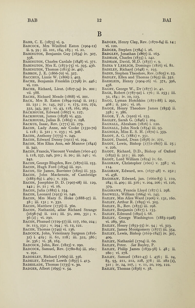 A Babb, C. E. (1875) vi. 9. Babcock, Mrs Winifred Eaton (1904-12) ii. 9, 59 ; iii. loi, 184, 185 ; vi. 21. Babington, Benjamin Guy (1854) iv. 307, 338. Babington, Charles Cardale (1848) vi. 371. Babington, Mrs E. (1873-75) vi. 395, 436. Babington, Thomas (1813) iv. 407. Babron, J. E. (1866-70) vi. 327. Bacchus, Lizzie W. (1866) i. 403. Bache, Benjamin Franklin (1798) iv. 446; vi. 120. Bache, Richard, Lieut. (1827-34) iv. 201; vii. 588. Bache, Richard Meade (1868) vi. 201. Back, Mrs B. Eaton (1894-1924) ii. 215 ; iii. 231 ; iv. 145, 297 ; v. 175, 210, 272, 332, 343» 392 ; vi. 43, 118, 161, 263. Backhouse, Edward (1867) v. 127. Backhouse, James (1838) vi. 433. Backhouse, Julius B. (1865) v. 198. Backus, Isaac, Rev. (1771) iii. 279. Bacon, Lady Anne, nee Cooke (1550-70) i. 118 ; ii. 321 ; v. 233 ; vi. 308. Bacon, Anthony (1775) v. 249. Bacon, Edward Denny (1911) vi. 294. Bacon, Mrs Eliza Ann, nee Munroe (1842) ii. 342. Bacon, Francis, Viscount Verulam (1601-41) i. 118, 237, 246, 310 ; ii. 20 ; iii. 246 ; vi. 242. Bacon, George Blagden, Rev. (1870) iii. 255. Bacon, Hugh Ford (1834) iii. 291. Bacon, Sir James, Barrister (1829) iii. 353. Bacon, John Mackenzie, of Cambridge (1885-89) i. 469 ; V. 259. Bacon, Josephine D. D. (1907-08) iii. 129, 142 ; iv. 21 ; vi. 16. Bacon, Julia (1882) i. 254. Bacon, Leonard (1923) vi. 140. Bacon, Mrs Mary S. Hoke (1888-97) ii. 58 ; iii. 131 ; v. 332. Bacon, Matthew (1756) ii. 360. Bacon, Nathaniel, alias Richard Strange (1638-74) ii. 222; iii. 51, 200, 351; V. 56 (2) ; vi. 290. Bacon, Phanuel (1729-57) iii. 117, 160, 224 ; iv. 113, 232 ; V. 294 ; vi. 12, 121. Bacon, Thomas (1749) vi. 136. BADCOCK, John, Veterinary Surgeon (1816- 31) i. 429; ii. 61, 118; iii. 322, 386; iv. 336 ; vi. 38, 165. Badcock, John, Rev. (1823) v. 290. Badcock, Samuel, Rev. (1780-82) iii. 260; V. 291. Baddeley, Richard (1669) iii. 356. Badeley, Edward Lowth (1857) i. 413. Badeslade, Thomas (1735) v. 30. Badger, Albert (1695) v. 54. Badger, Henry Clay, Rev. (1870-84) ii. 14 ; vi. 120. Badger, Stephen (1784) i. 26. Badgley, Jonathan (1867) ii. 163. Badham, Charles (1835) i. 242. Badham, David, M.D. (1837) v. 9. Badia Y Leblich, Domingo (1816) vi. 81. Badiley, Richard (1648) v. 193. Badin, Stephen Theodore, Rev. (1805) v. 23. Bad LEY, Ellen and Thomas (1893) iii. 352. Baerlein, Henry (1904-26) vi. 371, 396, 438. Bagby, George W., Dr (1877) iv. 41. Bage, Robert (1787-92) i. 176 ; ii. 253 ; iii. 32, 184 ; iv. 10, 123. _ Bagg, Lyman Hotchkiss (1871-88) i. 292, 468 ; ii. 320 ; vi. 16. Bagge, Henry Theodore James (1852) ii. 358 ; V. 386. Bagge, T. A. (1910) vi. 155. Bagley, Sarah G. (1846) i. 204. Bagnall, Abraham (1826) i. 120. Bagnall, John Nock (1854) iii, 93. Bagnold, Miss E. S. H. (1870) i. 359. Bagot, a. G. (1881) V. 351. Bagot, Daniel, Dean (1858) iv. 271. Bagot, Lewis, Bishop (1772-1807) ii. 25 ; V. 226. Bagot, Richard, D.D., Bishop of Oxford (1832) ii. 312 ; iii. 296. Bagot, Lord William (1824) iv. 62. Bagshaw, Christopher (1601) v. 338 ; vi. 114. Bagshaw, Edward, sen. (1637-48) v. 252 ; vi. 438. Bagshaw, Edward, jun. (1660-83) i- 284; ii. 409; iii. 316; v. 204, 206; vi. 126, 379- Bagshawe, Francis Lloyd (1871) i. 298. Bagwell, William (1664) vi, 245. Bailey, Mrs Alice Ward (1906) v. 131, 160. Bailey, Arthur R. (1895) vi. 305. Bailey, B., Rev. (1835) iii. 298. Bailey, Benjamin (1817) i. 155. Bailey, Edmund (1892) i. 68. Bailey, George Washington (1885-1928) vi. 289, 362. Bailey, Henry (1853-55) iv. 94 ; vi. 323. Bailey, James Montgomery (1877) iii. 354. Bailey, Lewis, Bishop (1619-1847) iv. 307, 409. Bailey, Nathaniel (1704) ii. 60. Bailey, Peter. See Bayley, P. Bailey, Philip James (1839-58) i. 48; ii. 280; vi. 278. Bailey, Samuel (1821-43) i. 456; ii. 24, 85, 93, 211, 212, 228, 378; iii. 282(2), 321 ; iv. 24, 107, ; V. II, 20, 109, 122. Bailey, Thomas (1836) v. 38.