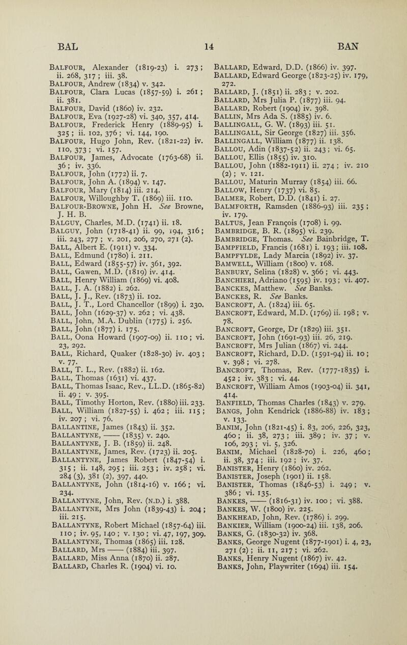 Balfour, Alexander (1819-23) i. 273; ii. 268, 317 ; iii. 38. Balfour, Andrew (1834) v. 342. Balfour, Clara Lucas (1857-59) i. 261 ; ii. 381. Balfour, David (i860) iv. 232. Balfour, Eva (1927-28) vi. 340, 357, 414. Balfour, Frederick Henry (1889-95) i. 325 ; ii. 102, 376 ; vi. 144, 190. Balfour, Hugo John, Rev. (1821-22) iv. no, 373 ; vi. 157. Balfour, James, Advocate (1763-68) ii. 36; iv. 336. Balfour, John (1772) ii. 7. Balfour, John A. (1894) v. 147. Balfour, Mary (1814) iii. 214. Balfour, Willoughby T. (1869) iii. no. Balfour-Browne, John H. See Browne, J. H. B. Balguy, Charles, M.D. (1741) ii. 18. Balguy, John (1718-41) ii. 99, 194, 316; iii. 243, 277 ; V. 201, 206, 270, 271 (2). Ball, Albert E. (1911) V. 334. Ball, Edmund (1780) i. 211. Ball, Edward (1855-57) iv. 361, 392. Ball, Gawen, M.D. (1819) iv. 414. Ball, Henry William (1869) vi. 408. Ball, J. A. (1882) i. 262. Ball, J. J., Rev. (1873) ii. 102. Ball, J. T., Lord Chancellor (1899) i. 230. Ball, John (1629-37) v. 262 ; vi. 438. Ball, John, M.A. Dublin (1775) i. 256. Ball, John (1877) i. 175. Ball, Oona Howard (1907-09) ii. no; vi. 23, 292. Ball, Richard, Quaker (1828-30) iv. 403 ; V. 77. Ball, T. L., Rev. (1882) ii. 162. Ball, Thomas (1631) vi. 437. Ball, Thomas Isaac, Rev., LL.D. (1865-82) ii. 49; V. 395. Ball, Timothy Horton, Rev. (1880) iii. 233. Ball, William (1827-55) i. 462; iii. 115; iv. 207 ; vi. 76. Ballantine, James (1843) ii. 352. Ballantyne,-(1835) V. 240. Ballantyne, j. B. (1859) ii. 248. Ballantyne, James, Rev. (1723) ii. 205. Ballantyne, James Robert (1847-54) i. 315 ; ii. 148, 295 ; iii. 253 ; iv. 258 ; vi. 284(3), 381 (2), 397, 440. Ballantyne, John (1814-16) v. 166; vi. 234. Ballantyne, John, Rev. (n.d.) i. 388. Ballantyne, Mrs John (1839-43) i. 204; iii. 215. Ballantyne, Robert Michael (1857-64) iii. no ; iv. 95, 140 ; v. 130 ; vi. 47, 197, 309. Ballantyne, Thomas (1865) iii. 128. Ballard, Mrs-(1884) iii. 397. Ballard, Miss Anna (1870) ii. 287. Ballard, Charles R. (1904) vi. 10. Ballard, Edward, D.D. (1866) iv. 397. Ballard, Edward George (1823-25) iv. 179, 272. Ballard, J. (1851) ii. 283 ; v. 202. Ballard, Mrs Julia P. (1877) iii. 94. Ballard, Robert (1904) iv. 398. Ballin, Mrs Ada S. (1885) iv. 6. Ballingall, G. W. (1893) iii. 51. Ballingall, Sir George (1827) iii. 356. Ballingall, William (1877) ii. 138. Ballou, Adin (1837-52) ii. 243; vi. 65. Ballou, Ellis (1855) iv. 310. Ballou, John (1882-1911) ii. 274; iv. 210 (2); V. 121. Ballou, Maturin Murray (1854) iii. 66. Ballow, Henry (1737) vi. 85. Balmer, Robert, D.D. (1841) i. 27. Balmforth, Ramsden (1886-93) iii. 235 ; iv. 179. Baltus, Jean Frangois (1708) i. 99. Bambridge, B. R. (1895) vi. 239. Bambridge, Thomas. See Bainbridge, T. Bampfield, Francis (1681) i. 193; iii. 108. Bampfylde, Lady Marcia (1892) iv. 37. Bamwell, William (1800) v. 168. Banbury, Selina (1828) v. 366 ; vi. 443. Banchieri, Adriano (1595) iv. 193 ; vi. 407. Banckes, Matthew. See Banks. Banckes, R. See Banks. Bancroft, A. (1824) hi. 65. Bancroft, Edward, M.D. (1769) ii. 198 ; v. 78. Bancroft, George, Dr (1829) hi. 351. Bancroft, John (1691-93) iii. 26, 219. Bancroft, Mrs Julian (1867) vi. 244. Bancroft, Richard, D.D. (1591-94) ii. 10; V. 398 ; vi. 278. Bancroft, Thomas, Rev. (1777-1835) i. 452 ; iv. 383 ; vi. 44- Bancroft, William Amos (1903-04) ii. 341, 414. Banfield, Thomas Charles (1843) v. 279. Bangs, John Kendrick (1886-88) iv. 183 ; V. 133- Banim, John (1821-45) i- 83, 206, 226, 323, 460; ii. 38, 273 ; iii. 389 ; iv. 37 ; v. 106, 293 ; vi. 5, 326. Banim, Michael (1828-70) i. 226, 460; ii- 38, 374 ; iii. 192 ; iv. 37- Banister, Henry (i860) iv. 262. Banister, Joseph (1901) ii. 158. Banister, Thomas (1846-53) i. 249; v. 386; vi. 135. Bankes,-(1816-31) iv. 100 ; vi. 388. Bankes, W. (1800) iv. 225. Bankhead, John, Rev. (1786) i. 299. Bankier, William (1900-24) iii. 138, 206. Banks, G. (1830-32) iv. 368. Banks, George Nugent (1877-1901) i. 4, 23, 271 (2); ii. 11, 217 ; vi. 262. Banks, Henry Nugent (1867) iv. 42. Banks, John, Playwriter (1694) iii. 154.