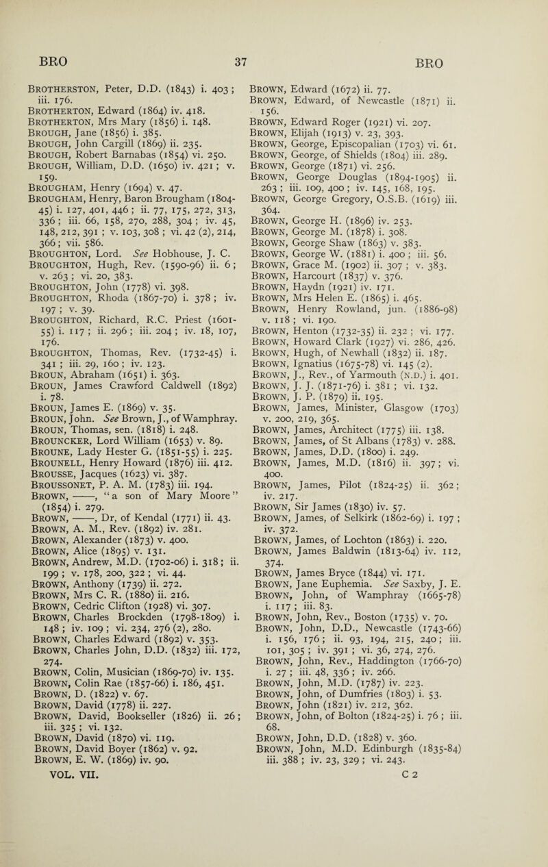 Brotherston, Peter, D.D. (1843) i- 403 ; iii. 176. Brotherton, Edward (1864) iv. 418. BrothertoN, Mrs Mary (1856) i. 148. Brough, Jane (1856) i. 385. Brough, John Cargill (1869) ii. 235. Brough, Robert Barnabas (1854) vi. 250. Brough, William, D.D. (1650) iv. 421; v. 159- Brougham, Henry (1694) v. 47. Brougham, Henry, Baron Brougham (1804- 45) i. 127, 401, 446 ; ii. 77, 17s, 272, 313, 336; iii. 66, 158, 270, 288, 304; iv. 45, 148, 212, 391 ; V. 103, 308 ; vi. 42 (2), 214, 366; vii. 586. Broughton, Lord. See Hobhouse, J. C. Broughton, Hugh, Rev. (1590-96) ii. 6; V. 263 ; vi. 20, 383. Broughton, John (1778) vi. 398. Broughton, Rhoda (1867-70) i. 378 ; iv. 197 ; V. 39. Broughton, Richard, R.C. Priest (1601- 55) i. 117 ; ii. 296 ; iii. 204 ; iv. 18, 107, 176. Broughton, Thomas, Rev. (1732-45) i. 341 ; iii. 29, 160; iv. 123. Broun, Abraham (1651) i. 363. Broun, James Crawford Caldwell (1892) i. 78. Broun, James E. (1869) v. 35. Broun, John. See Brown, J., of Wamphray. Broun, Thomas, sen. (1818) i. 248. Brouncker, Lord William (1653) v. 89. Broune, Lady Hester G. (1851-55) i. 225. Brounell, Henry Howard (1876) iii. 412. Brousse, Jacques (1623) vi. 387. Broussonet, P. a. M. (1783) iii. 194. Brown,-, “a son of Mary Moore” (1854) i. 279. Brown,-, Dr, of Kendal (1771) ii. 43. Brown, A. M., Rev. (1892) iv. 281. Brown, Alexander (1873) v. 400. Brown, Alice (1895) v. 131. Brown, Andrew, M.D. (1702-06) i. 318; ii. 199 ; V. 178, 200, 322 ; vi. 44. Brown, Anthony (1739) ii. 272. Brown, Mrs C. R. (1880) ii. 216. Brown, Cedric Clifton (1928) vi. 307. Brown, Charles Brockden (1798-1809) i. 148 ; iv. 109 ; vi. 234, 276 (2), 280. Brown, Charles Edward (1892) v. 353. Brown, Charles John, D.D. (1832) iii. 172, 274. Brown, Colin, Musician (1869-70) iv. 135. Brown, Colin Rae (1857-66) i. 186, 451. Brown, D. (1822) v. 67. Brown, David (1778) ii. 227. Brown, David, Bookseller (1826) ii. 26; iii. 325 ; vi. 132. Brown, David (1870) vi. 119. Brown, David Boyer (1862) v. 92. Brown, E. W. (1869) iv. 90. VOL. VII. Brown, Edward (1672) ii. 77. Brown, Edward, of Newcastle (1871) ii. 156. Brown, Edward Roger (1921) vi. 207. Brown, Elijah (1913) v. 23, 393. Brown, George, Episcopalian (1703) vi. 61. Brown, George, of Shields (1804) iii. 289. Brown, George (1871) vi. 256. Brown, George Douglas (1894-1905) ii. 263 ; iii. 109, 400 ; iv. 145, 168, 195. Brown, George Gregory, O.S.B. (1619) iii. 364- Brown, George H. (1896) iv. 253. Brown, George M. (1878) i. 308. Brown, George Shaw (1863) v. 383. Brown, George W. (1881) i. 400 ; iii. 56. Brown, Grace M. (1902) ii. 307 ; v. 383. Brown, Harcourt (1837) v. 376. Brown, Haydn (1921) iv. 171. Brown, Mrs Helen E. (1865) i. 465. Brown, Henry Rowland, jun. (1886-98) V. 118 ; vi. 190. Brown, Henton (1732-35) ii. 232 ; vi. 177. Brown, Howard Clark (1927) vi. 286, 426. Brown, Hugh, of Newhall (1832) ii. 187. Brown, Ignatius (1675-78) vi. 145 (2). Brown, J., Rev., of Yarmouth (n.d.) i. 401. Brown, J. J. (1871-76) i. 381 ; vi. 132. Brown, J. P. (1879) ii..i95. Brown, James, Minister, Glasgow (1703) V. 200, 219, 365. Brown, James, Architect (1775) iii. 138. Brown, James, of St Albans (1783) v. 288. Brown, James, D.D. (1800) i. 249. Brown, James, M.D. (1816) ii. 397; vi. 400. Brown, James, Pilot (1824-25) ii. 362; iv. 217. Brown, Sir James (1830) iv. 57. Brown, James, of Selkirk (1862-69) i- ^97 1 iv. 372. Brown, James, of Lochton (1863) i. 220. Brown, James Baldwin (1813-64) iv. 112, 374- Brown, James Bryce (1844) vi. 171. Brown, Jane Euphemia. See Saxby, J. E. Brown, John, of Wamphray (1665-78) i. 117 ; iii. 83. Brown, John, Rev., Boston (1735) v. 70. Brown, John, D.D., Newcastle (1743-66) i. 156, 176; ii. 93, 194, 215, 240; iii. loi, 305 ; iv. 391 ; vi. 36, 274, 276. Brown, John, Rev., Haddington (1766-70) i. 27 ; iii. 48, 336 ; iv. 266. Brown, John, M.D. (1787) iv. 223. Brown, John, of Dumfries (1803) i. 53. Brown, John (1821) iv. 212, 362. Brown, John, of Bolton (1824-25) i. 76 ; iii. 68. Brown, John, D.D. (1828) v. 360. Brown, John, M.D. Edinburgh (1835-84) iii. 388 ; iv. 23, 329 ; vi. 243. C 2