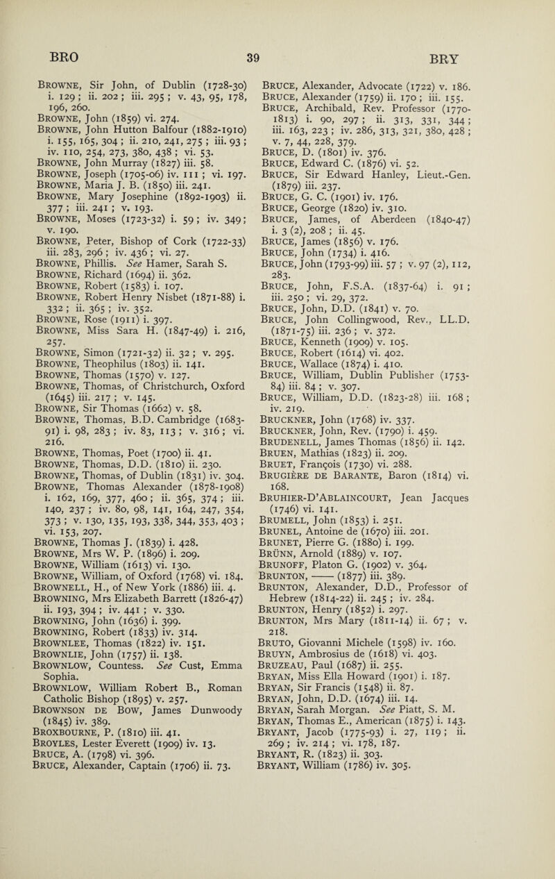 Browne, Sir John, of Dublin (1728-30) i. 129 ; ii. 202 ; hi. 295 ; v. 43, 95, 178, 196, 260. Browne, John (1859) vi. 274. Browne, John Hutton Balfour (1882-1910) i- 155. 165, 304 ; ii. 210, 241, 275 ; hi. 93 ; iv. no, 254, 273, 380, 438 ; vi. 53. Browne, John Murray (1827) hi. 58. Browne, Joseph (1705-06) iv. in ; vi. 197. Browne, Maria J. B. (1850) hi. 241. Browne, Mary Josephine (1892-1903) h. 377 ; hi. 241 ; v. 193. Browne, Moses (1723-32) i. 59; iv. 349; V. 190. Browne, Peter, Bishop of Cork (1722-33) hi. 283, 296 ; iv. 436 ; vi. 27. Browne, Phillis. See Hamer, Sarah S. Browne, Richard (1694) ii. 362. Browne, Robert (1583) i. 107. Browne, Robert Henry Nisbet (1871-88) i. 332 ; ii. 365 ; iv. 352. Browne, Rose (1911) i. 397. Browne, Miss Sara H. (1847-49) i- 216, 257. Browne, Simon (1721-32) h. 32 ; v. 295. Browne, Theophilus (1803) ii. 141. Browne, Thomas (1570) v. 127. Browne, Thomas, of Christchurch, Oxford (1645) iii-. 217 ; V. 145. Browne, Sir Thomas (1662) v. 58. Browne, Thomas, B.D. Cambridge (1683- 91) i. 98, 283; iv. 83, 113; V. 316; vi. 216. Browne, Thomas, Poet (1700) ii. 41. Browne, Thomas, D.D. (1810) ii. 230. Browne, Thomas, of Dublin (1831) iv. 304. Browne, Thomas Alexander (1878-1908) i. 162, 169, 377, 460 ; ii. 365, 374 ; hi. 140, 237 ; iv. 80, 98, 141, 164, 247, 354, 373 ; V. 130, 135, 193, 338, 344, 353, 403 ; vi. 153, 207. Browne, Thomas J. (1839) i- 428. Browne, Mrs W. P. (1896) i. 209. Browne, William (1613) vi. 130. Browne, William, of Oxford (1768) vi. 184. Brownell, H., of New York (1886) hi. 4. Browning, Mrs Elizabeth Barrett (1826-47) ii- 193, 394 ; iv. 441 ; v. 330. Browning, John (1636) i. 399. Browning, Robert (1833) iv. 314. Brownlee, Thomas (1822) iv. 151. Brownlie, John (1757) ii. 138. Brownlow, Countess. See Cust, Emma Sophia. Brownlow, William Robert B., Roman Catholic Bishop (1895) v. 257. Brownson de Bow, James Dunwoody (1845) iv. 389. Broxbourne, P. (1810) hi. 41. Broyles, Lester Everett (1909) iv. 13. Bruce, A. (1798) vi. 396. Bruce, Alexander, Captain (1706) ii. 73. Bruce, Alexander, Advocate (1722) v. 186. Bruce, Alexander (1759) ii. 170 ; hi. 155. Bruce, Archibald, Rev. Professor (1770- 1813) i. 90, 297; ii. 313, 331, 344; hi. 163, 223 ; iv. 286, 313, 321, 380, 428 ; V. 7, 44, 228, 379. Bruce, D. (1801) iv. 376. Bruce, Edward C. (1876) vi. 52. Bruce, Sir Edward Hanley, Lieut.-Gen. (1879) hi. 237. Bruce, G. C. (1901) iv. 176. Bruce, George (1820) iv. 310. Bruce, James, of Aberdeen (1840-47) i. 3 (2), 208 ; ii. 45. Bruce, James (1856) v. 176. Bruce, John (1734) i. 416. Bruce, John (1793-99) iii- 57 ; v. 97 (2), 112, 283. Bruce, John, F.S.A. (1837-64) i. 91 ; iii. 250 ; vi. 29, 372. Bruce, John, D.D. (1841) v. 70. Bruce, John Collingwood, Rev., LL.D. (1871-75) iii. 236 ; V. 372. Bruce, Kenneth (1909) v. 105. Bruce, Robert (1614) vi. 402. Bruce, Wallace (1874) i. 410. Bruce, William, Dublin Publisher (1753- 84) iii. 84 ; V. 307. Bruce, William, D.D. (1823-28) iii. 168 ; iv. 219. Bruckner, John (1768) iv. 337. Bruckner, John, Rev. (1790) i. 459. Brudenell, James Thomas (1856) ii. 142. Bruen, Mathias (1823) ii. 209. Bruet, Francois (1730) vi. 288. Brugiere de Barante, Baron (1814) vi. 168. Bruhier-D’Ablaincourt, Jean Jacques (1746) vi. 141. Brumell, John (1853) i. 251. Brunel, Antoine de (1670) iii. 201. Brunet, Pierre G. (1880) i. 199. Brunn, Arnold (1889) v. 107. Brunoff, Platon G. (1902) v. 364. Brunton,-(1877) iii. 389. Brunton, Alexander, D.D., Professor of Hebrew (1814-22) ii. 245 ; iv. 284. Brunton, Henry (1852) i. 297. Brunton, Mrs Mary (1811-14) ii. 67; v. 218. Bruto, Giovanni Michele (1598) iv. 160. Bruyn, Ambrosius de (1618) vi. 403. Bruzeau, Paul (1687) ii. 255. Bryan, Miss Ella Howard (1901) i. 187. Bryan, Sir Francis (1548) ii. 87. Bryan, John, D.D. (1674) iii. 14. Bryan, Sarah Morgan. See Piatt, S. M. Bryan, Thomas E., American (1875) i. 143. Bryant, Jacob (1775-93) i- 27, 119; ii. 269 ; iv. 214 ; vi. 178, 187. Bryant, R. (1823) ii. 303. Bryant, William (1786) iv. 305.