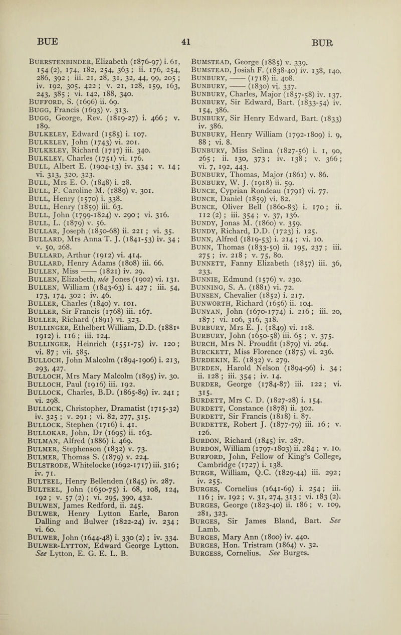 Buerstenbinder, Elizabeth (1876-97) i. 61, 154(2), 174, 182, 254, 363; ii. 176, 254, 286, 392 ; iii. 21, 28, 31, 32, 44, 99, 205 ; iv. 192, 305, 422; V. 21, 128, 159, 163, 243, 385 ; vi. 142, 188, 340. Bufford, S. (1696) ii. 69. Bugg, Francis (1693) v. 313. Bugg, George, Rev. (1819-27) i. 466; v. 189. Bulkeley, Edward (1585) i. 107. Bulkeley, John (1743) vi. 201. Bulkeley, Richard (1717) iii. 340. Bulkley, Charles (1751) vi. 176. Bull, Albert E. (1904-13) iv. 334; v. 14; vi. 313, 320, 323. Bull, Mrs E. O. (1848) i. 28. Bull, F. Caroline M. (1889) v. 301. Bull, Henry (1570) i. 338. Bull, Henry (1859) iii. 63. Bull, John (1799-1824) v. 290 ; vi. 316. Bull, L. (1879) v. 56. Bullar, Joseph (1850-68) ii. 221 ; vi. 35. Bullard, Mrs Anna T. J. (1841-53) iv. 34 ; V. 50, 268. Bullard, Arthur (1912) vi. 414. Bullard, Henry Adams (1808) iii. 66. Bullen, Miss-(1821) iv. 29. Bullen, Elizabeth, nee Jones (1902) vi. 131. Bullen, William (1843-63) i. 427 ; iii. 54, 173, 174, 302 ; iv. 46. Buller, Charles (1840) v. loi. Buller, Sir Francis (1768) iii. 167. Buller, Richard (1891) vi. 323. Bullinger, Ethelbert William, D.D. (1881^ 1912) i. 116 ; iii. 124. Bullinger, Heinrich (1551-75) iv. 120; vi. 87 ; vii. 585. Bulloch, John Malcolm (1894-1906) i. 213, 293, 427. Bulloch, Mrs Mary Malcolm (1895) iv. 30. Bulloch, Paul (1916) iii. 192. Bullock, Charles, B.D. (1865-89) iv. 241 ; vi. 298. Bullock, Christopher, Dramatist (1715-32) iv. 325 ; V. 291 ; vi. 82, 277, 315. Bullock, Stephen (1716) i. 41. Bullokar, John, Dr (1695) ii. 163. Bulman, Alfred (1886) i. 469. Bulmer, Stephenson (1832) v. 73. Bulmer, Thomas S. (1879) v. 224. Bulstrode, Whitelocke (1692-1717) iii. 316; iv. 71. Bulteel, Henry Bellenden (1845) iv. 287. Bulteel, John (1650-75) i. 68, 108, 124, 192 ; V. 57 (2) ; vi. 295, 390, 432. Bulwen, James Bedford, ii. 245. Bulwer, Henry Lytton Earle, Baron Dalling and Bulwer (1822-24) iv. 234; vi. 60. Bulwer, John (1644-48) i. 330 (2); iv. 334. Bulwer-Lytton, Edward George Lytton. See Lytton, E. G. E. L. B. Bumstead, George (1885) v. 339. Bumstead, Josiah F. (1838-40) iv. 138, 140. Bunbury,-(1718) ii. 408. Bunbury,-(1830) vi. 337. Bunbury, Charles, Major (1857-58) iv. 137. Bunbury, Sir Edward, Bart. (1833-54) iv. 154, 386. Bunbury, Sir Henry Edward, Bart. (1833) iv. 386. Bunbury, Henry William (1792-1809) i. 9, 88 ; vi. 8. Bunbury, Miss Selina (1827-56) i. i, 90, 265 ; ii. 130, 373 ; iv. 138 ; v. 366; vi. 7, 192, 443. Bunbury, Thomas, Major (1861) v. 86. Bunbury, W. J. (1918) ii. 59. Bunge, Cyprian Rondeau (1791) vi. 77. Bunge, Daniel (1859) vi. 82. Bunge, Oliver Bell (1860-83) i. 170; ii. 112 (2) ; iii. 354 ; v. 37, 136. Bundy, Jonas M. (i860) v. 359. Bundy, Richard, D.D. (1723) i. 125. Bunn, Alfred (1819-53) i. 214 ; vi. 10. Bunn, Thomas (1833-50) ii. 195, 237 ; iii. 275 ; iv. 218 ; V. 75, 80. Bunnett, Fanny Elizabeth (1857) iii. 36, 233. Bunnie, Edmund (1576) v. 230. Bunning, S. a. (1881) vi. 72. Bunsen, Chevalier (1852) i. 217. BunwORTH, Richard (1656) ii. 104. Bunyan, John (1670-1774) i. 216; iii. 20, 187 ; vi. 106, 316, 318. Burbury, Mrs E. J. (1849) vi. 118. Burbury, John (1650-58) iii. 65 ; v. 375. Burch, Mrs N. Proudfit (1879) vi. 264. Burckett, Miss Florence (1875) vi. 236. Burdekin, E. (1832) V. 279. Burden, Harold Nelson (1894-96) i. 34; ii. 128 ; iii. 354 ; iv. 14. Burder, George (1784-87) iii. 122; vi. 315- Burdett, Mrs C. D. (1827-28) i. 154. Burdett, Constance (1878) ii. 302. Burdett, Sir Francis (1818) i. 87. Burdette, Robert J. (1877-79) iii- 16; v. 126. Burdon, Richard (1845) iv. 287. Burdon, William (1797-1803) ii. 284 ; v. 10. Burford, John, Fellow of King’s College, Cambridge (1727) i. 138. Burge, William, Q.C. (1829-44) iii. 292; iv. 255. Burges, Cornelius (1641-69) i. 254; iii. 116 ; iv. 192 ; V. 31, 274, 313 ; vi. 183 (2). Burges, George (1823-40) ii. 186; v. 109, 281, 323. Burges, Sir James Bland, Bart. See Lamb. Burges, Mary Ann (1800) iv. 440. Burges, Hon. Tristram (1864) v. 32. Burgess, Cornelius. See Burges.