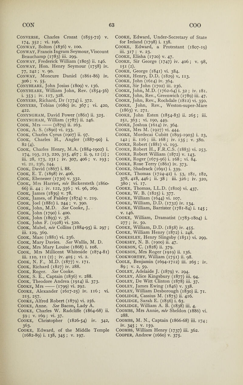 Converse, Charles Crozat (1855-72) v. 174, 352 ; vi. 196. Conway, Bolton (1836) v. 100, Conway, Francis Ingram Seymour, Viscount Beauchamp (1783) hi. 299, Conway, Frederick William (1803) ii. 146. Conway, Hon. Henry Seymour (1758) iv. 77, 242 ; V. 90. Conway, Moncure Daniel (1861-86) iv. 306 ; V. 55. CONYBEARE, John Josias (1809) v. 136. CONYBEARE, William John, Rev. (1854-56) i. 353 ; iv. 117, 328. Conyers, Richard, Dr (1774) i. 372. Conyers, Tobias (1680) iv. 367 ; vi. 420, 422. CONYNGHAM, David Power (1861) ii. 325. CONYNGHAM, William (1787) ii. 246. Cook, Mrs-(1879) ii. 263. Cook, A. S. (1890) vi. 233. Cook, Charles Cyrus (1907) ii. 97. Cook, Charles H., Angler (1887-90) i. 82 (4). Cook, Charles Henry, M.A. (1884-1902) i. 174, 193, 213, 220, 315, 467 ; ii. 9, 12 (2) ; hi. 28, 173, 231 ; iv. 307, 406 ; v. 193 ; vi. 21, 236, 244. Cook, David (1867) i. 88. Cook, E. T. (1898) iv. 406. Cook, Ebenezer (1730) v. 332. Cook, Mrs Harriet, nee Bickersteth (1860- 66) ii. 44 ; iv. 122, 356 ; vi. 96, 269. Cook, James (1839) v. 78. Cook, James, of Paisley (1874) v. 219. Cook, Joel (1881) i. 244 ; v. 390. Cook, John, M.D. See Cooke, J. Cook, John (1790) i. 400. Cook, John (1893) v. 38. Cook, John F. (1928) vi. 320. Cook, Mabel, nee Collins (1884-95) ii- 297 ; hi. 129, 369. Cook, Marc (1881) vi. 236. Cook, Mary Davies. See Wallis, M. D. Cook, Mrs Mary Louise (1868) i. 108. Cook, Mrs Millicent Whiteside (1874-81) hi. no. III (2) ; iv. 405 ; vi. 2. Cook, N. F., M.D. (1877) v. 171. Cook, Richard (1827) iv. 288. Cook, Roger. See Cooke. Cook, S. E., Captain (1836) v. 288. Cook, Theodore Andrea (1914) h. 373. Cooke, Mrs-(1799) vi. 292. Cooke, Alexander (1617-25) iv. 116; vi. 215, 257. Cooke, Alfred Robert (1879) vi. 256. Cooke, Anne. See Bacon, Lady A. Cooke, Charles W. Radclhfe (1864-68) ii. 59 ; V. 169 ; vi. 37. Cooke, Christopher (1826-54) iv. 342, 363. Cooke, Edward, of the Middle Temple (1682-89) i. 138, 345 ; V. 197. Cooke, Edward, Under-Secretary of State for Ireland (1798) i. 138. Cooke, Edward, a Protestant (1807-19) hi. 317 ; V. 23. Cooke, Elisha (1720) v. 47. Cooke, Sir George (1747) iv. 406; v. 98, 151 (2). Cooke, George (1841) vi. 384. Cooke, Henry, D.D. (1829) v. 113. Cooke, John (1614) iv. 364. Cooke, Sir John (1702) hi. 236. Cooke, John, M.D. (1762-64) i. 32 ; iv. 181. Cooke, John, Rev., Greenwich (1789) hi. 47. Cooke, John, Rev., Rochdale (1812) vi. 350. Cooke, John, Rev., Weston-super-Mare (1863) V. 271. Cooke, John Esten (1854-83) ii. 265 ; hi. 251, 363 ; vi. 190, 449. Cooke, Joshua (1614) iv. 364. Cooke, Mrs M. (1927) vi. 444. Cooke, Mordecai Cubitt (1895-1903) i. 23, 142 ; ii. 116 ; hi. 168 ; iv. 135 ; v. 380. Cooke, Robert (1881) vi. 193. Cooke, Robert H., F.R.C.S. (1883) vi. 253. Cooke, Robert William (1872) v. 143. Cooke, Roger (1675-96) i. 168; vi. 84. Cooke, Rose Terry (1861) iv. 373. Cooke, Shadrack (1691) i. 339. Cooke, Thomas (1724-42) i. 53, 181, 182, 378, 418, 446 ; ii. 38 ; hi. 326 ; iv. 320, 380 ; vi. 17. Cooke, Thomas, LL.D. (1810) vi. 437. Cooke, W. B. (1825) i. 377. Cooke, William (1644) vi. 107. Cooke, William, D.D. (1732) iv. 134. Cooke, William, Barrister (1781-84) i. 145 ; V. 146. Cooke, William, Dramatist (1783-1804) i. 277 ; iv. 50. Cooke, William, D.D. (1858) iv. 455. Cooke, William Henry (1872) i. 248. COOKESLEY, Henry Slingsby (1851) vi. 299. Cooksey, N. B. (1900) h. 47. CooKSON, C. (1828) ii. 379. COOKSON, Mrs Roger (1919) ii. 136. Cookworthy, William (1751) ii. 98. COOLE, Benjamin (1694-1712) hi. 265 ; iv. 89 ; V. 2, 59. Cooley, Adelaide J. (1879) v. 294. Cooley, Alice Kingsbury (1877) hi. 94. Cooley, De Witt Clinton (1878) hi. 37. Cooley, James Ewing (1846) v. 338. Cooley, William Desborough (1830) ii. 71. COOLIDGE, Cassius M. (1875) ii- 4i6. COOLIDGE, Sarah E. (1856) i. 63. COOLIDGE, William A. B. (1838) hi. 4. Coombs, Mrs Annie, nee Sheldon (1886) vi. 288. Coombs, M. N., Captain (1866-68) iii. 174; iv. 345; y-. 159- Coombs, William Henry (1737) iii. 362. Cooper, Andrew (1660) v. 375.