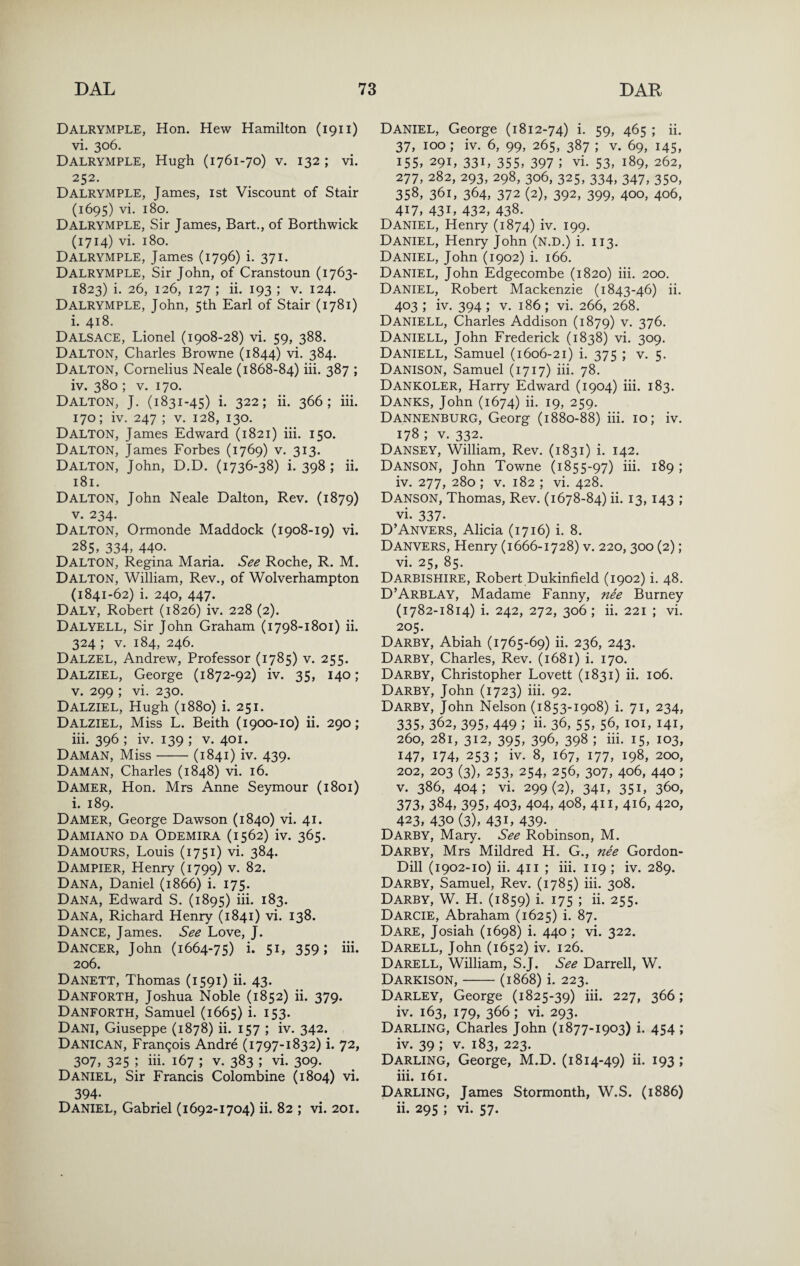 Dalrymple, Hon. Hew Hamilton (1911) vi. 306. Dalrymple, Hugh (1761-70) v. 132 ; vi. 252. Dalrymple, James, ist Viscount of Stair (1695) vi. 180, Dalrymple, Sir James, Bart., of Borthwick (1714) vi. 180. Dalrymple, James (1796) i. 371. Dalrymple, Sir John, of Cranstoun (1763- 1823) i. 26, 126, 127 ; ii. 193 ; v. 124. Dalrymple, John, 5th Earl of Stair (1781) i. 418. DALSACE, Lionel (1908-28) vi. 59, 388. Dalton, Charles Browne (1844) vi. 384. Dalton, Cornelius Neale (1868-84) hi. 387 ; iv. 380 ; V. 170. Dalton, J. (1831-45) i. 322; ii. 366; hi. 170; iv. 247 ; V. 128, 130. Dalton, James Edward (1821) hi. 150. Dalton, James Forbes (1769) v. 313. Dalton, John, D.D. (1736-38) i. 398; ii. 181. Dalton, John Neale Dalton, Rev. (1879) V. 234. Dalton, Ormonde Maddock (1908-19) vi. 285, 334, 440. Dalton, Regina Maria. See Roche, R. M. Dalton, William, Rev., of Wolverhampton (1841-62) i. 240, 447. Daly, Robert (1826) iv. 228 (2). Dalyell, Sir John Graham (1798-1801) ii. 324 ; V. 184, 246. Dalzel, Andrew, Professor (1785) v. 255. Dalziel, George (1872-92) iv. 35, 140; V. 299 ; vi. 230. Dalziel, Hugh (1880) i. 251. Dalziel, Miss L. Beith (1900-10) ii. 290; hi. 396 ; iv. 139 ; v. 401. Daman, Miss-(1841) iv. 439. Daman, Charles (1848) vi. 16. Damer, Hon. Mrs Anne Seymour (1801) i. 189. Damer, George Dawson (1840) vi. 41. Damiano da Odemira (1562) iv. 365. Damours, Louis (1751) vi. 384. Dampier, Henry (1799) v. 82. Dana, Daniel (1866) i. 175. Dana, Edward S. (1895) hi. 183. Dana, Richard Henry (1841) vi. 138. Dance, James. See Love, J. Dancer, John (1664-75) i- 5L 359 5 206. Danett, Thomas (1591) ii. 43. Danforth, Joshua Noble (1852) ii. 379. Danforth, Samuel (1665) i. 153. Dani, Giuseppe (1878) ii. 157 ; iv. 342. Danican, Francois Andre (1797-1832) i. 72, 307, 325 ; ih. 167 ; V. 383 ; vi. 309. Daniel, Sir Francis Colombine (1804) vi. 394. Daniel, Gabriel (1692-1704) ii. 82 ; vi. 201. Daniel, George (1812-74) i- 59, 465 ; ii. 37, 100 ; iv. 6, 99, 265, 387 ; v. 69, 145, 155, 291, 331, 355, 397 ; vi. 53, 189, 262, 277, 282, 293, 298, 306, 325, 334, 347, 350, 358, 361, 364, 372 (2), 392, 399, 400, 406, 417, 431, 432, 438. Daniel, Henry (1874) iv. 199. Daniel, Henry John (n.D.) i. 113. Daniel, John (1902) i. 166. Daniel, John Edgecombe (1820) hi. 200. Daniel, Robert Mackenzie (1843-46) ii. 403 ; iv. 394 ; V. 186 ; vi. 266, 268. Daniell, Charles Addison (1879) v. 376. Daniell, John Frederick (1838) vi. 309. Daniell, Samuel (1606-21) i. 375 ; v. 5. Danison, Samuel (1717) hi. 78. Dankoler, Harry Edward (1904) hi. 183. Danks, John (1674) ii. 19, 259. Dannenburg, Georg (1880-88) hi. 10; iv. 178 ; V. 332. Dansey, William, Rev. (1831) i. 142. Danson, John Towne (1855-97) hi. 189 ; iv. 277, 280 ; V. 182 ; vi. 428. Danson, Thomas, Rev. (1678-84) ii. 13,143 ; vi. 337. D’Anvers, Alicia (1716) i. 8. Danvers, Henry (1666-1728) v. 220, 300 (2); vi. 25, 85. Darbishire, Robert Dukinfield (1902) i. 48. D’Arblay, Madame Fanny, nee Burney (1782-1814) i. 242, 272, 306; ii. 221 ; vi. 205. Darby, Abiah (1765-69) ii. 236, 243. Darby, Charles, Rev. (1681) i. 170. Darby, Christopher Lovett (1831) ii. 106. Darby, John (1723) hi. 92. Darby, John Nelson (1853-1908) i. 71, 234, 335, 362, 395, 449 ; ii. 3^, 55, 5^, loi, 141, 260, 281, 312, 395, 396, 398 ; hi. 15, 103, 147, 174, 253 ; iv. 8, 167, 177, 198, 200, 202, 203 (3), 253, 254, 256, 307, 406, 440; V. 386, 404; vi. 299(2), 341, 351, 360, 373, 384, 395, 403, 404, 408, 411, 416, 420, 423, 430 (3), 431, 439. Darby, Mary. See Robinson, M. Darby, Mrs Mildred H. G., nee Gordon- Dill (1902-10) ii. 411 ; hi. 119 ; iv. 289. Darby, Samuel, Rev. (1785) hi. 308. Darby, W. H. (1859) i. 175 ; ii. 255. Darcie, Abraham (1625) i. 87. Dare, Josiah (1698) i. 440; vi. 322. Darell, John (1652) iv. 126. Darell, William, S.J. See Darrell, W. Darkison,-(1868) i. 223. Darley, George (1825-39) hi. 227, 366; iv. 163, 179, 366 ; vi. 293. Darling, Charles John (1877-1903) i. 454 ; iv. 39 ; V. 183, 223. Darling, George, M.D. (1814-49) ii. 193 ; hi. 161. Darling, James Stormonth, W.S. (1886) ii. 295 ; vi. 57.