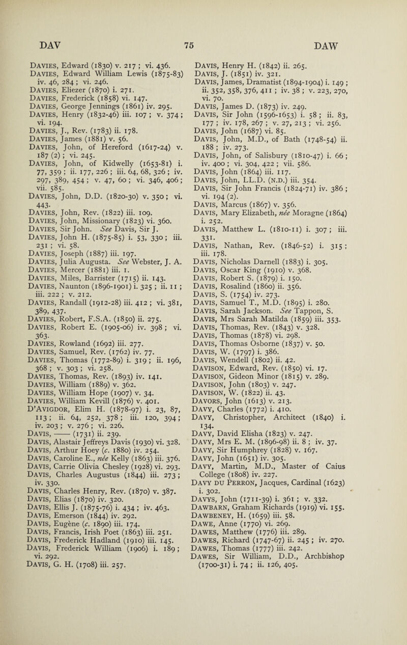 Davies, Edward (1830) v. 217 ; vi. 436. Davies, Edward William Lewis (1875-83) iv. 46, 284 ; vi. 246. Davies, Eliezer (1870) i. 271. Davies, Frederick (1858) vi. 147. Davies, George Jennings (1861) iv. 295. Davies, Henry (1832-46) iii. 107 ; v. 374; vi. 194. Davies, J., Rev. (1783) ii. 178. Davies, James (1881) v. 56. Davies, John, of Hereford (1617-24) v. 187 (2) ; vi. 245. Davies, John, of Kidwelly (1653-81) i. 77, 359 ; ii- I77, 226 ; iii. 64, 68, 326 ; iv. 297, 389, 454 ; V. 47, 60; vi. 346, 406; vii. 585. Davies, John, D.D. (1820-30) v. 350; vi. 443. Davies, John, Rev. (1822) iii. 109. Davies, John, Missionary (1823) vi. 360. Davies, Sir John. See Davis, Sir J. Davies, John H. (1875-85) i. 53, 330; iii. 231 ; vi. 58. Davies, Joseph (1887) iii. 197. Davies, Julia Augusta. See Webster, J. A. Davies, Mercer (1881) iii. i. Davies, Miles, Barrister (1715) ii. 143. Davies, Naunton (1896-1901) i. 325 ; ii. ii ; iii. 222 ; V. 212. Davies, Randall (1912-28) iii. 412 ; vi. 381, 389, 437. Davies, Robert, F.S.A. (1850) ii. 275. Davies, Robert E. (1905-06) iv. 398 ; vi. 363- Davies, Rowland (1692) iii. 277. Davies, Samuel, Rev. (1762) iv. 77. Davies, Thomas (1772-89) i. 319; ii. 196, 368 ; V. 303 ; vi. 258. Davies, Thomas, Rev. (1893) iv. 141. Davies, William (1889) v. 362. Davies, William Hope (1907) v. 34. Davies, William Kevill (1876) v. 401. D’Avigdor, Elim H. (1878-97) i. 23, 87, 113; ii. 64, 252, 378 ; iii. 120, 394; iv. 203 ; V. 276 ; vi. 226. Davis,-(1731) ii- 239- Davis, Alastair Jeffreys Davis (1930) vi. 328. Davis, Arthur Hoey {c. 1880) iv. 254. Davis, Caroline E., nee Kelly (1863) iii. 376, Davis, Carrie Olivia Chesley (1928) vi. 293. Davis, Charles Augustus (1844) iii. 273 ; iv. 330. Davis, Charles Henry, Rev. (1870) v. 387. Davis, Elias (1870) iv. 320. Davis, Ellis J. (1875-76) i. 434 ; iv. 463. Davis, Emerson (1844) iv. 292. Davis, Eugene {c. 1890) iii. 174. Davis, Francis, Irish Poet (1863) iii. 251. Davis, Frederick Hadland (1910) iii. 145. Davis, Frederick William (1906) i. 189; vi. 292. Davis, G. H. (1708) iii. 257. Davis, Henry H. (1842) ii. 265. Davis, J. (1851) iv. 321. Davis, James, Dramatist (1894-1904) i. 149 ; ii; 352,358, 376,411 ; iv. 38 ; V. 223, 270, vi. 70. Davis, James D. (1873) iv. 249. Davis, Sir John (1596-1653) i. 58; ii. 83, 177 ; iv. 178, 267 ; V. 27, 213 ; vi. 256. Davis, John (1687) vi. 85. Davis, John, M.D., of Bath (1748-54) ii. 188 ; iv. 273. Davis, John, of Salisbury (1810-47) i. 66; iv. 400 ; vi. 304, 422 ; vii. 586. Davis, John (1864) iii. 117. Davis, John, LL.D. (n.d.) iii. 354. Davis, Sir John Francis (1824-71) iv. 386 ; vi. 194 (2). Davis, Marcus (1867) v. 356. Davis, Mary Elizabeth, nee Moragne (1864) i. 252. Davis, Matthew L. (1810-11) i. 307; iii. 331. Davis, Nathan, Rev. (1846-52) i. 315 ; iii. 178. Davis, Nicholas Darnell (1883) i. 305. Davis, Oscar King (1910) v. 368. Davis, Robert S. (1879) i- 150- Davis, Rosalind (i860) ii. 356. Davis, S. (1754) iv. 273. Davis, Samuel T., M.D. (1895) i. 280. Davis, Sarah Jackson. See Tappon, S. Davis, Mrs Sarah Matilda (1859) iii. 353. Davis, Thomas, Rev. (1843) v. 328. Davis, Thomas (1878) vi. 298. Davis, Thomas Osborne (1837) v. 50. Davis, W. (1797) i. 386. Davis, Wendell (1802) ii. 42. Davison, Edward, Rev. (1850) vi. 17. Davison, Gideon Minor (1815) v. 289. Davison, John (1803) v. 247. Davison, W. (1822) ii. 43. Davors, John (1613) v. 213. Davy, Charles (1772) i. 410. Davy, Christopher, Architect (1840) i. 134. Davy, David Elisha (1823) v. 247. Davy, Mrs E. M. (1896-98) ii. 8 ; iv. 37. Davy, Sir Humphrey (1828) v. 167. Davy, John (1651) iv. 305. Davy, Martin, M.D., Master of Caius College (1808) iv. 227. Davy du Perron, Jacques, Cardinal (1623) i. 302. Davys, John (1711-39) i. 361 ; v. 332. Dawbarn, Graham Richards (1919) vi. 155. Dawbeney, H. (1659) iii. 58. Dawe, Anne (1770) vi. 269. Dawes, Matthew (1776) iii. 289. Dawes, Richard (1747-67) ii. 245 ; iv. 270. Dawes, Thomas (1777) iii. 242. Dawes, Sir William, D.D., Archbishop (1700-31) i. 74 ; ii. 126, 405.