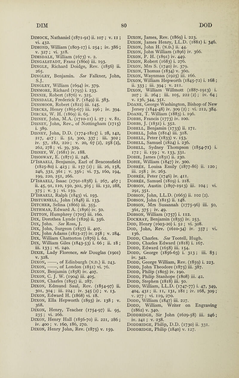 Dimock, Nathaniel (1871-91) ii. 107 ; v. ii ; vi. 432. Dimond, William (1803-17) i. 254 ; iv. 386 ; V. 327 ; vi. 318. Dimsdale, William (1673) v. 2. Dingalstadt, Franz (i860) iii. 193. Dingle, Richard Doidge, Rev. (1856) ii. 265. Dingley, Benjamin. See Falkner, John, S.J. Dingley, William (1694) iv. 379. Dinmore, Richard (1793) i. 233. Dinnie, Robert (1876) v. 325. Dinsdale, Frederick P. (1849) ii. 383. Dinsmoor, Robert (1822) iii. 145. Dircks, Henry (1863-67) iii. 196 ; iv. 394. Dircks, W. H. (1869) ii. 65. Disney, John, M.A. (1710-11) i. 27 ; v. 81. Disney, John, Rev., of Nottingham (1715) i. 389. Disney, John, D.D. (1774-1815) i. 28, 142, 217, 417; ii. 52, 300, 337; iii. 302; iv. 57, 182, 220; V. 20, 67(2), 258(2), 262, 278 ; vi. 39, 329. Disney, W. (1681) iv. 188. Disosway, E. (1871) ii. 248. D’Israeli, Benjamin, Earl of Beaconsfield (1825-80) i. 423 ; ii. 157 (2) ; iii. 26, 158, 246, 332, 361 ; V. 356; vi. 73, 160, 194, 199, 220, 251, 266. D’Israeli, Isaac (1791-1838) i. 267, 467 ; ii. 45, 91, no, 150, 302, 365 ; iii. 132, 288, 375 ; V. 3 ; vi. 159. D’Israeli, Ralph (1843) vi. 193. Disturnell, John (1848) ii. 133. Ditcher, Selina (1866) iii. 355. Dithmar, Edward A. (1896) iv. 50. Ditton, Humphrey (1705) iii. 160. Dix, Dorothea Lynde (1829) ii. 356. Dix, John. See Ross, J. DiX, John, Surgeon (1857) ii. 407. Dix, John Adams (1823-27) iv. 258 ; v. 284. Dix, William Chatterton (1876) i. 62. Dix, William Giles (1843-53) i. 66 ; ii. 18 ; iii. 133 ; vi. 240. Dixie, Lady Florence, nee Douglas (1901) V. 328. Dixon,-, of Edinburgh (n.d.) ii. 243. Dixon,-, of London (1851) vi. 76. Dixon, Benjamin (1858) iv. 407. Dixon, C. J. W. (1904) hi. 405. Dixon, Charles (1895) ii. 287. Dixon, Edmund Saul, Rev. (1854-97) ii. 301, 304 ; iii. 224 ; iv. 345 (2); v. 13. Dixon, Edward H. (1868) vi. 18. Dixon, Ella Hepworth (1893) iv. 138 ; v. 368. Dixon, Henry, Teacher (1754-97) ii. 95, 235 ; vi. 266. Dixon, Henry Hall (1856-70) ii. 221, 286; iv. 400 ; V. 160, 186, 270. Dixon, Henry John, Rev. (1875) v. 159. Dixon, James, Rev. (1869) i. 223. Dixon, James Henry, LL.D. (1881) i. 346. Dixon, John H. (n.d.) ii. 44. Dixon, John William (1896) iv. 366. Dixon, P. H. (1891) iv. 449. Dixon, Robert (1683) i. 276. Dixon, Mrs S. (1740) iv. 379. Dixon, Thomas (1834) v. 360. Dixon, Waynman (1925) iii. 166. Dixon, William Hepworth (1845-72) i. 168 ; ii- 333 j iii- 394 > v. 211. Dixon, William Willmott (1887-1913) i. 207 ; ii. 264 ; iii. 105, 222 (2) ; iv. 64 ; V. 136, 344, 351- Doane, George Washington, Bishop of New Jersey (1844-48) iv. 309 (2) ; vi. 212, 384. Doane, T. William (1883) i. 196. Dobbs, Francis (1773) iv. 100. Dobbs, J. (1831) i. 352. Dobell, Benjamin (1733) ii. 171. Dobell, John (1814) iii. 318. Dobell, Peter (1833) v. 153. Dobell, Samuel (1824) i. 236. Dobell, Sydney Thompson (1854-71) i. 172 ; ii. 159 ; v. 133, 331. Dobie, James (1831) ii. 230. Dobie, William (1847) iv. 300. Dobree, Louisa Emily (1877-86) ii. 120; iii. 258 ; iv. 263. Dobree, Peter (1746) iv. 411. Dobree, Samuel (1819) i. 218. Dobson, Austin (1897-1913) iii. 104; vi. 291, 351- Dobson, John, LL.D. (1663) ii. 102 (2). Dobson, John (1815) ii. 148. Dobson, Mrs Susannah (1775-96) iii. 50, 361, 375 ; iv. 49- Dobson, William (1757) i. 112. Dockray, Benjamin (1835) iv. 253. Dod, Henry (1603-20) i. 52 ; vi. 308. Dod, John, Rev. (1610-34) iv. 357 ; vi. 136. Dodd, Charles. See Tootell, Hugh. Dodd, Charles Edward (1818) i. 167. Dodd, Edward (1658) iii. 154. Dodd, George (1856-63) i. 313 ; iii. 83 ; iv. 342. Dodd, George William, Rev. (1859) i. 223. Dodd, John Theodore (1875) iii. 387. Dodd, Philip (1803) iv. 190. Dodd, Philip Stanhope (1808) iii. 42. Dodd, Stephen (1818) iii. 50. Dodd, William, LL.D. (1747-77) i- 47, 349, 404, 431 ; ii. II, 131, 181 ; iv. 168, 309; V. 277 ; vi. 119, 270. Dodd, William (1847) iii. 227. Dodd, William, Writer on Engraving (1862) V. 340. Doddridge, Sir John (1629-58) iii. 246; iv. 241 ; V. 238. Doddridge, Philip, D.D. (1730) ii. 331. Doddridge, Philip (1840) v. 127.