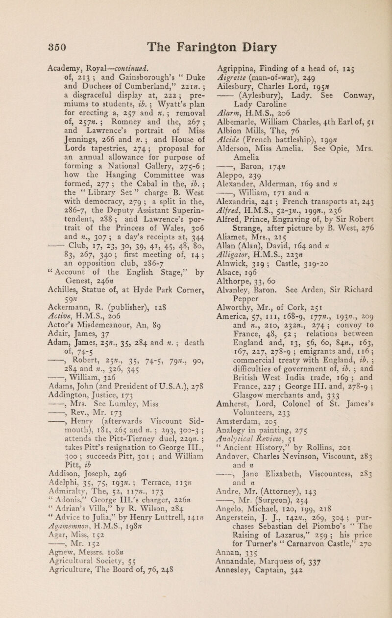Academy, Royal—continued. of, 213 ; and Gainsborough’s “ Duke and Duchess of Cumberland,” 22177. ; a disgraceful display at, 222 ; pre¬ miums to students, ib. ; Wyatt’s plan for erecting a, 257 and n. 5 removal of, 25777. ; Romney and the, 267 5 and Lawrence’s portrait of Miss Jennings, 266 and n. 5 and House of Lords tapestries, 274 ; proposal for an annual allowance for purpose of forming a National Gallery, 275-6 ; how the Hanging Committee was formed, 277 ; the Cabal in the, ib. ; the “ Library Set ” charge B. West with democracy, 279 ; a split in the, 286-7, the Deputy Assistant Superin¬ tendent, 288 ; and Lawrence’s por¬ trait of the Princess of Wales, 306 and 307 ; a day’s receipts at, 344 - Club, 17, 23, 30, 39, 41, 45, 48, 80, 83, 267, 340 ; first meeting of, 14 ; an opposition club, 286-7 “ Account of the English Stage,” by Genest, 2467* Achilles, Statue of, at Hyde Park Corner, S9n Ackermann, R. (publisher), 128 Active, H.M.S., 206 Actor’s Misdemeanour, An, 89 Adair, James, 37 Adam, James, 2577., 35, 284 and n. ; death of, 74-5 -, Robert, 2577., 35, 74-5, 7977., 90, 284 and 77., 326, 345 -, William, 326 Adams, John (2nd President of U.S. A.), 278 Addington, Justice, 173 -, Mrs. See Lumley, Miss -, Rev., Mr. 173 -, Henry (afterwards Viscount Sid- mouth), 181, 265 and n. ; 293, 300-3 ; attends the Pitt-Tierney duel, 22977. ; takes Pitt’s resignation to George III., 300 ; succeeds Pitt, 301 ; and William Pitt, ib Addison, Joseph, 296 Adelphi, 35, 75, 19377.; Terrace, 11377 Admiralty, The, 52, 11777., 173 “ Adonis,” George III.’s charger, 22677 “ Adrian’s Villa,” by R. Wilson, 284 “ Advice to Julia,” by Henry Luttrell, 14177 Agamemnon, H.M.S., 19877 Agar, Miss, 152 -, Mr. 152 Agnew, Messrs. 10877 Agricultural Society, 55 Agriculture, The Board of, 76, 248 Agrippina, Finding of a head of, 125 Aigrette (man-of-war), 249 Ailesbury, Charles Lord, 19577 - (Aylesbury), Lady. See Conway, Lady Caroline Alarm, H.M.S., 206 Albemarle, William Charles, 4th Earl of, 51 Albion Mills, The, 76 Alcide (French battleship), 19977 Alderson, Miss Amelia. See Opie, Mrs. Amelia -, Baron, 17477 Aleppo, 239 Alexander, Alderman, 169 and n —-—, William, 171 and n Alexandria, 241 ; French transports at, 243 Alfred, H.M.S., 52-377., 19977., 236 Alfred, Prince, Engraving of, by Sir Robert Strange, after picture by B. West, 276 Aliamet, Mrs., 215 Allan (Alan), David, 164 and n Alligator, H.M.S., 22377 Alnwick, 319; Castle, 319-20 Alsace, 196 Althorpe, 33, 60 Alvanley, Baron. See Arden, Sir Richard Pepper Alworthy, Mr., of Cork, 251 America, 57, m, 168-9, l77n-i l9Zn-> 2°9 and 77., 210, 23277., 274 ; convoy to France, 48, 52 ; relations between England and, 13, 56, 60, 8477., 163, 167, 227, 278-9 5 emigrants and, 1165 commercial treaty with England, ib. ; difficulties of government of, ib. ; and British West India trade, 169 ; and France, 227 ; George III. and, 278-9 ; Glasgow merchants and, 333 Amherst, Lord, Colonel of St. James’s Volunteers, 233 Amsterdam, 205 Analogy in painting, 275 Analytical Review, 51 “ Ancient History,” by Rollins, 201 Andover, Charles Nevinson, Viscount, 283 and 77 -, Jane Elizabeth, Viscountess, 283 and ?7 Andre, Mr. (Attorney), 143 -, Mr. (Surgeon), 254 Angelo, Michael, 120, 199, 218 Angerstein, J. J., 14277., 269, 304 ; pur¬ chases Sebastian del Piombo’s “ The Raising of Lazarus,” 259 ; his price for Turner’s “ Carnarvon Castle,” 270 Annan, 335 Annandale, Marquess of, 337 Annesley, Captain, 342
