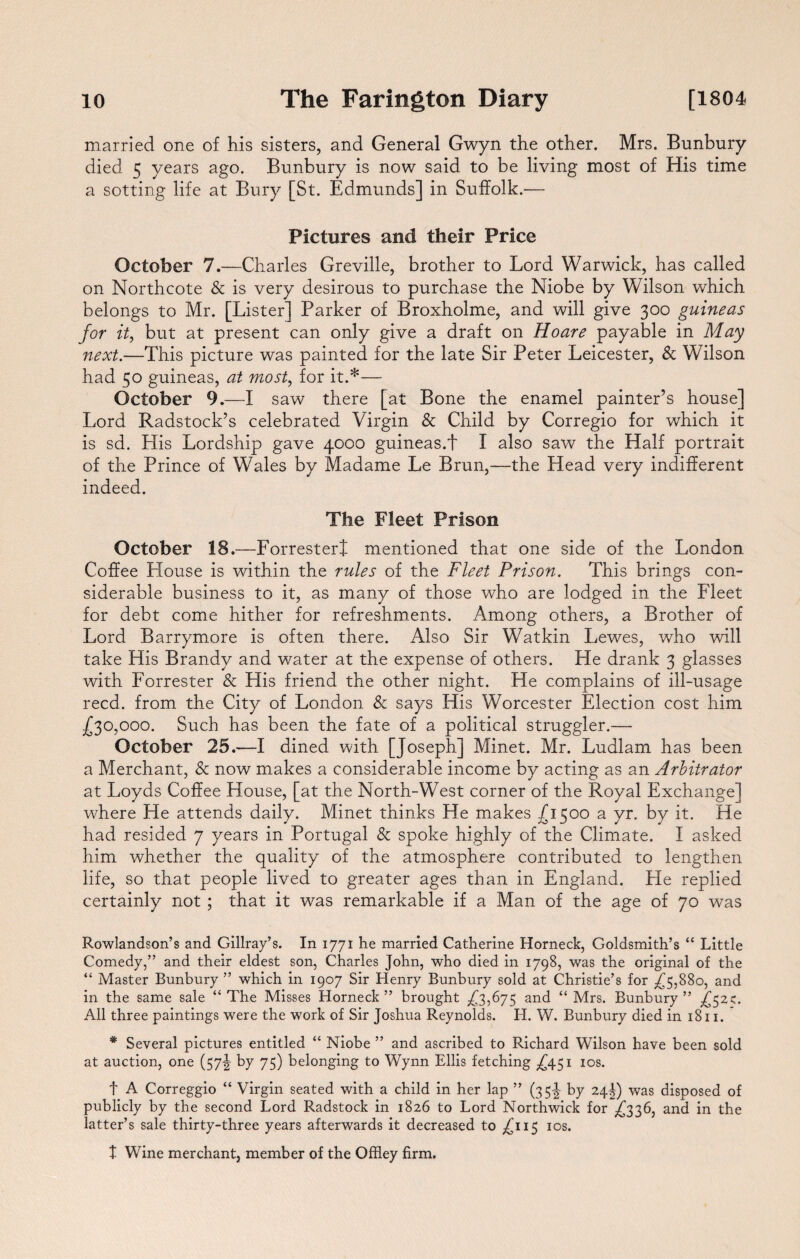 married one of his sisters, and General Gwyn the other. Mrs. Bunbury died 5 years ago. Bunbury is now said to be living most of His time a sotting life at Bury [St. Edmunds] in Suffolk.— Pictures and their Price October 7.—Charles Greville, brother to Lord Warwick, has called on Northcote & is very desirous to purchase the Niobe by Wilson which belongs to Mr. [Lister] Parker of Broxholme, and will give 300 guineas for it, but at present can only give a draft on Hoare payable in May next.—This picture was painted for the late Sir Peter Leicester, & Wilson had 50 guineas, at most, for it.*— October 9.—I saw there [at Bone the enamel painter’s house] Lord Radstock’s celebrated Virgin & Child by Corregio for which it is sd. His Lordship gave 4000 guineas.t I also saw the Half portrait of the Prince of Wales by Madame Le Brun,—the Head very indifferent indeed. The Fleet Prison October 18.—Forrester]; mentioned that one side of the London Coffee House is within the rules of the Fleet Prison. This brings con¬ siderable business to it, as many of those who are lodged in the Fleet for debt come hither for refreshments. Among others, a Brother of Lord Barrymore is often there. Also Sir Watkin Lewes, who will take His Brandy and water at the expense of others. He drank 3 glasses with Forrester & His friend the other night. He complains of ill-usage reed, from the City of London & says His Worcester Election cost him .£30,000. Such has been the fate of a political struggler.— October 25.—I dined with [Joseph] Minet. Mr. Ludlam has been a Merchant, & now makes a considerable income by acting as an Arbitrator at Loyds Coffee House, [at the North-West corner of the Royal Exchange] where He attends daily. Minet thinks He makes £1500 a yr. by it. He had resided 7 years in Portugal & spoke highly of the Climate. I asked him whether the quality of the atmosphere contributed to lengthen life, so that people lived to greater ages than in England. He replied certainly not ; that it was remarkable if a Man of the age of 70 was Rowlandson’s and Gillray’s. In 1771 he married Catherine Horneck, Goldsmith’s “ Little Comedy,” and their eldest son, Charles John, who died in 1798, was the original of the “ Master Bunbury ” which in 1907 Sir Henry Bunbury sold at Christie’s for ,£5,880, and in the same sale “ The Misses Horneck ” brought ,£3,675 and “ Mrs. Bunbury ” All three paintings were the work of Sir Joshua Reynolds. H. W. Bunbury died in 1811. * Several pictures entitled “ Niobe ” and ascribed to Richard Wilson have been sold at auction, one (57^ by 75) belonging to Wynn Ellis fetching .£451 10s. t A Correggio “ Virgin seated with a child in her lap ” (35^ by 24P) was disposed of publicly by the second Lord Radstock in 1826 to Lord Northwick for ,£336, and in the latter’s sale thirty-three years afterwards it decreased to ,£115 10s. X Wine merchant, member of the Offley firm.