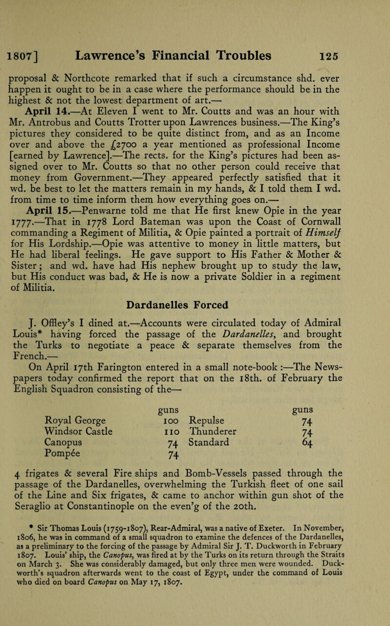 proposal & Northcote remarked that if such a circumstance shd. ever happen it ought to be in a case where the performance should be in the highest & not the lowest department of art.— April 14 .—At Eleven I went to Mr. Coutts and was an hour with Mr. Antrobus and Coutts Trotter upon Lawrences business.—The King’s pictures they considered to be quite distinct from, and as an Income over and above the £2700 a year mentioned as professional Income [earned by Lawrence].—The rects. for the King’s pictures had been as¬ signed over to Mr. Coutts so that no other person could receive that money from Government.—They appeared perfectly satisfied that it wd. be best to let the matters remain in my hands, & I told them I wd. from time to time inform them how everything goes on.— April 15 .—Penwarne told me that He first knew Opie in the year 1777*—That in 1778 Lord Bateman was upon the Coast of Cornwall commanding a Regiment of Militia, & Opie painted a portrait of Himselj for His Lordship.—Opie was attentive to money in little matters, but He had liberal feelings. He gave support to His Father & Mother & Sister; and wd. have had His nephew brought up to study the law, but His conduct was bad, & He is now a private Soldier in a regiment of Militia. Dardanelles Forced J. Offley’s I dined at.—Accounts were circulated today of Admiral Louis* having forced the passage of the Dardanelles, and brought the Turks to negotiate a peace & separate themselves from the French.— On April 17th Farington entered in a small note-book :—The News¬ papers today confirmed the report that on the 18th. of February the English Squadron consisting of the— guns guns Royal George 100 Repulse 74 Windsor Castle no Thunderer 74 Canopus 74 Standard 64 Pompee 74 4 frigates & several Fire ships and Bomb-Vessels passed through the passage of the Dardanelles, overwhelming the Turkish fleet of one sail of the Line and Six frigates, & came to anchor within gun shot of the Seraglio at Constantinople on the even’g of the 20th. * Sir Thomas Louis (1759-1807), Rear-Admiral, was a native of Exeter. In November, 1806, he was in command of a small squadron to examine the defences of the Dardanelles, as a preliminary to the forcing of the passage by Admiral Sir J. T. Duckworth in February 1807. Louis’ ship, the Canopus, was fired at by the Turks on its return through the Straits on March 3. She was considerably damaged, but only three men were wounded. Duck¬ worth’s squadron afterwards went to the coast of Egypt, under the command of Louis who died on board Canopus on May 17, 1807.