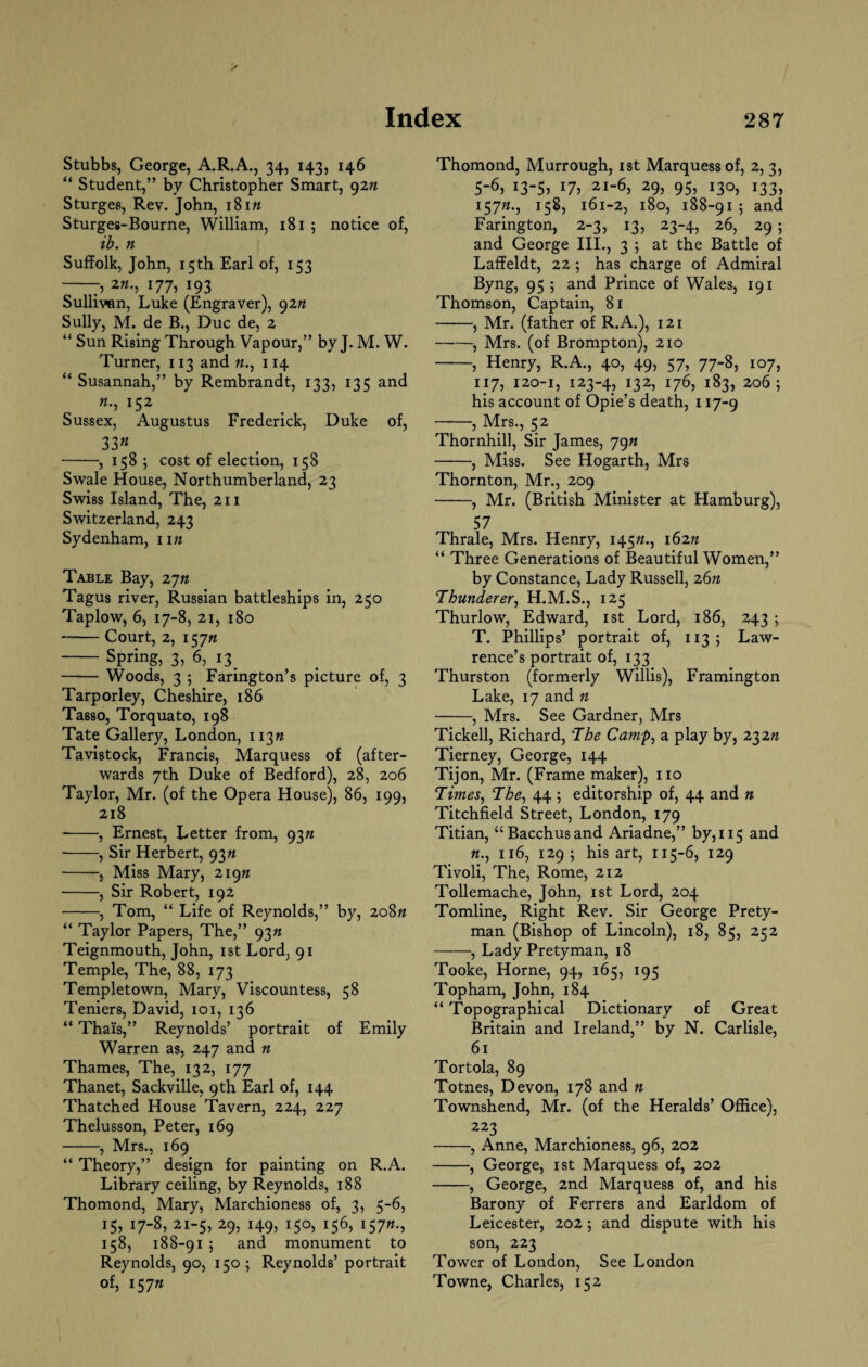 Stubbs, George, A.R.A., 34, 143, 146 “ Student,” by Christopher Smart, 92n Sturges, Rev. John, 18in Sturges-Bourne, William, 181 5 notice of, ib. n Suffolk, John, 15th Earl of, 153 -;> 2«., 177, 193 Sullivan, Luke (Engraver), 92n Sully, M. de B., Due de, 2 “ Sun Rising Through Vapour,” by J. M. W. Turner, 113 and ft., 114 “ Susannah,” by Rembrandt, 133, 135 and 152 Sussex, Augustus Frederick, Duke of, 33« -, 158 5 cost of election, 158 Swale House, Northumberland, 23 Swiss Island, The, 211 Switzerland, 243 Sydenham, 1 m Table Bay, 2yn Tagus river, Russian battleships in, 250 Taplow, 6, 17-8, 21, 180 -Court, 2, 157ft - Spring, 3, 6, 13. -Woods, 3 ; Farington’s picture of, 3 Tarporley, Cheshire, 186 Tasso, Torquato, 198 Tate Gallery, London, 113ft Tavistock, Francis, Marquess of (after¬ wards 7th Duke of Bedford), 28, 206 Taylor, Mr. (of the Opera House), 86, 199, 218 --, Ernest, Letter from, 93n -, Sir Herbert, 93n -, Miss Mary, 219ft -, Sir Robert, 192 -, Tom, “ Life of Reynolds,” by, 208ft “ Taylor Papers, The,” 93/* Teignmouth, John, 1st Lord, 91 Temple, The, 88, 173 Templetown, Mary, Viscountess, 58 Teniers, David, 101, 136 “ Thais,” Reynolds’ portrait of Emily Warren as, 247 and n Thames, The, 132, 177 Thanet, Sackville, 9th Earl of, 144 Thatched House Tavern, 224, 227 Thelusson, Peter, 169 -, Mrs., 169 “ Theory,” design for painting on R.A. Library ceiling, by Reynolds, 188 Thomond, Mary, Marchioness of, 3, 5-6, 15, 17-8, 21-5, 29, 149, 150, 156, 157ft., 158, 188-91 ; and monument to Reynolds, 90, 150; Reynolds’portrait of, 157ft Thomond, Murrough, 1st Marquess of, 2, 3, 5‘6> l3~5, 17> 21-6, 29, 95, 130, 133, r57n; 158, 161-2, 180, 188-91 ; and Farington, 2-3, 13, 23-4, 26, 29; and George III., 3 ; at the Battle of Laffeldt, 22 ; has charge of Admiral Byng, 95 ; and Prince of Wales, 191 Thomson, Captain, 81 -, Mr. (father of R.A.), 121 -, Mrs. (of Brompton), 210 -, Henry, R.A., 40, 49, 57, 77-8, 107, 117, 120-1, 123-4, 132, 176, 183, 206; his account of Opie’s death, 117-9 -, Mrs., 52 Thornhill, Sir James, ygn -, Miss. See Hogarth, Mrs Thornton, Mr., 209 -, Mr. (British Minister at Hamburg), 57 Thrale, Mrs. Henry, 145ft., 162ft “ Three Generations of Beautiful Women,” by Constance, Lady Russell, 26n Thunderer, H.M.S., 125 Thurlow, Edward, 1st Lord, 186, 243 ; T. Phillips’ portrait of, 113 ; Law¬ rence’s portrait of, 133 Thurston (formerly Willis), Framington Lake, 17 and n -, Mrs. See Gardner, Mrs Tickell, Richard, The Camp, a play by, 232n Tierney, George, 144 Tijon, Mr. (Frame maker), no Times, The, 44 ; editorship of, 44 and n Titchfield Street, London, 179 Titian, “Bacchusand Ariadne,” by,n5 and ft., 116, 1295 his art, 115-6, 129 Tivoli, The, Rome, 212 Tollemache, John, 1st Lord, 204 Tomline, Right Rev. Sir George Prety- man (Bishop of Lincoln), 18, 85, 252 -, Lady Pretyman, 18 Tooke, Horne, 94, 165, 195 Top ham, John, 184 “ Topographical Dictionary of Great Britain and Ireland,” by N. Carlisle, 61 Tortola, 89 Totnes, Devon, 178 and n Townshend, Mr. (of the Heralds’ Office), 223 -, Anne, Marchioness, 96, 202 -, George, 1st Marquess of, 202 -, George, 2nd Marquess of, and his Barony of Ferrers and Earldom of Leicester, 202 ; and dispute with his son, 223 Tower of London, See London Towne, Charles, 152