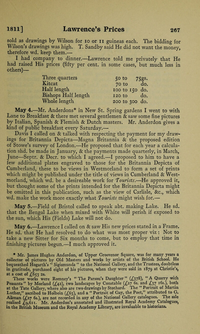 Lawrence’s Prices sold as drawings by Wilson for io or n guineas each. The bidding for Wilson’s drawings was high. T. Sandby said He did not want the money, therefore wd. keep them.— I had company to dinner.—Lawrence told me privately that He had raised His prices (fifty per cent, in some cases, but much less in others)— Three quarters Kitcat Half length Bishops Half length Whole length 50 to 75gs. 70 to do. 100 to 150 do. 120 to do. 200 to 300 do. May 4.—Mr. Anderdons* in New St. Spring gardens I went to with Lane to Breakfast & there met several gentlemen & saw some fine pictures by Italian, Spanish & Flemish & Dutch masters. Mr. Anderdon gives a kind of public breakfast every Saturday.— Davis I called on & talked with respecting the payment for my draw¬ ings for Britannia Depicta—Magna Britannia & the proposed edition of Stowe’s survey of London.—He proposed that for each year a calcula¬ tion shd. be made in January, & the payments made quarterly, in March, June—Septr. & Deer, to which I agreed.—I proposed to him to have a few additional plates engraved to those for the Britannia Depicta of Cumberland, these to be views in Westmorland to form a set of prints which might be published under the title of views in Cumberland & West¬ morland, which wd. be a desireable work for Tourists.—He approved it, but thought some of the prints intended for the Britannia Depicta might be omitted in this publication, such as the view of Carlisle, &c., which wd. make the work more exactly what Tourists might wish for.— May 5.—Field of Bristol called to speak abt. making Lake. He sd. that the Bengal Lake when mixed with White will perish if exposed to the sun, which His (Fields) Lake will not do. May 6.—Lawrence I called on & saw His new prices stated in a Frame. He sd. that He had resolved to do what was most proper viz : Not to take a new Sitter for Six months to come, but to employ that time in finishing pictures begun.—I much approved it. * Mr. James Hughes Anderdon, of Upper Grosvenor Square, was for many years a collector of pictures by Old Masters and works by artists of the British School. He bequeathed Hogarth’s “ Sigismunda ” to the National Gallery, and the Trustees, doubtless in gratitude, purchased eight of his pictures, when they were sold in 1879 at Christie’s, at a cost of £653 2s. These works were Romney’s “ The Parson’s Daughter ” (£37^)j “ A Quarry with Peasants” by Morland (,£42), two landscapes by Constable (£27 6s. and £37 16s.), both at the Tate Gallery, where also are two drawings by Stothard. The “ Portrait of Martin Luther,” ascribed to Holbein (£63), and a “ Portrait of Gay, the Poet,” attributed to G. Aikman (.£27 6s.), are not recorded in any of the National Gallery catalogues. The sale realised £9,611. Mr. Anderdon’s annotated and illustrated Royal Academy Catalogues, in the British Museum and the Royal Academy Library, are invaluable to historians.