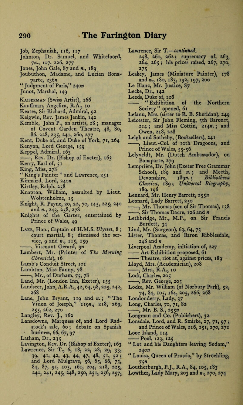 Job, Zephaniah, 116, 117 Johnson, Dr. Samuel, and Whitefoord, 7«., 107, 226, 277 Jones, John Gale, 87 and 189 Joubuthon, Madame, and Lucien Bona¬ parte, 23 6n “ Judgment of Paris,” 240/* Junot, Marshal, 149 Kaiserman (Swiss Artist), 166 Kauffman, Angelica, R.A., 10 Keates, Sir Richard, Admiral, 92 Keigwin, Rev. James Jenkin, 142 Kemble, John P., on artists, 28 ; manager of Covent Garden Theatre, 48, 8o, 86, 228, 235, 241, 260, 277 Kent, Duke of, and Duke of York, 71, 264 Kenyon, Lord George, 159 Keppel, Admiral, 163 -, Rev. Dr. (Bishop of Exeter), 163 Kerry, Earl of, 51 King, Miss, 278 “ King’s Painter” and Lawrence, 251 Kinnaird, Lord, 240/1 Kirtley, Ralph, 258 Knapton, William, assaulted by Lieut. Wolstenholme, 15 Knight, R. Payne, 20, 22, 70, 145, 225, 240 and //., 243, 258, 278 Knights of the Garter, entertained by Prince of Wales, 49 Lake, Hon., Captain of H.M.S. Ulysses, 8 ; court martial, 8 j dismissed the ser¬ vice, 9 and »., 115, 159 -, Viscount Gerard, 9n Lambert, Mr. (Printer of The Morning Chronicle), 16 Lamb’s Conduit Street, 101 Lambton, Miss Fanny, 78 -, Mr., of Durham, 75, 78 Land, Mr. (London Inn, Exeter), 155 Landseer, John, A.R.A., 42, 64, 98, 225, 242, 268 Lane, John Bryant, 119 and n. ; “The Vision of Joseph,” 119/1., 218, 269, 255, 262, 270 Langley, Rev. J., 162 Lansdowne, Marquess of, and Lord Rad- stock’s sale, 60; debate on Spanish business, 66, 67, 97 Latham, Dr., 235 Lavington, Rev. Dr. (Bishop of Exeter), 163 Lawrence, Sir T., 6, 18, 22, 28, 29, 33, 39, 41, 42, 43, 44, 47, 48, 51, 52; and Lord Mulgrave, 56, 65, 66, 73, 84, 87, 91, 105, 161, 204, 218, 225, 240, 241, 245, 248, 250, 251, 256, 257, Lawrence, Sir T.—continued. 258, 260, 262; supremacy of, 263, 264, 265 ; his prices raised, 267, 270, 275 Leakey, James (Miniature Painter), 178 and »., 180, 183, 192, 197, 200 Le Blanc, Mr. Justice, 87 Lecke, Dr., 142 Leeds, Duke of, 126 - “ Exhibition of the Northern Society” opened, 61 Lefanu, Mrs. (sister to R. B. Sheridan), 249 Leicester, Sir John Fleming, 5th Baronet, 214 ; and Miss Cottin, 214n.; and Owen, 218, 228 Leigh and Sotheby, (Booksellers), 241 -, Lieut.-Col. of 10th Dragoons, and Prince of Wales, 55-56 Lelyveldt, Mr. (Dutch Ambassador), on Bonaparte, 279 Lempriere, Dr. John (Exeter Free Grammar School), 189 and n.; and Meeth, Devonshire, 189n. ; Bibliotheca Classica, 189; Universal Biography, 189, 196 Lennard, Mr. Henry Barrett, 255n Leonard, Lady Barrett, 250 -, Mr. Thomas (son of Sir Thomas), 138 -, Sir Thomas Dacre, 126 and n Lethbridge, Mr., M.P., on Sir Francis Burdett, 34 Lind, Mr. (Surgeon), 63, 64, 73 Lister, Thomas, 2nd Baron Ribblesdale, 248 and n Liverpool Academy, initiation of, 227 -Art Exhibition proposed, 61 -Theatre, riot at, against prices, 189 Lloyd, Mrs. (Academician), 208 -, Mrs., R.A., 10 Lock, Charles, 205 -, Rev. George, 205 Locke, Mr. William (of Norbury Park), 52, 74, 84, 105, 164, 205, 266, 268 Londonderry, Lady, 37 Long, Charles, 70, 71, 82 -, Mr. B. S., 255/1 Longman and Co. (Publishers), 32 Lonsdale, Lord, and R. Smirke, 27, 71, 97 ; and Prince of Wales, 216, 251, 270, 271 Looe Island, 114 -Pool, 123, 125 “ Lot and his Daughters leaving Sodom,” 240/1 “ Louisa, Queen of Prussia,” by Stroehling, 75/1 Loutherburgh, P.J., R.A., 84, 105, 183 Lowther, Lady Mary, 203 and 270, 274