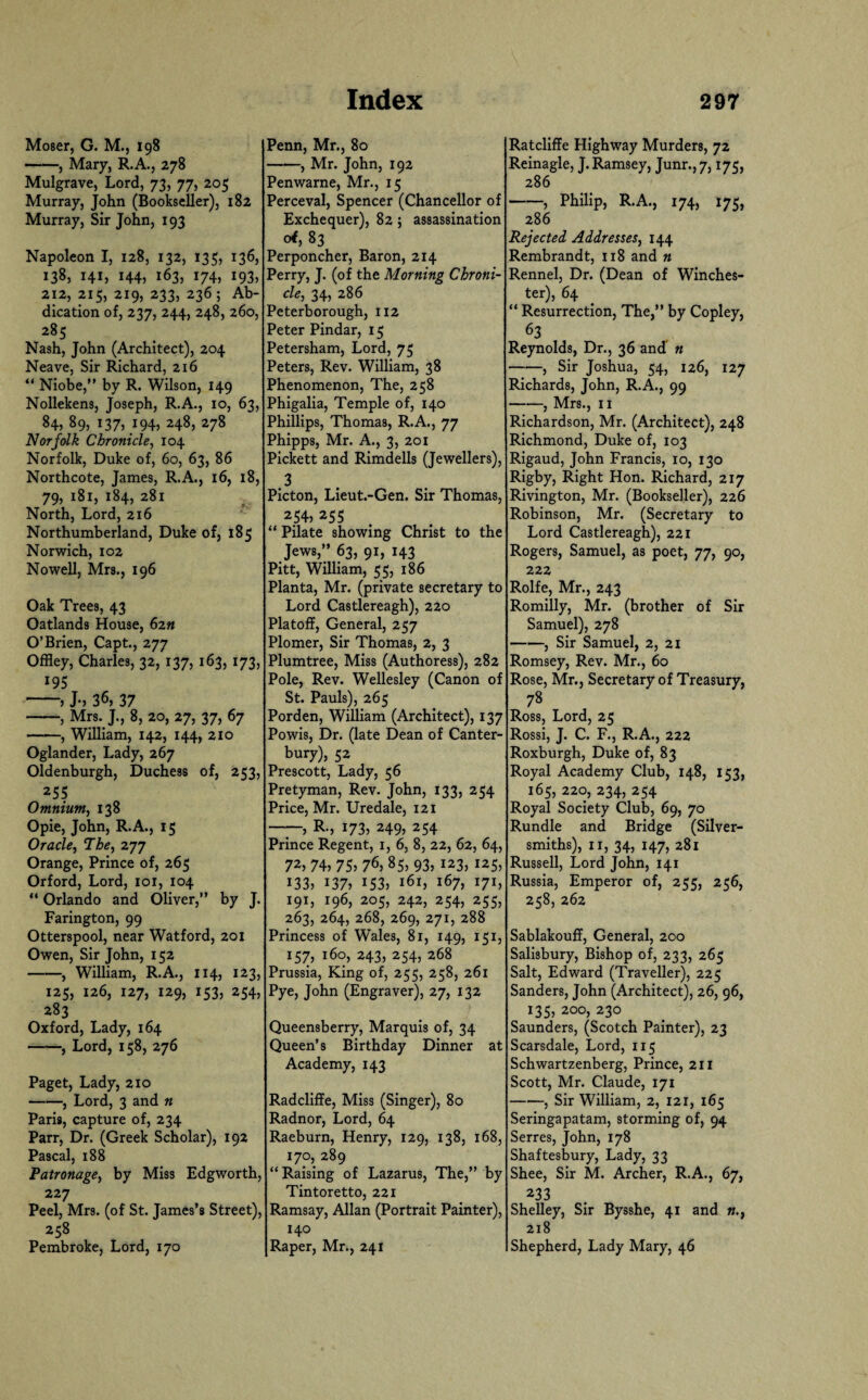 Moser, G. M., 198 -, Mary, R.A., 278 Mulgrave, Lord, 73, 77, 205 Murray, John (Bookseller), 182 Murray, Sir John, 193 Napoleon I, 128, 132, 135, 136, 138, 141, 144, 163, 174, 193, 212, 215, 219, 233, 236 ; Ab¬ dication of, 237, 244, 248, 260, 285 Nash, John (Architect), 204 Neave, Sir Richard, 216 “ Niobe,” by R. Wilson, 149 Nollekens, Joseph, R.A., 10, 63, 84, 89, 137, 194, 248, 278 Norfolk Chronicle, 104 Norfolk, Duke of, 60, 63, 86 Northcote, James, R.A., 16, 18, 79, 181, 184, 281 North, Lord, 216 Northumberland, Duke of, 185 Norwich, 102 Nowell, Mrs., 196 Oak Trees, 43 Oatlands House, 62« O’Brien, Capt., 277 Offley, Charles, 32, 137, 163, 173, 195 -, J-, 36, 37 -, Mrs. J., 8, 20, 27, 37, 67 -, William, 142, 144, 210 Oglander, Lady, 267 Oldenburgh, Duchess of, 253, 255 Omnium, 138 Opie, John, R.A., 15 Oracle, The, 277 Orange, Prince of, 265 Orford, Lord, 101, 104 “ Orlando and Oliver,” by J. Farington, 99 Otterspool, near Watford, 201 Owen, Sir John, 152 -, William, R.A., 114, 123, 125, 126, 127, 129, 153, 254, 283 Oxford, Lady, 164 -, Lord, 158, 276 Paget, Lady, 210 -, Lord, 3 and n Paris, capture of, 234 Parr, Dr. (Greek Scholar), 192 Pascal, 188 Patronage, by Miss Edgworth, 227 Peel, Mrs. (of St. James’s Street), 258 Pembroke, Lord, 170 Penn, Mr., 80 -, Mr. John, 192 Penwarne, Mr., 15 Perceval, Spencer (Chancellor of Exchequer), 82 ; assassination of, 83 Perponcher, Baron, 214 Perry, J. (of the Morning Chroni¬ cle, 34, 286 Peterborough, 112 Peter Pindar, 15 Petersham, Lord, 75 Peters, Rev. William, 38 Phenomenon, The, 258 Phigalia, Temple of, 140 Phillips, Thomas, R.A., 77 Phipps, Mr. A., 3, 201 Pickett and Rimdells (Jewellers), 3 Picton, Lieut.-Gen. Sir Thomas, 254, 255 “ Pilate showing Christ to the Jews,” 63, 91, 143 Pitt, William, 55, 186 Planta, Mr. (private secretary to Lord Castlereagh), 220 Platoff, General, 257 Plomer, Sir Thomas, 2, 3 Plumtree, Miss (Authoress), 282 Pole, Rev. Wellesley (Canon of St. Pauls), 265 Porden, William (Architect), 137 Powis, Dr. (late Dean of Canter¬ bury), 52 Prescott, Lady, 56 Pretyman, Rev. John, 133, 254 Price, Mr. Uredale, 121 —, R., 173, 249, 254 Prince Regent, 1, 6, 8, 22, 62, 64, 774> 75> 76,85, 93, 123, 125, 133, 137, 153, 161, 167, 171, 191, 196, 205, 242, 254, 255, 263, 264, 268, 269, 271, 288 Princess of Wales, 81, 149, 151, 157, 160, 243, 254, 268 Prussia, King of, 255, 258, 261 Pye, John (Engraver), 27, 132 Queensberry, Marquis of, 34 Queen’s Birthday Dinner at Academy, 143 Radcliffe, Miss (Singer), 80 Radnor, Lord, 64 Raeburn, Henry, 129, 138, 168, 170, 289 “ Raising of Lazarus, The,” by Tintoretto, 221 Ramsay, Allan (Portrait Painter), 140 Raper, Mr., 241 Ratcliffe Highway Murders, 72 Reinagle, J. Ramsey, Junr.,7,175, 286 -, Philip, R.A., 174, 175, 286 Rejected Addresses, 144 Rembrandt, 118 and n Rennel, Dr. (Dean of Winches¬ ter), 64 “ Resurrection, The,” by Copley, 63 Reynolds, Dr., 36 and n -, Sir Joshua, 54, 126, 127 Richards, John, R.A., 99 -, Mrs., 11 Richardson, Mr. (Architect), 248 Richmond, Duke of, 103 Rigaud, John Francis, 10, 130 Rigby, Right Hon. Richard, 217 Rivington, Mr. (Bookseller), 226 Robinson, Mr. (Secretary to Lord Castlereagh), 221 Rogers, Samuel, as poet, 77, 90, 222 Rolfe, Mr., 243 Romilly, Mr. (brother of Sir Samuel), 278 -, Sir Samuel, 2, 21 Romsey, Rev. Mr., 60 Rose, Mr., Secretary of Treasury, 78 Ross, Lord, 25 Rossi, J. C. F., R.A., 222 Roxburgh, Duke of, 83 Royal Academy Club, 148, 153, 165, 220, 234, 254 Royal Society Club, 69, 70 Rundle and Bridge (Silver¬ smiths), 11, 34, 147, 281 Russell, Lord John, 141 Russia, Emperor of, 255, 256, 258, 262 Sablakouff, General, 200 Salisbury, Bishop of, 233, 265 Salt, Edward (Traveller), 225 Sanders, John (Architect), 26, 96, 135, 200, 230 Saunders, (Scotch Painter), 23 Scarsdale, Lord, 115 Schwartzenberg, Prince, 211 Scott, Mr. Claude, 171 -, Sir William, 2, 121, 165 Seringapatam, storming of, 94 Serres, John, 178 Shaftesbury, Lady, 33 Shee, Sir M. Archer, R.A., 67, 233 Shelley, Sir Bysshe, 41 and 218 Shepherd, Lady Mary, 46