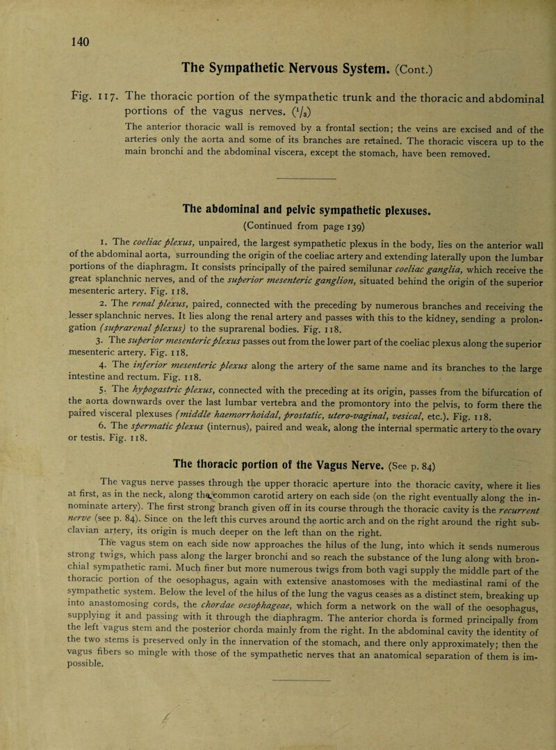The Sympathetic Nervous System. (Cont.) Fig-. 117. The thoracic portion of the sympathetic trunk and the thoracic and abdominal portions of the vagus nerves. (1/3) The anterior thoracic wall is removed by a frontal section; the veins are excised and of the arteries only the aorta and some of its branches are retained. The thoracic viscera up to the main bronchi and the abdominal viscera, except the stomach, have been removed. The abdominal and pelvic sympathetic plexuses. (Continued from page 139) 1. The coeliac plexus, unpaired, the largest sympathetic plexus in the body, lies on the anterior wall of the abdominal aorta, surrounding the origin of the coeliac artery and extending laterally upon the lumbar portions of the diaphragm. It consists principally of the paired semilunar coeliac ganglia, which receive the great splanchnic nerves, and of the superior mesenteric ganglion, situated behind the origin of the superior mesenteric artery. Fig. 118. 2. The renal plexus, paired, connected with the preceding by numerous branches and receiving the lesser splanchnic nerves. It lies along the renal artery and passes with this to the kidney, sending a prolon¬ gation (suprarenalplexus) to the suprarenal bodies. Fig. 118. 3. The superior mesenteric plexus passes out from the lower part of the coeliac plexus along the superior mesenteric artery. Fig. 118. 4. The inferior mesenteric plexus along the artery of the same name and its branches to the large intestine and rectum. Fig. 118. 5. The hypogastric plexus, connected with the preceding at its origin, passes from the bifurcation of the aorta downwards over the last lumbar vertebra and the promontory into the pelvis, to form there the paired visceral plexuses (middle haemorrhoidal, prostatic, utero-vaginal, vesical, etc.). Fig. 118. 6. The spermatic plexus (internus), paired and weak, along the internal spermatic artery to the ovary or testis. Fig. 118. The thoracic portion of the Vagus Nerve. (See p. 84) The vagus nerve passes through the upper thoracic aperture into the thoracic cavity, where it lies at first, as in the neck, along th<tcommon carotid artery on each side (on the right eventually along the in¬ nominate artery). The first strong branch given off in its course through the thoracic cavity is the recurrent nerve (see p. 84). Since on the left this curves around the aortic arch and on the right around the right sub¬ clavian artery, its origin is much deeper on the left than on the right. The vagus stem on each side now approaches the hilus of the lung, into which it sends numerous strong twigs, which pass along the larger bronchi and so reach the substance of the lung along with bron¬ chial sympathetic rami. Much finer but more numerous twigs from both vagi supply the middle part of the thoracic portion of the oesophagus, again with extensive anastomoses with the mediastinal rami of the sympathetic system. Below the level of the hilus of the lung the vagus ceases as a distinct stem, breaking up into anastomosing cords, the chordae oesophageae, which form a network on the wall of the oesophagus, supplying it and passing with it through the diaphragm. The anterior chorda is formed principally from the left vagus stem and the posterior chorda mainly from the right. In the abdominal cavity the identity of the two stems is preserved only in the innervation of the stomach, and there only approximately; then the vagus fibers so mingle with those of the sympathetic nerves that an anatomical separation of them is im¬ possible.