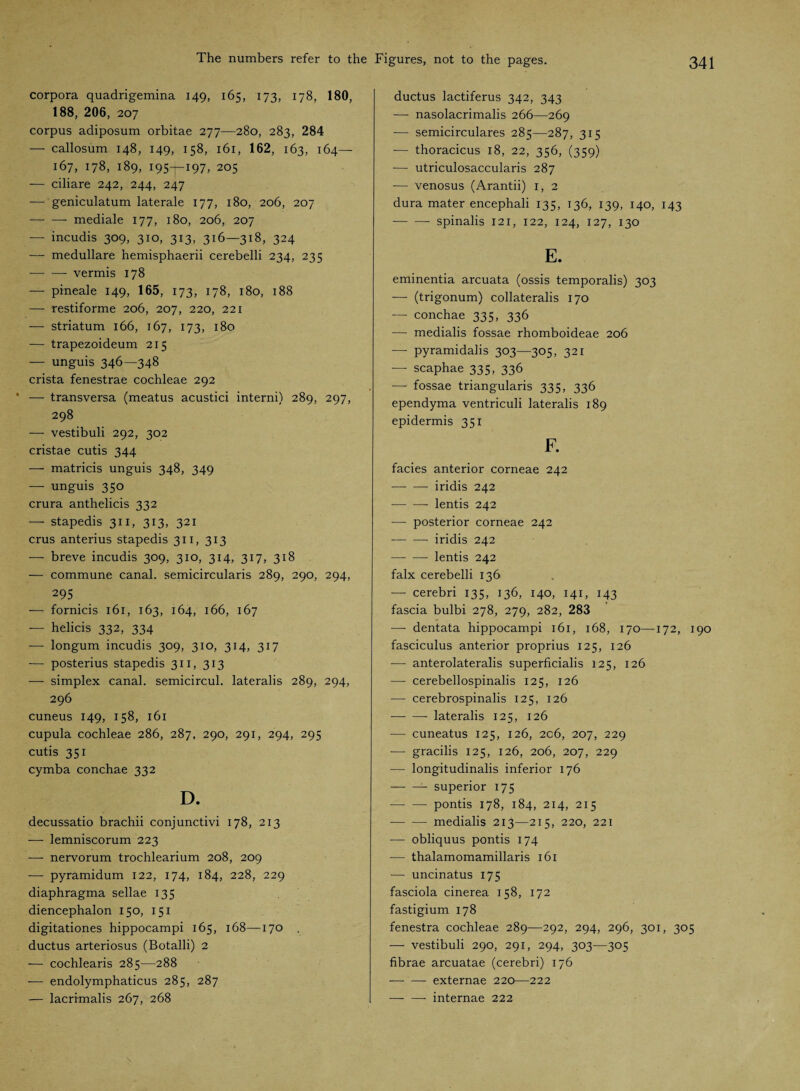 corpora quadrigemina 149, 165, 173, 178, 180, 188, 206, 207 corpus adiposum orbitae 277—280, 283, 284 — callosum 148, 149, 158, 161, 162, 163, 164— 167, 178, 189, 195—197, 205 — ciliare 242, 244, 247 — geniculatum laterale 177, 180, 206, 207 -- mediale 177, 180, 206, 207 — incudis 309, 310, 313, 316—318, 324 ■—- medulläre hemisphaerii cerebelli 234, 235 -vermis 178 — pineale 149, 165, 173, 178, 180, 188 — restiforme 206, 207, 220, 221 — striatum 166, 167, 173, 180 — trapezoideum 215 — unguis 346—348 crista fenestrae cochleae 292 — transversa (meatus acustici interni) 289, 297, 298 — vestibuli 292, 302 cristae cutis 344 — matricis unguis 348, 349 — unguis 350 crura anthelicis 332 — stapedis 311, 313, 321 crus anterius stapedis 311, 313 —- breve incudis 309, 310, 314, 317, 318 -— commune canal, semicircularis 289, 290, 294, 295 — fornicis 161, 163, 164, 166, 167 — helicis 332, 334 — longum incudis 309, 310, 314, 317 — posterius stapedis 311, 313 — simplex canal, semicircul. lateralis 289, 294, 296 cuneus 149, 158, 161 cupula cochleae 286, 287, 290, 291, 294, 295 cutis 351 cymba conchae 332 D. decussatio brachii conjunctivi 178, 213 — lemniscorum 223 — nervorum trochlearium 208, 209 -— pyramidum 122, 174, 184, 228, 229 diaphragma sellae 135 diencephalon 150, 151 digitationes hippocampi 165, 168—170 . ductus arteriosus (Botalli) 2 -— cochlearis 285—288 -—• endolymphaticus 285, 287 — lacrimalis 267, 268 ductus lactiferus 342, 343 — nasolacrimalis 266—269 — semicirculares 285—287, 315 — thoracicus 18, 22, 356, (359) — utriculosaccularis 287 — venosus (Arantii) 1, 2 dura mater encephali 135, 136, 139, 140, 143 --spinalis 121, 122, 124, 127, 130 E. eminentia arcuata (ossis temporalis) 303 — (trigonum) collaterals 170 — conchae 335, 336 — medialis fossae rhomboideae 206 — pyramidalis 303—305, 321 — scaphae 335, 336 — fossae triangularis 335, 336 ependyma ventriculi lateralis 189 epidermis 351 F. facies anterior corneae 242 -—■ — iridis 242 -- lentis 242 — posterior corneae 242 -- iridis 242 -lentis 242 falx cerebelli 136 — cerebri 135, 136, 140, 141, 143 fascia bulbi 278, 279, 282, 283 — dentata hippocampi 161, 168, 170—172, 190 fasciculus anterior proprius 125, 126 — anterolateralis superficialis 125, 126 — cerebellospinalis 125, 126 — cerebrospinalis 125, 126 -- lateralis 125, 126 — cuneatus 125, 126, 2c6, 207, 229 -— gracilis 125, 126, 206, 207, 229 — longitudinalis inferior 176 -- superior 175 -— — pontis 178, 184, 214, 215 -medialis 213—215, 220, 221 —• obliquus pontis 174 — thalamomamillaris 161 -— uncinatus 175 fasciola cinerea 158, 172 fastigium 178 fenestra cochleae 289—292, 294, 296, 301, 305 — vestibuli 290, 291, 294, 303—305 fibrae arcuatae (cerebri) 176 — — externae 220—222 ■—■ — internae 222