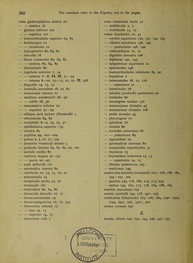 vena gastroepiploica dextra 76 — — sinistra 76 —- glutaea inferior 101 —- —- superior 101 — haemorrhoidalis superior 84, 85 — hemiazygos 22 - accessoria 22 — hypogastrica 80, 84, 85 —• ileocolia 78 —- iliaca communis 80, 84, 85 -- externa 80, 84, 85 — iliolumbalis 80 — jugularis anterior 7, 14 -- externa 6—8, 14, 15, 51—54 — — interna 8—10, 13—15, 20, 22, 72, 328 — lingualis 14, 15, 75 —- lumbalis ascendens 18, 22, 80 — mammaria interna 21 —- mediana antebrachii 28—30 -cubiti 28, 30 — mesenterica inferior 79 -- superior 77—79 — obliqua atrii sinistri (Marshalli) 5 — obturatoria 84, 85 — occipitalis 6—9, 23, 25, 51 — ophthalmica superior 135 — ovarica 85 —- poplitea 99, 102—104 — portae 2, 3, 76, 77, (79) — posterior ventriculi sinistri 5 — pudenda interna 84, 85, 89, 90, 101 — sacralis media 80 — saphena magna 91—93 -- parva 91—93 —- septi pellucidi 167 — spermatica interna 80 — subclavia 10, 13, 15, 20, 22 — submentalis 14 — temporalis media 55, 56 — terminalis 167 —- testicularis 80, 84, 86 — thoracalis lateralis 16, 17 —■ thoracoacromialis 14 —- thoracoepigastrica 16, 17, 355 —- thyreoidea inferior 15 — — ima 14, 15 -- superior 14, 15 — transversa colli 7 vena transversa faciei 51 —- umbilicalis 2, 3 —- vertebralis 13, 25 venae brachiales 26, 33 —- cerebri superiores 136, 137, 140, 145 — ciliares anteriores 248, 249 — — posteriores 248, 249 — costoaxillares 16, 17 — digitales dorsales 108 — diploicae 142, 143 — epigastricae superiores 21 —- episclerales 248 —- haemorrhoidales inferiores 89, 90 —- hepaticae 2 —• intercostales 18, 22, 116 -anteriores 21 —• intestinales 78 — labiales (pudendi) posteriores 90 —- lumbales 80 —- meningeae mediae 136 —- metacarpeae dorsales 45 —■ metatarseae dorsales 108 —- pedis dorsales 45 —• pharyngeae 72 —■ pyloricae 76 — renales 80 — scrotales anteriores 86 -- posteriores 89 — sigmoideae 79 — spermaticae internae 80 — temporales superficiales 51 — thymicae 15 — thyreoideae inferiores 14, 15 -superiores 14, 15 — tibiales posteriores 103 — vorticosae 249 ventriculus lateralis (encephali) 163—166, 188, 189, 195—197, 205 — quartus 149, 178, 180, 214, 215, 234 — tertius 149, 165, 173, 178, 184, 188, 189 venulae maculares 243 vermis cerebelli 149, 178, 332—235 vestibulum (labyrinthi) 285—287, 289, (290—292), (294, 295), 296, (301), 302 vertex corneae 242 z. zonula ciliaris 240, 242, 244, 246, 247, 255 r UNivtwi LIBRARY' '