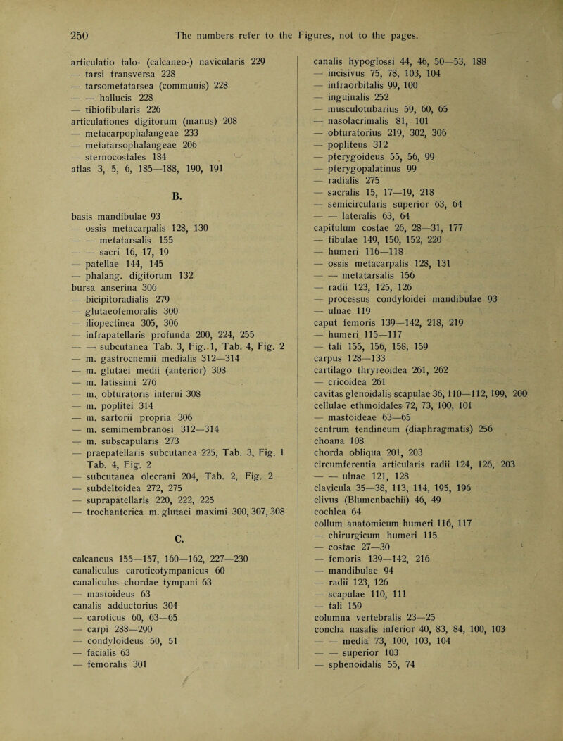 articulatio talo- (calcaneo-) navicularis 229 — tarsi transversa 228 — tarsometatarsea (communis) 228 — — hallucis 228 — tibiofibularis 226 articulationes digitorum (manus) 208 — metacarpophalangeae 233 — metatarsophalangeae 206 — sternocostales 184 atlas 3, 5, 6, 185—188, 190, 191 B. basis mandibulae 93 — ossis metacarpalis 128, .130 — — metatarsalis 155 — — sacri 16, 17, 19 — patellae 144, 145 — phalang. digitorum 132 bursa anserina 306 — bicipitoradialis 279 — glutaeofemoralis 300 — iliopectinea 305, 306 — infrapatellaris profunda 200, 224, 255 — —> subcutanea Tab. 3, Fig..l, Tab. 4, Fig. 2 — m. gastrocnemii medialis 312—314 — m. glutaei medii (anterior) 308 — m. latissimi 276 — m._ obturatoris interni 308 — m. poplitei 314 — m. sartorii propria 306 — m. semimembranosi 312—314 — m. subscapularis 273 — praepatellaris subcutanea 225, Tab. 3, Fig. 1 Tab. 4, Fig'. 2 — subcutanea olecrani 204, Tab. 2, Fig. 2 — subdeltoidea 272, 275 — suprapatellaris 220, 222, 225 — trochanterica m. glutaei maximi 300, 307, 308 C. calcaneus 155—157, 160—162, 227—230 canaliculus caroticotympanicus 60 canaliculus chordae tympani 63 — mastoideus 63 canalis adductorius 304 — caroticus 60, 63—65 — carpi 288—290 — condyloideus 50, 51 — facialis 63 — femoralis 301 canalis hypoglossi 44, 46, 50—53, 188 — incisivus 75, 78, 103, 104 — infraorbitalis 99, 100 — inguinalis 252 — musculotubarius 59, 60, 65 — nasolacrimalis 81, 101 — obturatorius 219, 302, 306 — popliteus 312 — pterygoideus 55, 56, 99 — pterygopalatinus 99 — radialis 275 — sacralis 15, 17—19, 218 — semicircularis superior 63, 64 — — lateralis 63, 64 capitulum costae 26, 28—31, 177 — fibulae 149, 150, 152, 220 — humeri 116—118 — ossis metacarpalis 128, 131 — — metatarsalis 156 — radii 123, 125, 126 — processus condyloidei mandibulae 93 — ulnae 119 caput femoris 139—142, 218, 219 — humeri 115—117 — tali 155, 156, 158, 159 carpus 128—133 cartilago thryreoidea 261, 262 — cricoidea 261 cavitas glenoidalis scapulae 36,110—112,199, 200 cellulae ethmoidales 72, 73, 100, 101 — mastoideae 63—65 centrum tendineum (diaphragmatis) 256 choana 108 chorda obliqua 201, 203 circumferentia articularis radii 124, 126, 203 -ulnae 121, 128 clavicula 35—38, 113, 114, 195, 196 clivus (Blumenbachii) 46, 49 cochlea 64 collum anatomicum humeri 116, 117 — chirurgicum humeri 115 — costae 27—30 — femoris 139—142, 216 — mandibulae 94 — radii 123, 126 — scapulae 110, 111 — tali 159 columna vertebralis 23—25 concha nasalis inferior 40, 83, 84, 100, 103 — — media 73, 100, 103, 104 — — superior 103 — sphenoidalis 55, 74