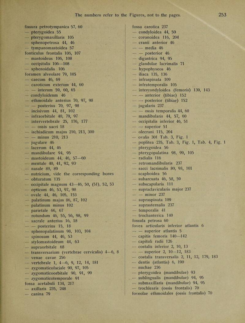 fissura petrotympanica 57, 60 — pterygoidea 55 — pterygomaxiliaris 105 — sphenopetrosa 44, 46 — tympanomastoidea 57 fonticulus frontalis 106, 107 — mastoideus 106, 108 — occipitalis 106—108 — sphenoidalis 106 foramen alveolare 79, 105 — caecum 46, 69 — caroticum exterum 44, 60 — — interum 59, 60, 65 — condyloideum 46 — ethmoidale anterius 70, 97, 98 — — posterius 70, 97, 98 — incisivum 44, 81, 102 — infraorbitale 40, 79, 97 — intervertebrale 25, 176, 177 — — ossis sacri 18 — ischiadicum majus 210, 213, 300 — —- minus 210, 213 — jugulare 46 — lacerum 44, 46 — mandibulare 94, 95 — mastoideum 44, 46, 57—60 — mentale 40, 41, 92, 93 — nasale 88, 89 — nutricium, vide the corresponding bones — obturatum 135 — occipitale magnum 43—46, 50, (51), 52, 53 — opticum 46, 53, 97, 98 — ovale 44, 46, 105, 153 — palatinum majus 86, 87, 102 — palatinum minus 102 — parietale 66, 67 — rotundum 46, 55, 56, 98, 99 — sacrale anterius 16, 18 — — posterius 15, 18 — sphenopalatinum 98, 103, 104 — spinosum 44, 46, 53 — stylomastoideum 44, 63 — supraorbitale 68 — transversarium (vertebrae cervicalis) 4—6, 8 — venae cavae 256 — vertebrale 1, 4—6, 9, 12, 14, 181 — zygomaticofaciale 90, 97, 105 — zygomaticoorbitale 90, 91, 99 — zygomaticotemporale 91 fossa acetabuli 134, 217 — axillaris 235, 248 — canina 79 fossa carotica 237 — condyloidea 44, 50 — coronoidea 116, 204 —- cranii anterior 46 — — media 46 — — posterior 46 — digastrica 94, 95 — glandulae lacrimalis 71 — hypophyseos 46 — iliaca 135, 136 — infraspinata 109 — infratemporalis 105 — intercondyloidea (femoris) 139, 143 — —• anterior (tibiae) 152 — — posterior (tibiae) 152 — jugularis 237 — — ossis temporalis 44, 60 — mandibularis 44, 57, 60 — occipitalis inferior 46, 51 — —■ superior 51 — olecrani 115, 204 — ovalis 301 Tab. 3, Fig. 1 — poplitea 235, Tab. 3, Fig. 1, Tab. 4, Fig. 1 — pterygoidea 56 — pterygopalatina 98, 99, 105 — radialis 116 — retromandibularis 237 — sacci lacrimalis 80, 9S, 101 — scaphoidea 56 — subarcuata 46, 58, 59 — subscapularis 111 — supraclavicularis major 237 -minor 237 — supraspinata 109 — suprasternalis 237 — temporalis 41 — trochanterica 140 fossula petrosa 60 fovea articularis inferior atlantis 6 — — superior atlantis 5 — capitis femoris 140—142 — capituli radii 126 — costalis inferior 2, 10, 13 — — superior 2, 10—12, 183 — costalis transversalis 2, 11, 12, 179, 183 — dentis (atlantis) 6, 190 — nuchae 236 — pterygoidea (mandibulae) 93 — sublingualis (mandibulae) 94, 95 — submaxillaris (mandibulae) 94, 95 — trochlearis (ossis frontalis) 70 foveolae ethmoidales (ossis frontalis) 70