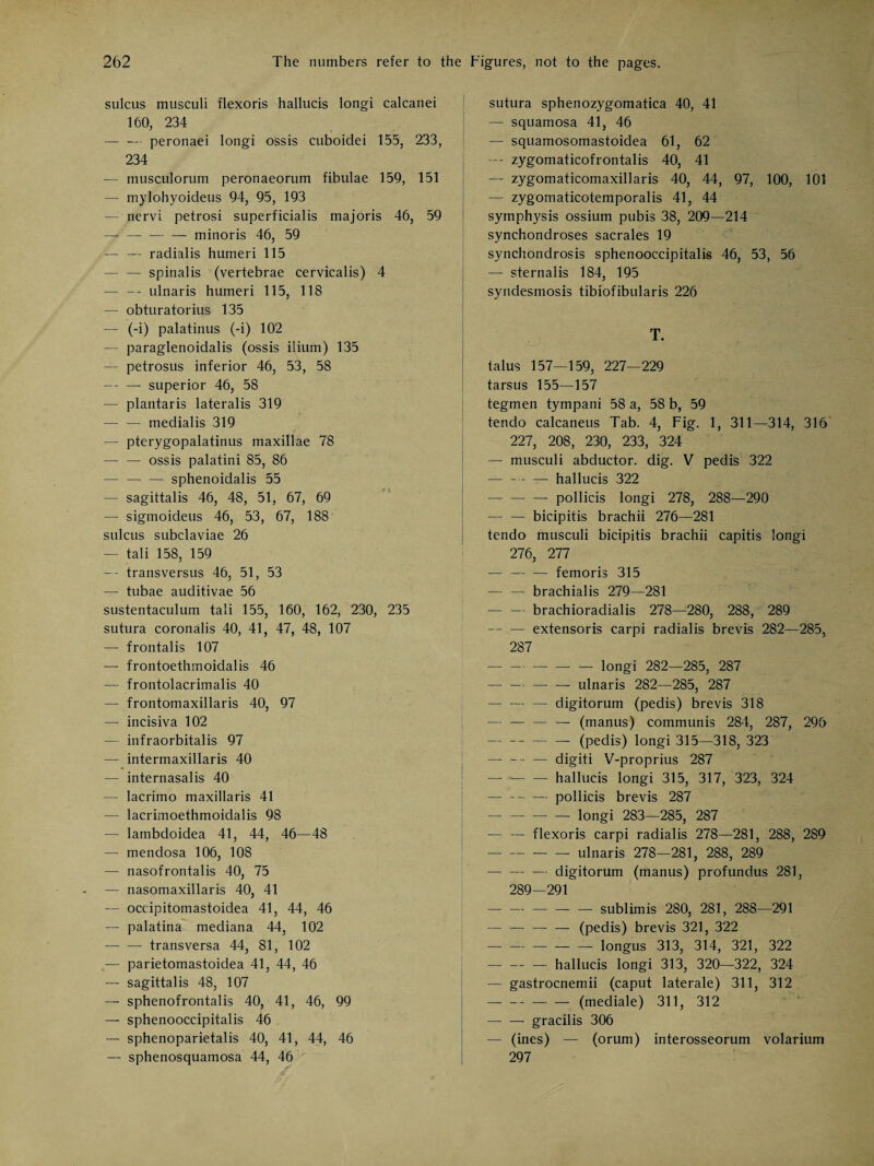 sulcus musculi flexoris hallucis longi calcanei 160, 234 — — peronaei longi ossis cuboidei 155, 233, 234 — musculorum peronaeorum fibulae 159, 151 — mylohyoideus 94, 95, 193 — nervi petrosi superficialis majoris 46, 59 — -minoris 46. 59 — — radialis humeri 115 — — spinalis (vertebrae cervicalis) 4 — — ulnaris humeri 115, 118 — obturatorius 135 — (-i) palatinus (-i) 102 — paraglenoidalis (ossis ilium) 135 — petrosus inferior 46, 53, 58 — —■ superior 46, 58 — plantaris lateralis 319 — — medialis 319 — pterygopalatinus maxillae 78 — — ossis palatini 85, 86 — — — sphenoidalis 55 — sagittalis 46, 48, 51, 67, 69 — sigmoideus 46, 53, 67, 188 sulcus subclaviae 26 — tali 158, 159 — transversus 46, 51, 53 —- tubae auditivae 56 sustentaculum tali 155, 160, 162, 230, 235 sutura coronalis 40, 41, 47, 48, 107 — frontalis 107 — frontoethmoidalis 46 — frontolacrimalis 40 — frontomaxillaris 40, 97 — incisiva 102 — infraorbitalis 97 — intermaxillaris 40 — internasalis 40 — lacrimo maxillaris 41 — lacrimoethmoidalis 98 — lambdoidea 41. 44, 46—48 — mendosa 106, 108 — nasofrontalis 40, 75 — nasomaxillaris 40, 41 — occipitomastoidea 41, 44, 46 — palatina mediana 44, 102 — — transversa 44, 81, 102 — parietomastoidea 41, 44, 46 — sagittalis 48, 107 — sphenofrontalis 40, 41, 46, 99 — sphenooccipitalis 46 — sphenoparietalis 40, 41, 44, 46 — sphenosquamosa 44, 46 sutura sphenozygomatica 40, 41 — squamosa 41, 46 — squamosomastoidea 61, 62 — zygomaticofrontalis 40, 41 — zygomaticomaxillaris 40, 44, 97, 100, 101 — zygomaticotemporalis 41, 44 symphysis ossium pubis 38, 209—214 synchondroses sacrales 19 synchondrosis sphenooccipitalis 46, 53, 56 — sternalis 184, 195 syndesmosis tibiofibularis 226 T. talus 157—159, 227—229 tarsus 155—157 tegmen tympani 58 a, 58 b, 59 tendo calcaneus Tab. 4, Fig. 1, 311—314, 316 227, 208, 230, 233, 324 — musculi abductor, dig. V pedis 322 -— hallucis 322 — — — pollicis longi 278, 288—290 — — bicipitis brachii 276—281 tendo musculi bicipitis brachii capitis longi 276, 277 — — — femoris 315 — — brachialis 279—281 — — brachioradialis 278—280. 288, 289 — — extensoris carpi radialis brevis 282—285. 287 --longi 282—285, 287 --ulnaris 282—285. 287 j — — — digitorum (pedis) brevis 318 — — — — (manus) communis 284, 287, 296 — __ — _ (pedis) longi 315—318, 323 -— digiti V-proprius 287 -hallucis longi 315, 317, 323, 324 — ... — pollicis brevis 287 -longi 283—285, 287 — — flexoris carpi radialis 278—281, 288, 289 --ulnaris 278—281, 288, 289 — — — digitorum (manus) profundus 281, 289—291 -sublim is 280, 281, 288—291 — — — — (pedis) brevis 321, 322 --- longus 313, 314, 321, 322 —- — —- hallucis longi 313, 320—322, 324 — gastrocnemii (caput laterale) 311, 312 — __ — — (mediale) 311, 312 — — gracilis 306 — (ines) — (orum) interosseorum volarium 297