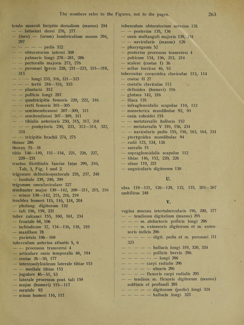 tendo musculi bicipitis dorsalium (manus) 294 — — latissimi dorsi 276. 277 — (ines) — (orum) lumbricalium manus 294. 297 — —-— pedis 322 — — obturatorius interni 308 -- — palmaris longi 278—281, 286 — — pectoralis majoris 273, 276 — peronaei brevis 228, 231—223, 315—318, 313 -— longi 233, 316, 321—323 -tertii 316—318, 323 — — plantaris 312 -pollicis longi 281 — — quadricipitis femoris 220, 222, 316 — — recti femoris 303—305 — — semimembranosi 307—309, 311 — — semitendinosi 307—309, 311 — — tibialis anterioris 230, 315, 317, 318 — — — posterioris 230, 233, 312—314, 322, 324 — — tricipitis brachii 274, 275 thenar 286 thorax 35—38 tibia 146—149, 151—154, 221, 226, 227, 229—231 tractus iliotibialis fasciae latae 299, 310, Tab. 3, Fig. 1 und 2 trigonum deltoideopectorale 235, 237, 248 — lumbale 239, 240, 299 trigonum omoclaviculare 227 trochanter major 139—142, 209—211, 215, 216 — minor 139—142, 215, 216, 219 trochlea humeri 115, 116, 118, 204 — phalang. digitorum 132 — tali 156, 159, 231 tuber calcanei 155, 160, 161, 234 — frontale 68, 106 — ischiadicum 37, 134—136, 138, 210 — maxillare 78 — parietale 106—108 tuberculum anterius atlantis 5, 6 — — processus transversi 4 — articulare ossis temporalis 66, 194 — costae 26—30, 177 — intercondyloideum laterale tibiae 153 — — - mediale tibiae 153 — jugulare 46—51, 53 — laterale processus post, tali 159 — majus (humeri) 115—117 — mentale 92 — minus humeri 116, 117 tuberculum obturatorium anterius 135 — — posterius 135, 136 — ossis multanguli majoris 129, 131 — — navicularis (manus) 129 — pharyngeum 52 — posterius processus transversi 4 — pubicum 134, 136, 213, 214 — scaleni (costae I) 36 — sellae turcicae 46, 53 tuberositas coracoidea claviculae 113, 114 — costae II 27 — costalis claviculae 113 — deltoidea (humeri) 116 — glutaea 142, 216 — iliaca 135 — infraglenoidalis scapulae 110, 112 — masseterica mandibulae 92, 93 — ossis cuboidei 155 — — metatarsalis hallucis 152 — — metatarsalis V 155, 156, 234 — — navicularis pedis 155, 156, 163, 164, 234 — pterygoidea mandibulae 94 — radii 123. 124, 126 — sacralis 15 — supraglenoidalis scapulae 112 — tibiae 146, 152, 220, 226 — ulnae 119. 221 j — unguicularis digitorum 130 U. ulna 119—121, 126—129, 132, 133, 201—207 umbilicus 248 V. vagina mucosa intertubercularis 196, 200, 277 — — tendinum digitalium (manus) 295 — — — m. abductoris pollicis longi 296 — — — m. extensoris digitorum et m. exten- soris indicis 296 — — — — — digit, pedis et m. peronaei III 323 — — — — hallucis longi 319, 320, 324 — —-— pollicis brevis 296 — — — — — — longi 296 — —-carpi radialis 296 — — — — — ulnaris 296 — — — — flexoris carpi radialis 295 — — tendinis m. flexoris digitorum (manus) sublim is et profundi 295 -- —-digitorum (pedis) longi 324 — —-— hallucis longi 323