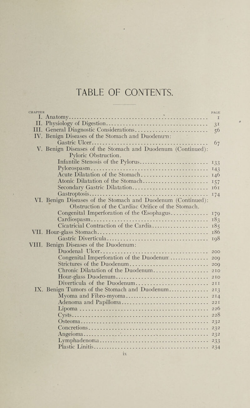 TABLE OF CONTENTS. CHAPTER PAGE I. Anatomy.'. i II. Physiology of Digestion. 31 III. General Diagnostic Considerations. 56 IV. Benign Diseases of the Stomach and Duodenum: Gastric Ulcer. 67 V. Benign Diseases of the Stomach and Duodenum (Continued): Pyloric Obstruction. Infantile Stenosis of the Pylorus. 133 Pylorospasm. 143 Acute Dilatation of the Stomach. 146 Atonic Dilatation of the Stomach. 157 Secondary Gastric Dilatation. 161 Gastroptosis. 174 VI. Benign Diseases of the Stomach and Duodenum (Continued): Obstruction of the Cardiac Orifice of the Stomach. Congenital Imperforation of the (Esophagus. 179 Cardiospasm. 183 Cicatricial Contraction of the Cardia. 185 VII. Hour-glass Stomach. 186 Gastric Diverticula. 198 VIII. Benign Diseases of the Duodenum: Duodenal Ulcer. 200 Congenital Imperforation of the Duodenum. 209 Strictures of the Duodenum. 209 Chronic Dilatation of the Duodenum. 210 Hour-glass Duodenum. 210 Diverticula of the Duodenum. 211 IX. Benign Tumors of the Stomach and Duodenum. 213 Myoma and Fibro-myoma. 214 Adenoma and Papilloma. 221 Lipoma. 226 Cysts. 228 Osteoma. 232 Concretions. 232 Angeioma.'. 232 Lymphadenoma. 233 Plastic Linitis. 234