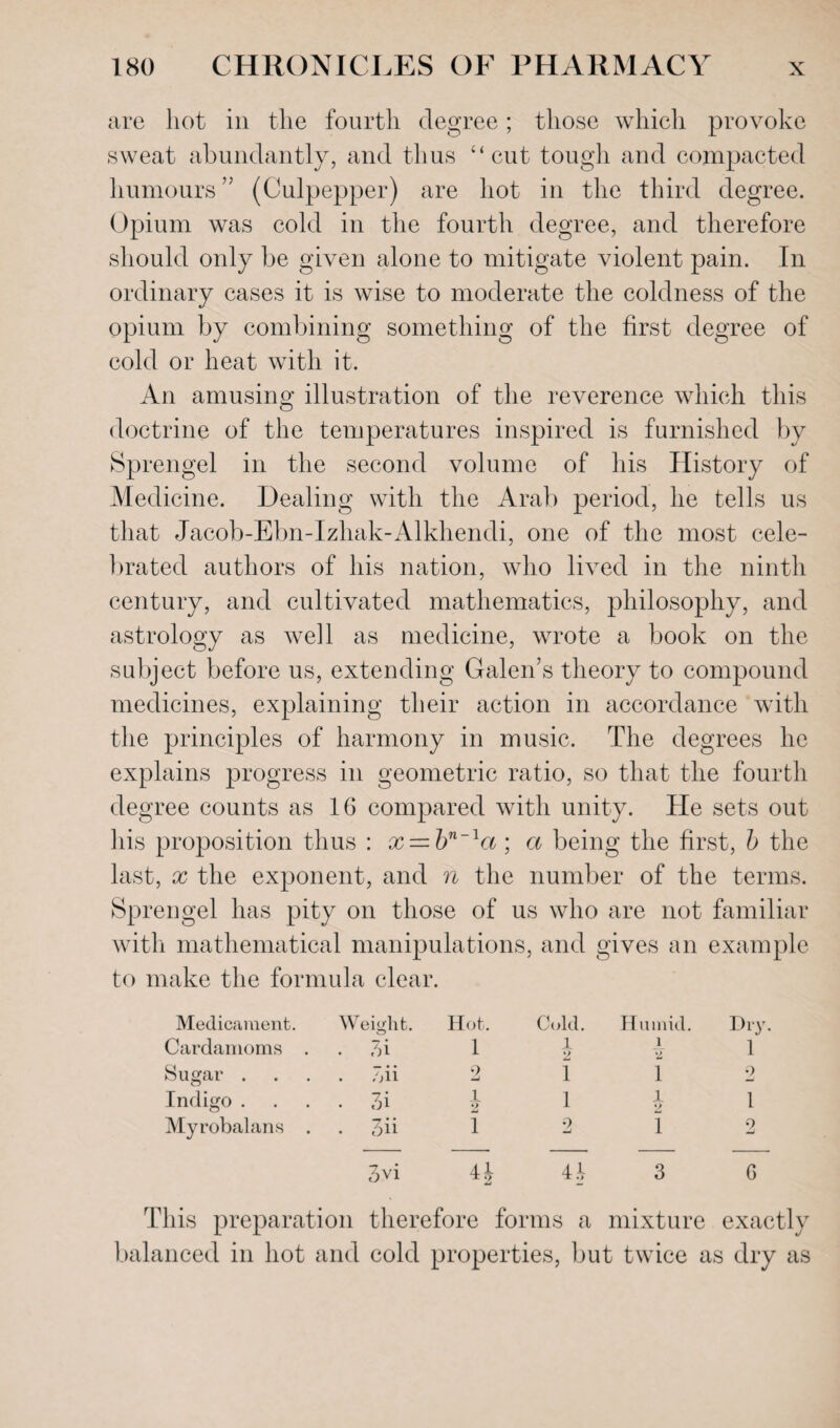 are hot in the fourth degree; those which provoke sweat abundantly, and thus “cut tough and compacted humours ” (Culpepper) are hot in the third degree. Opium was cold in the fourth degree, and therefore should only be given alone to mitigate violent pain. In ordinary cases it is wise to moderate the coldness of the opium by combining something of the first degree of cold or heat with it. An amusing illustration of the reverence which this doctrine of the temperatures inspired is furnished by Sprengel in the second volume of his History of Medicine. Dealing with the Arab period, he tells us that Jacob-Ebn-Izhak-Alkhendi, one of the most cele¬ brated authors of his nation, who lived in the ninth century, and cultivated mathematics, philosophy, and astrology as well as medicine, wrote a book on the subject before us, extending Galen’s theory to compound medicines, explaining their action in accordance with the principles of harmony in music. The degrees he explains progress in geometric ratio, so that the fourth degree counts as 16 compared with unity. He sets out his proposition thus : x = bn~la; a being the first, b the last, x the exponent, and n the number of the terms. Sprengel has pity on those of us who are not familiar with mathematical manipulations, and gives an example to make the formula clear. Medicament. Weight. Hot. Cold. Humid. Thy Cardamoms . . 3i 1 l 9 i o 1 Sugar . 7;ii 2 1 1 2 Indigo . . 3i i 1 1 1 Myrobalans . . 7fii 1 9 1 2 3vi a Ah 3 G This preparation therefore forms a mixture exactly balanced in hot and cold properties, but twice as dry as