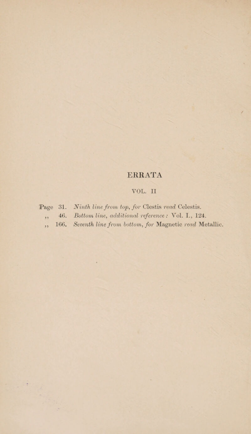 / ERRATA VOL. II Page > 5 ) > 31. 46. 166. Ninth line from top, for Clestis read Celestis. Bottom line, additional reference : Vol. I., 124. Seventh line from bottom, for Magnetic read Metallic.