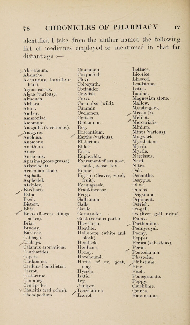 identified I take from the author named the following list of medicines employed or mentioned in that far distant age ;— i Abrotanum. Absinthe. Adiantum (maiden hair). Agnus castus. Algae ( various Almonds. Althaea. Alum. Amber. Ammoniac. Amomum. Anagallis (a veronica). ^Anagyris. Anchusa. Anemone. Anethum. Anise. Anthemis. Aparine (goose grease) Aristolochia. Armenian stone. Asphalt. Asphodel. Atriplex. / Baccharis. ^ Balm. Basil. Bistort. Blite. sr Brass (flowers, filings ashes). Briar. Bryony. Burdock. Cabbage. Cachrys. Calamus aromaticus. Cantharides. Capers. Cardamom. Carduus benedictus. Carrot. Castoreum. Centaury. Centipedes. > Chalcitis (red ochre). Chenopodium. Cinnamon. Cinquefoil. Clove. Colocynth. Coriander. Crayfish. Cress. Cucumber (wild). Cummin. Cyclamen. Cytisus. Dictamnus. Dog. Dracontium. ' Earths (various). Elaterium. Elder. Erica. Euphorbia. Excrement of ass, goat, mule, goose, fox. Fennel. Fig tree (leaves, wood, fruit). F oenugreek. Frankincense. Frogs. Galbanum. Galls. Garlic. , Germander. Goat (various parts). Hawthorn. Heather. Hellebore (white and black). Hemlock. Henbane. Honey. Horehound. Horns of ox, goat, stag. Hyssop. Isatis. Ivy. J uniper. /Laserpitium. Laurel. Lettuce. Licorice. Linseed. Loadstone. Lotus. Lupins. Magnesian stone. Mallow. Mandragora, Mecon (?). ^ Melilot. '■ Mercurialis. Minium. Mints (various). Mugwort. Myrabolans. Myrrh. Myrtle. Narcissus. Nard. Nitre. Oak. Oenanthe. Oesypus. Olive. Onions. Origanum. Orpiment. Ostrich. Ox-gall. Ox (liver, gall, urine). Panax. ^ Parthenium. Pennyroyal. Peony. Pepper. Persea (sebestens). Persil. Peucedanum. Phaseolus. JPhilistium. ''Pine. Pitch. Pomegranate. Poppy. Quicklime. Quince. Ranunculus.