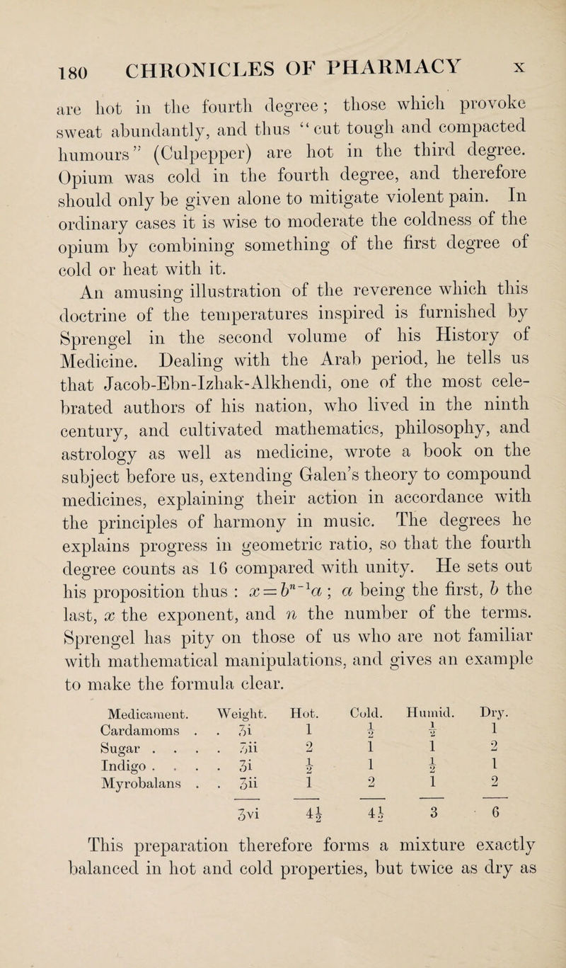 are hot in the fourth degree; those which provoke sweat abundantly, and thus “ cut tough and compacted humours’'' (Culpepper) are hot in the third degree. Opium was cold in the fourth degree, and therefore should only be given alone to mitigate violent pain. In ordinary cases it is wise to moderate the coldness of the opium by combining something of the first degree of cold or heat with it. An amusing illustration of the reverence which this doctrine of the temperatures inspired is furnished by Sprengel in the second volume of his History of Medicine. Dealing with the Arab period, he tells us that Jacob-Ebn-Izhak-Alkhendi, one of the most cele¬ brated authors of his nation, who lived in the ninth century, and cultivated mathematics, philosophy, and astrology as well as medicine, wrote a book on the subject before us, extending Galen’s theory to compound medicines, explaining their action in accordance with the principles of harmony in music. The degrees he explains progress in geometric ratio, so that the fourth degree counts as 16 compared with unity. He sets out his proposition thus : x~bn~1a; a being the first, b the last, x the exponent, and n the number of the terms. Sprengel has pity on those of us who are not familiar with mathematical manipulations, and gives an example to make the formula clear. Medicament. Weight. Hot. Cardamoms . . 7)i 1 Sugar .... 7;ii 2 Indigo . . . . 3i \ Myrobalans 3ii 1 3vi 4J Cold. Humid. Dry. Ill 2 2 1 1 1 2 1 i 1 2 1 2 4 h 3 6 This preparation therefore forms a mixture exactly balanced in hot and cold properties, but twice as dry as