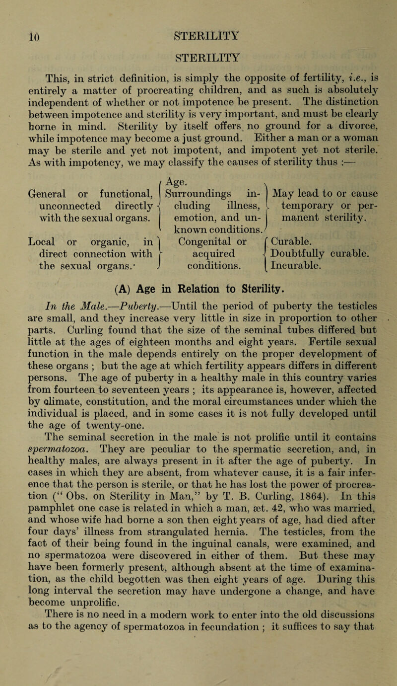 STERILITY This, in strict definition, is simply the opposite of fertility, i.e., is entirely a matter of procreating children, and as such is absolutely independent of whether or not impotence be present. The distinction between impotence and sterility is very important, and must be clearly borne in mind. Sterility by itself offers^ no ground for a divorce, while impotence may become a just ground. Either a man or a woman may be sterile and yet not impotent, and impotent yet not sterile. As with impotency, we may classify the causes of sterility thus :— General or functional, unconnected directly with the sexual organs. Local or organic, in direct connection with the sexual organs.* Age- Surroundings in- May lead to or cause < eluding illness, t temporary or per- emotion, and un- manent sterility. ' known c onditions. > J Congenital or f Curable, r acquired -! Doubtfully curable. ) conditions. Incurable. (A) Age in Relation to Sterility. In the Male.—Puberty.—Until the period of puberty the testicles are small, and they increase very little in size in proportion to other parts. Curling found that the size of the seminal tubes differed but little at the ages of eighteen months and eight years. Fertile sexual function in the male depends entirely on the proper development of these organs ; but the age at which fertility appears differs in different persons. The age of puberty in a healthy male in this country varies from fourteen to seventeen years ; its appearance is, however, affected by alimate, constitution, and the moral circumstances under which the individual is placed, and in some cases it is not fully developed until the age of twenty-one. The seminal secretion in the male is not prolific until it contains spermatozoa. They are peculiar to the spermatic secretion, and, in healthy males, are always present in it after the age of puberty. In cases in which they are absent, from whatever cause, it is a fair infer¬ ence that the person is sterile, or that he has lost the power of procrea¬ tion (“ Obs. on Sterility in Man,” by T. B. Curling, 1864). In this pamphlet one case is related in which a man, set. 42, who was married, and whose wife had borne a son then eight years of age, had died after four days’ illness from strangulated hernia. The testicles, from the fact of their being found in the inguinal canals, were examined, and no spermatozoa were discovered in either of them. But these may have been formerly present, although absent at the time of examina¬ tion, as the child begotten was then eight years of age. During this long interval the secretion may have undergone a change, and have become unprolific. There is no need in a modern work to enter into the old discussions as to the agency of spermatozoa in fecundation ; it suffices to say that