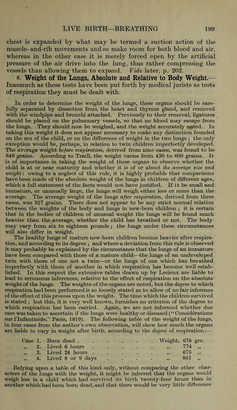 chest is expanded by what may be termed a suction action of the muscle- and-rib movements and so make room for both blood and air, whereas in the other case it is merely forced open by the artificial pressure of the air drive into the lung, thus rather compressing the vessels than allowing them to expand. Vide later, p. 202. 8. Weight of the Lungs, Absolute and Relative to Body Weight — Inasmuch as these tests have been put forth by medical jurists as tests of respiration they must be dealt with. In order to determine the weight of the lungs, these organs should be care¬ fully separated by dissection from, the heart and thymus gland, and removed with the windpipe and bronchi attached. Previously to their removal, ligatures should be placed on the pulmonary vessels, so that no blood may escape from the lungs. They should now be weighed, and the weight accurately noted. In taking this weight it does not appear necessary to make any distinction founded on the sex of the child, or on the difference of weight in the two lungs ; the only exception would be, perhaps, in relation to twin children imperfectly developed. The average weight before respiration, derived from nine cases, was found to be 649 grains. According to Traill, the weight varies from 430 to 600 grains. It is of importance in taking the weight of these organs to observe whether the child is at or near maturity and whether it is of or about the average size and weight: owing to a neglect of this rule, it is highly probable that comparisons have been made of the absolute weight of the lungs in children of different ages, which a full statement of the facts would not have justified. If it be small and immature, or unusually large, the lungs will weigh either less or more than the average. The average weight of the lungs after respiration, derived from three cases, was 927 grains. There does not appear to be any strict normal relation between the weights of the body and lungs in new-born children ; it is certain that in the bodies of children of unusual weight the lungs will be found much heavier than the average, whether the child has breathed or not. The body may vary from six to eighteen pounds ; the lungs under these circumstances will also differ in weight. The healthy lungs of mature new-born children become heavier after respira¬ tion, and according to its degree ; and where a deviation from this rule is observed it may probably be explained by the circumstance that the lungs of an immature have been compared with those of a mature child—the lungs of an undeveloped twin with those of one not a twin-—or the lungs of one which has breathed imperfectly with those of another in which respiration has become well estab¬ lished. In this respect the extensive tables drawn up by Lecieux are liable to lead to erroneous inferences, relative to the effect of respiration on the absolute weight of the lungs. The weights of the organs are noted, but the degree to which respiration had been performed is so loosely stated as to allow of no fair inference of the effect of this process upon the weight. The time which the children survived is stated ; but this, it is very well known, furnishes no criterion of the degree to which respiration has been carried. Again, we are not informed whether due care was taken to ascertain if the lungs were healthy or diseased (“ Considerations sur rinfanticide,” Paris, 1819). The following table of the weight of the lungs, in four cases from the author’s own observation, will show how much the organs are liable to vary in weight after birth, according to the degree of respiration:—• Case 1. Born dead ...... Weight, 678 grs. ,, 2. Lived 6 hours ..... ,, 774 ,, ,, 3. Lived 24 hours ..... ,, 675 ,, ,, 4. Lived 8 or 9 days .... ,, 861 ,, Relying upon a table of this kind only, wuthout comparing the other char¬ acters of the lungs with the weight, it might be inferred that the organs would weigh less in a child which had survived its birth twenty-four hours than in another which had been born dead, and that there would be very little difference