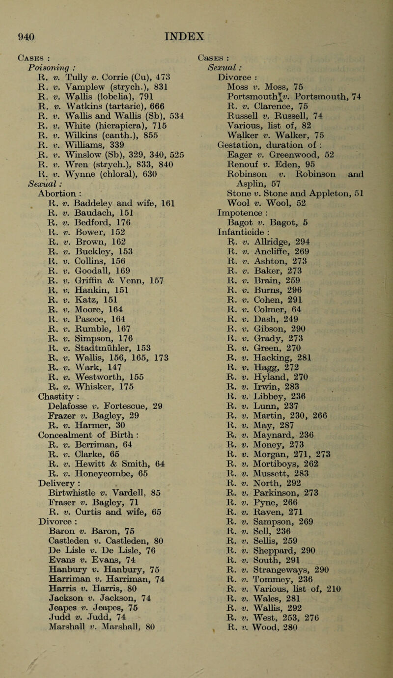 Poisoning : R. v. Tully v. Corrie (Cu), 473 R. v. Vamplew (strych.), 831 R. v. Wallis (lobelia), 791 R. v. Watkins (tartaric), 666 R. v. Wallis and Wallis (Sb), 534 R. v. White (hierapicra), 715 R. v. Wilkins (canth.), 855 R. v. Williams, 339 R. v. Winslow (Sb), 329, 340, 525 R. v. Wren (strych.), 833, 840 R. v. Wynne (chloral), 630 Sexual: Abortion : R. v. Baddeley and wife, 161 R. v. Baudach, 151 R. v. Bedford, 176 R. v. Bower, 152 R. v. Brown, 162 R. v. Buckley, 153 R. v. Collins, 156 R. v. Goodall, 169 R. v. Griffin & Venn, 157 R. v. Hankin, 151 R. v. Katz, 151 R. v. Moore, 164 R. v. Pascoe, 164 R. v. Rumble, 167 R. v. Simpson, 176 R. v. Stadtmuhler, 153 R. v. Walks, 156, 165, 173 R. v. Wark, 147 R. v. Westworth, 155 R. v. Whisker, 175 Chastity : Delafosse v. Fortescue, 29 Frazer v. Bagley, 29 R. v. Harmer, 30 Concealment of Birth : R. v. Berriman, 64 R. v. Clarke, 65 R. v. Hewitt & Smith, 64 R. v. Honeycombe, 65 Delivery : Birtwhistle v. Vardell, 85 Fraser v. Bagley, 71 R. v. Curtis and wife, 65 Divorce : Baron v. Baron, 75 Castleden v. Castleden, 80 De Lisle v. De Lisle, 76 Evans v. Evans, 74 Hanbury v. Hanbury, 75 Harriman v. Harriman, 74 Harris v. Harris, 80 Jackson v. Jackson, 74 Jeapes v. Jeapes, 75 Judd v. Judd, 74 Marshall v. Marshall, 80 CasES : Sexual: Divorce : Moss v. Moss, 75 Portsmouth^. Portsmouth, 74 R. v. Clarence, 75 Russell v. Russell, 74 Various, list of, 82 Walker v. Walker, 75 Gestation, duration of : Eager v. Greenwood, 52 Renouf v. Eden, 95 Robinson v. Robinson and Asplin, 57 Stone v. Stone and Appleton, 51 Wool v. Wool, 52 Impotence : Bagot v. Bagot, 5 Infanticide : R. v. Allridge, 294 R. v. Ancliffe, 269 R. v. Ashton, 273 R. v. Baker, 273 R. v. Brain, 259 R. v. Burns, 296 R. v. Cohen, 291 R. v. Colmer, 64 R. v. Dash, 249 R. v. Gibson, 290 R. v. Grady, 273 R. v. Green, 270 R. v. Hacking, 281 R. v. Hagg, 272 R. v. Hyland, 270 R. v. Irwin, 283 R. v. Libbey, 236 R. v. Lunn, 237 R. v. Martin, 230, 266 R. v. May, 287 R. v. Maynard, 236 R. v. Money, 273 R. v. Morgan, 271, 273 R. v. Mortiboys, 262 R. v. Mussett, 283 R. v. North, 292 R. v. Parkinson, 273 R. v. Pyne, 266 R. v. Raven, 271 R. v. Sampson, 269 R. v. Sell, 236 R. v. Sellis, 259 R. v. Sheppard, 290 R. v. South, 291 R. v. Strange ways, 290 R. v. Tommey, 236 R. v. Various, list of, 210 R. v. Wales, 281 R. v. Wallis, 292 R. v. West, 253, 276 R. v. Wood, 280