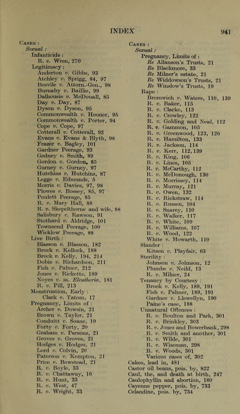 Cases: Sexual: Infanticide : R. v. Wren, 270 Legitimacy: Anderton v. Gibbs, 93 Atchley v. Sprigg, 84, 97 Bosvile v. Attorn.-Gen., 98 Burnaby v. Baillie, 99 Dalhousie v. McDouall, 85 Day v. Day, 87 Dyson v. Dyson, 95 Commonwealth v. Hooner, 95 Commonwealth v. Porter, 94 Cope v. Cope, 97 Cotterall v. Cotterall, 92 Evans v. Evans & Blyth, 98 Frazer v. Bagley, 101 Gardner Peerage, 93 Gedney v. Smith, 89 Gordon v. Gordon, 85 Gurney v. Gurney, 97 Hutchins v. Hutchins, 87 Legge v. Edmunds, 5 Morris v. Davies, 97, 98 Plowes v. Bossey, 85, 97 Poulett Peerage, 85 R. v. Mary Hall, 88 R. v. Skepelthorne and wife, 88 Salisbury v. Rawson, 91 Stothard v. Aldridge, 101 Townsend Peerage, 100 Wicklow Peerage, 88 Live Birth : Blasson v. Blasson, 182 Brock v. Kellock, 188 Brock v. Kelly, 194, 214 Dobie v. Richardson, 211 Fish v. Palmer, 212 Jones v. Ricketts, 189 Noyes v. ss. Eleutheria, 181 R. v. Pill, 213 Menstruation, Early : Clark v. Tatom, 17 Pregnancy, Limits of : Archer v. Dowsin, 21 Brown v. Taylor, 21 Conduitt v. Soane, 19 Forty v. Forty, 20 Graham v. Parsons, 21 Groves v. Groves, 21 Hodges v. Hodges, 21 Lord v. Colvin, 20 Paterson v. Kempton, 21 Price v. Bowstead, 21 R. v. Boyle, 33 R. v. Chattaway, 16 R. v. Hunt, 33 R. v. West, 47 R. v. Wright, 33 Cases: Sexual: Pregnancy, Limits of : Re Allanson’s Trusts, 21 Re Blackmore, 33 Re Milner’s estate, 21 Re Widdowson’s Trusts, 21 Re Winslow’s Trusts, 19 Rape : Bromwich v. Waters, 110, 139 R. v. Baker, 115 R. v. Clarke, 113 R. v. Crowley, 122 R. v. Golding and Neal, 112 R. v. Gammon, 105 R. v. Greenwood, 123, 126 R. v. Hamilton, 133 R. v. Jackson, 114 R. v. Kerr, 112,139 R. v. King, 106 R. v. Lines, 105 R. v. McCarthy, 112 R. v. McDonough, 130 R. v. Morrissey, 114 R. v. Murray, 121 R. v. Owen, 132 R. v. Rickstraw, 114 R. v. Russen, 104 R. v. Snarey, 110 R. v. Walker, 117 R. v. White, 109 R. v. Williams, 107 R. v. Wood, 122 White v. Howarth, 110 Slander : Kitson v. Playfair, 63 Sterility : / Johnson v. Johnson, 12 Plumbe v. Neild, 13 R. v. Milner, 24 Tenancy by Courtesy : Brock v. Kelly, 189, 191 Fish v. Palmer, 189, 191 Gardner v. Llewellyn, 190 Paine’s case, 188 Unnatural Offences : R. v. Boulton and Park, 301 R. v. Brinkley, 303 R. v. Jones and BoWerbank, 298 R. v. Smith and another, 301 R. v. Wilde, 301 R. v. Wiseman, 298 R. v. Woods, 301 Various cases of, 302 Cakes, lead in, 481 Castor oil beans, pois. by, 822 Caul, the, and death at birth, 247 Caulophyllin and abortion, 160 Cayenne pepper, pois. by, 733 Celandine, pois. by, 734