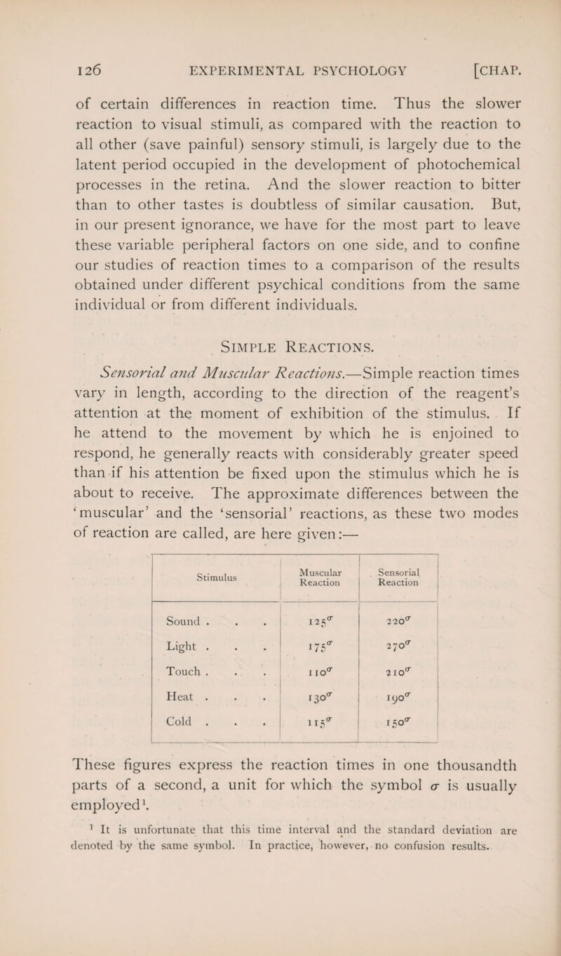 of certain differences in reaction time. Thus the slower reaction to visual stimuli, as compared with the reaction to all other (save painful) sensory stimuli, is largely due to the latent period occupied in the development of photochemical processes in the retina. And the slower reaction to bitter than to other tastes is doubtless of similar causation. But, in our present ignorance, we have for the most part to leave these variable peripheral factors on one side, and to confine our studies of reaction times to a comparison of the results obtained under different psychical conditions from the same individual or from different individuals. Simple Reactions. Sensorial and Muscular Reactions.—Simple reaction times vary in length, according to the direction of the reagent’s attention at the moment of exhibition of the stimulus. If he attend to the movement by which he is enjoined to respond, he generally reacts with considerably greater speed than if his attention be fixed upon the stimulus which he is about to receive. The approximate differences between the 'muscular’ and the ‘sensorial’ reactions, as these two modes of reaction are called, are here given:— Stimulus Muscular Reaction Sensorial Reaction Sound . 125°” 2 20° Light . 175<r b O Touch . 1 ioa 210° Heat . i3o<r Cold i5°a These figures express the reaction times in one thousandth parts of a second, a unit for which the symbol a is usually employed1. 1 It is unfortunate that this time interval and the standard deviation are denoted by the same symbol. In practice, however, no confusion results.